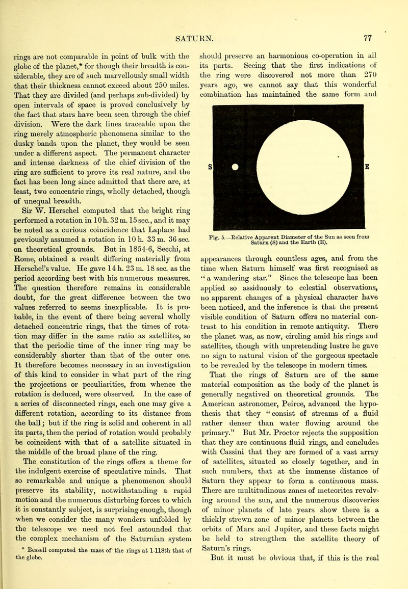 rings are not comparable in point of bulk with the globe of the planet,* for though their breadth is con- siderable, they are of such niai-vellously small width that theii thickness cannot exceed about 250 miles. That they are divided (and perhaps sub-divided) by open intervals of space is proved conclusively by the fact that stars have been seen through the chief division. Were the dark lines traceable upon the ring merely atmospheric phenomena similar to the dusky bands upon the planet, they would be seen under a different aspect. The permanent character and intense darkness of the chief division of the ling are sufficient to prove its I'eal nature, and the fact has been long since admitted that there are, at least, two concentric rings, wholly detached, though of unequal breadth. Sir W. Herschel computed that the bright ring performed a rotation in 10 h. 32 m. 15 sec, and it may be noted as a curious coincidence that Laplace had previously assumed a rotation in 10 h. 33 m. 36 sec. on theoretical grounds. But in 1854-6, Secclii, at Rome, obtained a result differing materially from Herschel's value. He gave 14 h. 23 m. 18 sec. as the period according best with his numerous measures. The question therefore remains in considerable doubt, for the great difference between the two values referred to seems inexplicable. It is pro- bable, in the event of thei-e being several wholly detached concentric rings, that the times of rota- tion may differ in the same ratio as satellites, so that the periodic time of the inner ring may be considerably shoi-ter than that of the outer one. It therefore becomes necessary in an investigation of this kind to consider in what part of the ring the projections or peculiarities, from whence the rotation is deduced, were observed. In the case of a series of disconnected rings, each one may give a different rotation, according to its distance from the ball; but if the ring is solid and coherent in all its parts, then the period of rotation would probably be coincident with that of a satellite situated in the middle of the broad plane of the ring. The constitution of the rings offers a theme for the iiidulgent exercise of speculative minds. That so remarkable and unique a phenomenon should preserve its stability, notwithstanding a rapid motion and the numerous disturbing forces to which it is constantly subject, is surprising enough, though when we consider the many wonders unfolded by the telescope we need not feel astounded that the complex mechanism of the Saturnian system * Bessell computed the mass of the rings at l-118th that of the globe. sliould preserve an hai-monious co-operation in ail its parts. Seeing that the fii-st indications of the ring were discovered not more than 270 years ago, we cannot say that this wonderful combination has maintained the same form and Fig. 5.—Eelative Apparent Diameter of the Sun as seen from Saturn (S) and the Earth (E). appearances through countless ages, and from the time when Saturn himself was ffrst recognised as  a wandering star. Since the telescope has been applied so assiduously to celestial observations, no apparent changes of a physical character have been noticed, and the inference is that the present visible condition of Saturn offers no material con- trast to his condition in remote antiquity. There the planet was, as now, circling amid his rings and satellites, though with unpretending lustre he gave no sign to natural vision of the gorgeous spectacle to be revealed by the telescope in modern times. That the rings of Saturn are of the same material composition as the body of the planet is generally negatived on theoretical grounds. The American astronomer, Peirce, advanced the hypo- thesis that they  consist of streams of a fluid rather denser than water flowing around the primary. But Mr. Proctor rejects the supposition that they are continuous fluid rings, and concludes with Cassini that they are formed of a vast array of satellites, situated so closely together, and in such numbers, that at the immense distance of Saturn they appear to form a contmuous mass. There are multitudinous zones of meteorites revolv- ing around the sun, and the numerous discoveries of minor planets of late years show there is a thickly strewn zone of minor planets between the orbits of Mars and Jupiter, and these facts might be held to strengthen the satellite theory of Saturn's rings. But it must be obvious that, if this is the real