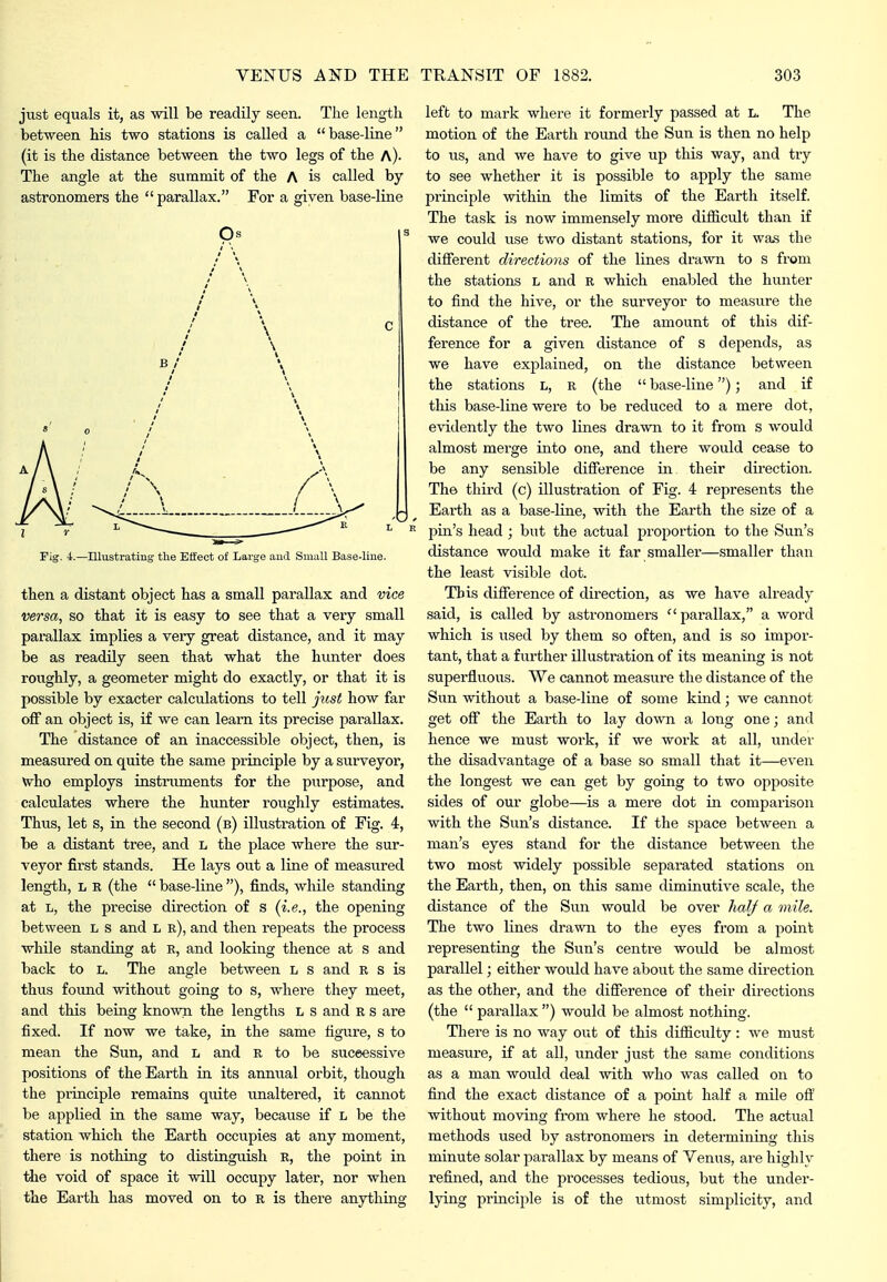 just equals it, as will be readily seen. The length between his two stations is called a base-line (it is the distance between the two legs of the A). The angle at the summit of the A is called by astronomers the parallax. For a given base-line Fig. i.—Illustrating tlie Eifect of Large aud Small Base-line. then a distant object has a small parallax and vice versa, so that it is easy to see that a very small parallax implies a very great distance, and it may be as readily seen that what the hunter does roughly, a geometer might do exactly, or that it is possible by exacter calculations to tell just how far off an object is, if we can learn its precise parallax. The distance of an inaccessible object, then, is measured on quite the same principle by a surveyor, Vv^ho employs instruments for the purpose, and calculates where the hunter roughly estimates. Thus, let s, in the second (b) illustration of Fig. 4, be a distant tree, and l the place where the sur- veyor first stands. He lays out a line of measured length, L R (the  base-line ), finds, while standing at L, the precise direction of s (i.e., the opening between l s and L r), and then repeats the process while standing at r, and looking thence at s and back to L. The angle between l s and r s is thus found without going to s, where they meet, and this being known the lengths L s and R s are fixed. If now we take, in the same fignire, s to mean the Sun, and L and K to be suceessive positions of the Earth in its annual orbit, though the principle remains quite unaltered, it cannot be applied in the same way, because if L be the station which the Earth occupies at any moment, there is nothing to distinguish r, the point in tlie void of space it will occupy later, nor when the Earth has moved on to R is there anything left to mark where it formerly passed at l. The motion of the Earth round the Sun is then no help to us, and we have to give up this way, and try to see whether it is possible to apply the same principle within the limits of the Earth itself. The task is now immensely more difiicult than if we could use two distant stations, for it wa.s the difierent directions of the lines drawn to s from the stations L and R which enabled the hunter to find the hive, or the surveyor to measvxre the distance of the tree. The amount of this dif- ference for a given distance of s depends, as we have explained, on the distance between the stations L, r (the  base-line); and if this base-line were to be reduced to a mere dot, evidently the two lines drawn to it from s would almost merge into one, and there would cease to be any sensible difierence in their direction. The third (c) illustration of Fig. 4 represents the Earth as a base-line, with the Earth the size of a pin's head ; but the actual proportion to the Sun's distance would make it far smaller—smaller than the least visible dot. This difierence of direction, as we have already said, is called by astronomers  parallax, a word which is iTsed by them so often, and is so impor- tant, that a further illusti'ation of its meaning is not superfiuous. We cannot measure the distance of the Sun without a base-line of some kind; we cannot get off the Earth to lay down a long one; and hence we must work, if we work at all, under the disadvantage of a base so small that it—even the longest we can get by going to two opposite sides of our globe—^is a mere dot in comparison with the Sun's distance. If the space between a man's eyes stand for the distance between the two most widely possible separated stations on the Earth, then, on this same diminutive scale, the distance of the Sun would be over half a mile. The two lines drawn to the eyes from a point representing the Sun's centre would be almost parallel; either would have about the same direction as the other, and the difference of their directions (the  parallax ) would be almost nothing. There is no way out of this difficulty : we must measure, if at all, under just the same conditions as a man would deal with who was called on to fijid the exact distance of a point half a mile off without moving from where he stood. The actual methods used by astronomers in determining this minute solar parallax by means of Venus, are highly refined, and the processes tedious, but the under- lying principle is of the utmost simplicity, and