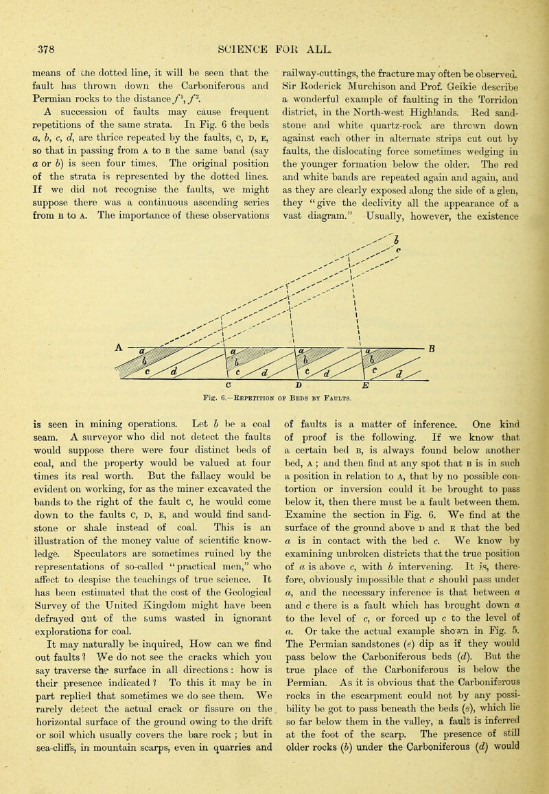 means of the dotted line, it will be seen that the fault has thrown dovm the Carboniferous and Permian rocks to the distance f^,/'. A succession of faults may cause frequent repetitions of the same strata. In Fig. 6 the beds a, b, c, d, are thrice repeated by the faults, c, d, e, so that in passing from A to B the same band (say a or b) is seen four times. The original position of the strata is represented by the dotted lines. If we did not recognise the faults, we might suppose there was a continuous ascending series from B to A. The importance of these observations railway-cuttings, the fracture may often be observed. Sir Roderick Murchison and Prof. Geikie describe a wonderful example of faulting in the Torridon district, in the North-west Highlands. Red sand- stone and white quartz-rock are thrown down against each other in alternate strips cut out by faults, the dislocating force sometimes wedging in the younger formation below the older. The red and white bands are repeated again and again, and as they are clearly exposed along the side of a glen, they give the declivity all the appearance of a vast diagram. Usually, however, the existence C D Fig. 6.—Eepeiition of Beds bt Taults. is seen in mining operations. Let 6 be a coal seam. A surveyor who did not detect the faults would suppose there were four distinct beds of coal, and the property would be valued at four times its real worth. But the fallacy would be evident on working, for as the miner excavated the bands to the right of the fault c, he would come down to the faults c, D, E, and would find sand- stone or shale instead of coal. This is an illustration of the money value of scientific know- ledge. Speculators are sometimes ruined by the representations of so-called practical men, who affect to despise the teachings of true science. It has been estimated that the cost of the Geological Survey of the United Kingdom might have been defrayed out of the sums wasted in ignorant explorations for coal. It may naturally be inquired, How can we find out faults ] We do not see the cracks which you say traverse the surface in all directions : how is their presence indicated ] To this it may be in part replied that sometimes we do see them. We rarely detect the actual crack or fissure on the horizontal surface of the ground owing to the drift or soil which usually covers the bare rock ; but in sea-cliffs, in mountain scarps, even in quarries and of faults is a matter of inference. One kind of proof is the following. If we know that a certain bed b, is always found below another bed, A; and then find at any spot that B is in such a position in relation to A, that by no possible con- tortion or inversion could it be brought to pass below it, then there must be a fault between them. Examine the section in Fig. 6. We find at the surface of the ground above D and E that the bed a is in contact with the bed c. We knoAV by examining unbroken districts that the true position of a is above c, with b intervening. It is, there- fore, obviously impossible that c should pass imdei a, and the necessary inference is that between a and c there is a fault which has brought down a to the level of c, or forced up c to the level of «. Or take the actual example shown in Fig. 5. The Perm.ian sandstones (e) dip as if they would pass below the Carboniferous beds (d). But the true place of the Carboniferous is below the Permian. As it is obvious that the Carboniferous rocks in the escarpment could not by any possi- bility be got to pass beneath the beds (s), which lie so far below them in the valley, a fault is inferred at the foot of the scarp. The presence of still older rocks (6) under the Carboniferous [d) would