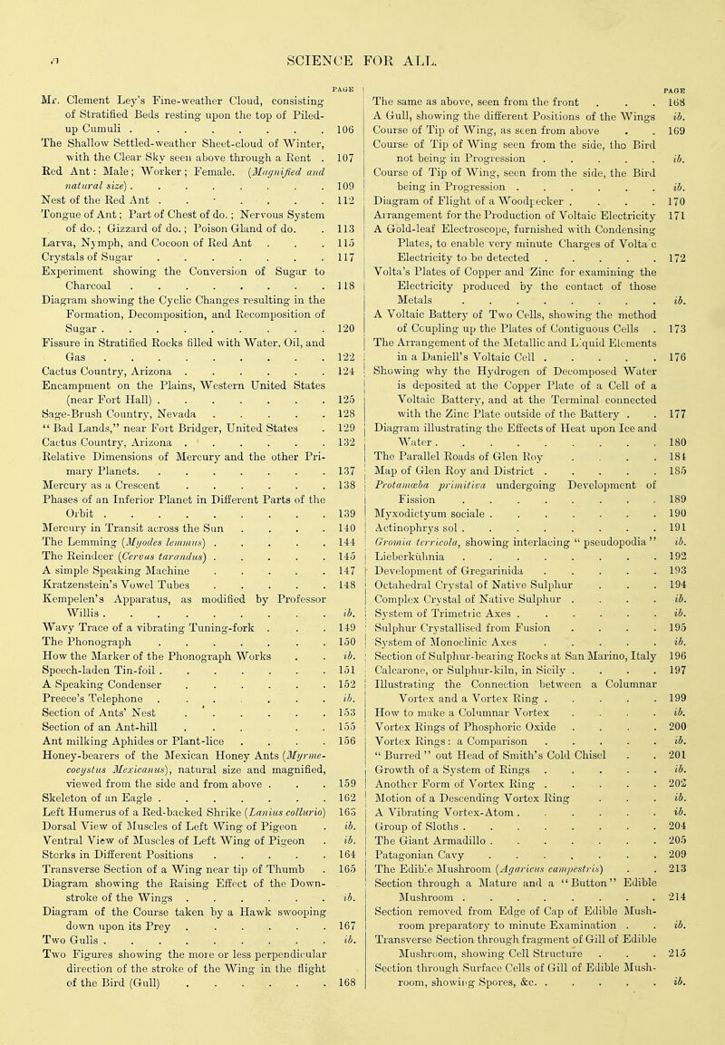 PAGE Mr. Clement Ley's Fine-weather Cloud, consisting- of Stratified Beds resting upon the top of Piled- up Cumuli 106 The Shallow Settled-weather Sheet-cloud of Winter, ■with the Clear Sky seen above through a Rent . 107 Eed Ant: Male; Worker; Female. {Mucjnijied and natural size)........ 109 Nest of the Red Ant ....... 112 Tongue of Ant; Part of Chest of do. ; Nervous System of do.; Gizzard of do.; Poison Gland of do. . 113 Larva, Nymph, and Cocoon of Red Ant . . .115 Crystals of Sugar . . . . . . .117 Experiment showing the Conversion of Sugar to Charcoal 118 Diagi-am showing the Cyclic Changes resulting in the Formation, Decomposition, and Recomposition of Sugar 120 Fissure in Stratified Rocks filled with Water, Oil, and Gas 122 Cactus Country, Arizona . . . . . .124 Encampment on the Plains, Western United States (near Fort Hall) 125 Sage-Brush Country, Nevada ..... 128  Bad Lands, near Fort Bridger, United States . 129 Cactus Country, Arizona . . . . . .132 Relative Dimensions of Mercury and the other Pri- mary Planets. . . . . . . .137 Mercury as a Crescent . . . . . .138 Phases of an Inferior Planet in Different Parts of tlie Orbit 139 IMerciiry in Transit across the Sun .... 140 The Lemming {3Ii/odes lemmiis) ..... 144 The Reindeer {Cervus tarandun) ..... 145 A simjile Speaking Machine . . . . . 147 Kratzenstein's Vowel Tubes ..... 148 Kempelen's Apparatus, as modified by Professor Willis ib. Wavy Trace of a vibrating Tuning-fork . . .149 The Phonograph 150 How the Marker of the Phonograph Works . . ib. Speech-laden Tin-foil 151 A Speaking Condenser ...... 152 Preece's Telephone ....... ib. Section of Ants' Nest . . . . . .153 Section of an Ant-hiU. . . . . . .155 Ant milking Aphides or Plant-lice .... 156 Honey-bearers of the Mexican Honey Ants [Mynne- cocyslus 3Iexicanus), natural size and magnified, viewed from the side and from above . . .159 Skeleton of an Eagle . . . . . . . 162 Left Humerus of a Red-backed Shrike [Lanius coUurio) 165 Dorsal View of jMuscles of Left Wing of Pigeon . ib. Ventral View of Muscles of Left Wing of Pigeon . ib. Storks in Different Positions . . . . .164 Transverse Section of a Wing near tip of Thumb . 165 Diagram showing the Raising Effect of the Down- stroke of the Wings ...... ib. Diagram of the Course taken by a Hawk swooping down upon its Prey . . . . . .167 Two Gulls ib. Two Figures showing the more or less perpendicular direction of the stroke of the Wing in the flight of the Bird (Gull) 168 PAOE The same as above, seen from the front . . . 168 A Gull, showing the diifereut Positions of the Wings ib. Course of Tip of Wing, as seen from above . . 169 Course of Tip of Wing seen from the side, the Bird not being in Progression . . . . . ib. Course of Tip of Wing, seen from the side, the Bird I being in Piogression . . . . . . ib. Diagram of Flight of a Woodpecker .... 170 Arrangement for the Production of Voltaic Electricity 171 A Gold-leaf Electroscope, furnished with Condensing Plates, to enable very minute Charges of Volta'c Electricity to be detected 172 j Volta's Plates of Copper and Zinc for examining the I Electricity produced by the contact of those j Metals ib. I A Voltaic Battery of Two Cells, showing the method I of Coupling up the Plates of Contiguous Cells . 173 I The Arrangement of the Metallic and Liquid Elements i in a Daniell's Voltaic Cell 176 ! Showing why the Hydrogen of Decomposed Water I is deposited at the Copper Plate of a Cell of a j Voltaic Battery, and at the Terminal connected I with the Zinc Plate outside of the Battery . . 177 j Diagram illustrating the Effects of Heat upon Ice and j Water. . ,180 I The Parallel Roads of Glen Roy . . . .184 j Map of Glen Roy and District . . . . .185 I Protainceba priniitiva undergoing Development of i Fission 189 I Myxodictyum sociale ....... 190 I Actinophrys sol . . . . . . . . 191 I Gromia tcrricola, showing interlacing  pseudopodla  ib. j Lieberkiihnia . . . . . . . .192 |- Development of Gregarinida ..... 193 I Octahedral Crystal of Native Sulphur . . . 194 I Complex Crystal of Native Sulphur .... ib. i System of Trimetiic Axes ...... ib. \ Sulphur Crystallised from Fusion .... 195 j System of Monoclinic Axes . . . . . ib. I Section of Sulphur-beaiing Rocks at San Marino, Italy 196 j Calcarone, or Sulphur-kiln, in Sicily .... 197 Illustrating the Connection between a Columnar Vortex and a Vortex Ring . . . . . 199 How to make a Cobimnar Vortex . . . . ib. Vortex Rings of Phosphoric Oxide .... 200 Vortex Rings : a Comparison ..... iA.  Burred  out Head of Smith's Cold Chisel . . 201 j Growth of a System of Rings ..... *5. I Another Form of Vortex Ring ..... 202 ! Motion of a Descending Vortex Ring . . . ib. I A Vibrating Vortex-Atom. . . . . . ib. I Group of Sloths . . . . . . . .204 i The Giant Armadillo . . . . . . .205 I Patagonian Cavy 209 j The Edible Mushroom [Agaricus cainpestris) . . 213 1 Section through a Mature and a Button Edible Mushroom ........ 214 Section removed from Edge of Cap of Edible Mush- room preparator}' to minute Examination . . ib. Transverse Section through fragment of Gill of Edible Mushroom, showing Cell Structure . . .215 Section through Surface Cells of Gill of Edible Mush- room, showing Spores, &c. ..... t4.