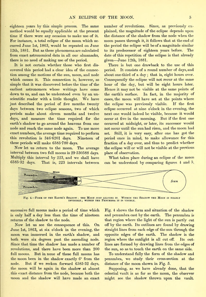 eighteen years by this simple process. The same method would be equally applicable at the present time if there were any occasion to make use of it. For instance, a total eclipse of the moon which oc- curred June 1st, 1863, would be repeated on June 12th, 1881. But as these phenomena are calculated from exact astronomical data in all our almanacks, there is no need of making use of the period. It is not certain whether those who first dis- covered this period had a clear idea of the connec- tion among the motions of the sun, moon, and node which causes it. This connection is, however, so simple that it was discovered before the time of the earliest astronomers whose writings have come down to us, and can be understood even by an un- scientific reader with a little thought. We have just described the period of five months twenty days between two eclipse seasons, two of which periods make about eleven months and twelve days, and measure the time required for the earth's shadow to go around the heavens from one node and reach the same node again. To use more exact numbers, the average time required to perform this revolution is 346-6201 days. Nineteen of these periods will make 6585-780 days. Now let us return to the moon. The average interval between two full moons is 29-530588 days. Multiply this interval by 223, and we shall have 6585-32 days. That is, 223 intervals between number of revolutions. Since, as previously ex- plained, the magnitude of the eclipse depends upon the distance of the shadow from the node when the moon passes through it, it follows that at the end of the period the eclipse will be of a magnitude similar to its predecessor of eighteen years before. The date of this repetition of the eclipse is that already given—June 12th, 1881. There is but one drawback to the use of this period. It consists of a round number of days, and about one-third of a day; that is, eight hours over. Consequently the eclipse will not recur at the same hour of the day, but will be eight hours later. Hence it may not be visible at the same points of the earth's surface. In fact, in the majority of cases, the moon will have set at the points where the eclipse was previously visible. If the first eclipse occurred at nine o'clock in the evening, the next one would indeed be visible, because it would occur at five in the morning. But if the first one occurred at midnight, or later, its successor would not occur until the sun had risen, and the moon had set. Still, it is very easy, after one has got the period once in mind, to make allowance for this fraction of a day over, and thus to predict whether the eclipse will or will not be visible at the previous place of observation. What takes place during an eclipse of the moon can be understood by comparing figures 4 and 5. Fig. 4—Form of the Earth's Shadow : the Moon just leaving it. Within the Shadow the Moon is nearly INVISIBLE ; WITHIN THE PenDMBRA IT IS VISIBLE. successive full moons make a period of time which is only half a day less than the time of nineteen returns of the shadow to the node. Now let us see the consequence of this. On June 1st, 1863, at six o'clock in the evening, the moon was immersed in the earth's shadow, and both were six degrees past the ascending node. Since that time the shadow lias made a number of revolutions, and there have been more than 200 full moons. But in none of these full moons has the moon been in the shadow exactly 6° from the node. But if we reckon forward 6585-32 days, the moon will be again in the shadow at almost this exact distance from the node, because both the moon and the shadow will have made an exact Fig. 4 shows the form and situation of the shadow and penumbra cast by the earth. The penumbra i.s that region where the light of the sun is partly cut off by the earth. Its outlines are found by drawing straight lines from each edge of the sun through the opposite edges of the earth. The shadow is the region where the sunlight is all cut off. Its out- lines are formed by drawing lines from the edges of the sun, so as to. touch the earth on the same side. To understand fully the form of the shadow and penumbra, we study their cross-section at the distance of the moon shown in Fig. 5. Supposing, as we have already done, that the celestial vault is as far as the moon, the observer might see the shadow thrown upon the vault.