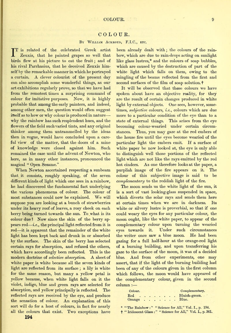 C O L 0 UE. By William Ackroyd, F.I.C, etc. IT is related of tlie celebrated Greek artist Zeuxis, that he jjainted grapes so well that birds flew at his picture to eat the fruit; and of his rival Parrhasius, that he deceived Zeuxis him- self by the remarkable manner in which he portrayed a curtain. A clever colourist of the present day can also accomplish some wonderful things, as our art exhibitions regulai'ly prove, so that we have had from the remotest times a surjirising command of colour for imitative purposes. Now, it is highly probable that among the early paintei-s, and indeed^ among other men, the question would often suggest i1?self as to how or why colour is produced in nature— why the rainbow has such resplendent hues, and the flowers of the field such varied tints, and any original thinker among them untrammelled by the ideas then in vogue, would have concluded upon a care- ful view of the matter, that the doors of a mine of knowledge were closed against him. Such remained the case until the advent of Newton, who here, as in many other instances, pronounced the magical  Open Sesame. When Newton ascertained respecting a smibeam that it consists, roughly speaking, of the seven difierent kinds of light which one sees in a rainbow, he had discovered the fundamental fact underlying the various phenomena of colour. The colour of most substances could now be exj^lained. We will suppose you are looking at a bunch of strawberries under its heavy roof of leaves, a rosy cheek on each berry being turned towards the sun. To what is its colour due ? Now since the skin of the berry ap- pears red—i.e., the principal light reflected from it is red—it is apparent that the remainder of the white light has been kept back and di'unk in or absorbed by the surface. The skin of the berry has selected certain rays for absorption, and refused the others, which have accordingly been reflected. This is the modern doctrine of selective absorption. A sheet of white paper is white because all the seven kinds of light are reflected from its surface ; a lily is white for the same reason, but many a yellow petal is yellow because, when white light falls on it the violet, indigo, blue and gi-een rays are selected for absorption, and yellow principally is reflected. The reflected rays are received by the eye, and produce the sensation of colour. An explanation of this sort will do for a host of colours, in fact for nearly all the colours that exist. Two exceptions have 194 been already dealt with; the colours of the rain- bow, which are due to rain-drops acting on sunlight like glass lustres,* and the colours of soap bubbles, which are caused by the destruction of part of the white light which falls on them, owing to the mingling of the beams reflected from the first and second surfaces of the film of soap solution, t It will be observed that these colours we have spoken about have an objective reality, for they are the result of certain changes produced in white light by external objects. One sees, however, some- times, subjective colours, i.e., colours which are due more to a particular condition of the eye than to a state of external things. This arises from the eye becoming coloui'-wearied under certain circum- stances. Thus, you may gaze at the red embers of the house fire until the eyes become wearied of the particular light the embers emit. If a surface of white paper be now looked at, the eye is only able to distinguish well those portions of the reflected light which are not like the rays emitted by the red hot cinders. As one therefore looks at the paper, a purplish image of the fire appears on it. The colour of this subjective image is said to be com2)lementari/ to the reddish light of the fire. The moon sends us the white light of the sun, it is a sort of vast looking-glass suspended in space, which diverts the solar rays and sends them here at certain times when we are in darkness. Its white or silvery histre is proverbial, so that if one could weary the eyes for any particular colour, the moon ought, like the white paper, to appear of the complementary colour upon turning the wearied eyes towards it. Under such circumstances the writer once saw a blue moon. He had been gazing for a full half-hour at the orange-red light of a burning building, and upon transferring his gaze to the surface of the moon, it was of a decided blue. And from other experiments, one may assert, that if the light of the burning building had been of any of the colours given in the first column which follows, the moon would have appeared of the complementary colour, given in the second column :— Colour. Complementary. Eed Bluish-green. Orange Blue. *  The Bainbow :   Science for All, Vol. I., p. 194. t  Iridescent Glass :  Science for All, Vol. I., p. 361.
