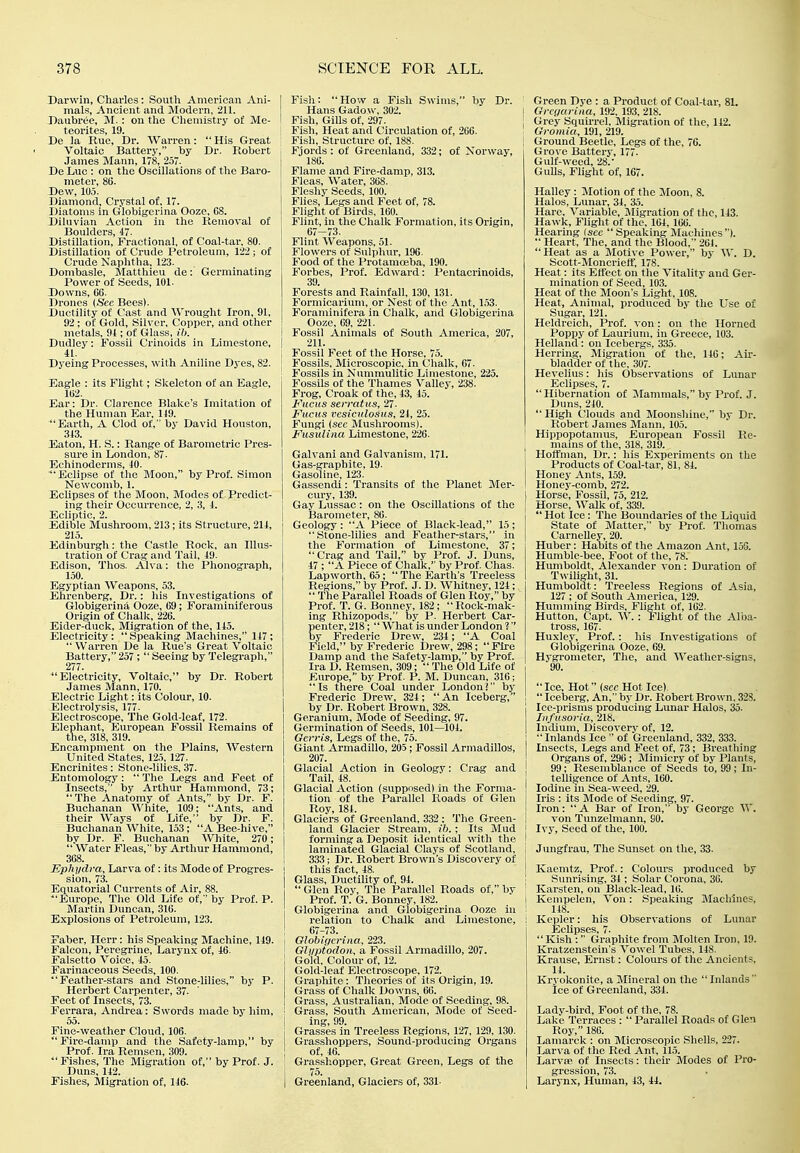 Darwin, Charles: South American Ani- mals, Ancient and Modern, 2U. Daubree, M. : on the Chemistry of Me- teorites, 19. De la Rue, Dr. Warren:  His Great Voltaic Battery, by Dr. Robert James Mann, 178, 257. De Luc : on the Oscillations of the Baro- meter, 86. Dew, 105. Diamond, Crystal of, 17. Diatoms in Globigerina Ooze, G8. Diluvian Action in the Removal of Boulders, 47. Distillation, Fractional, of Coal-tar, 80. Distillation of Crude Petroleum, 122 ; of Crude Naphtha, 123. Dombasle, Mattliieu de: Germinating Power of Seeds, 101. Downs, 66. Drones {Sec Bees). Ductility of Cast and Wrought Iron, 91, 92 : of Gold, Silver, Copper, and other metals, 91; of Glass, ib. Dudley: Fossil Criuoids in Limestone, 41. Dyeing Processes, with Aniline Dyes, 82. Eagle : its Flight; Skeleton of an Eagle, 162. Ear: Dr. Clarence Blake's Imitation of the Human Ear, 119. Earth, A Clod of, by David Houston, 313. Eaton, H. S.: Range of Barometric Pres- sure in London, 87. Echinoderms, 10. Eclipse of the Moon, by Prof. Simon Newcomb, 1. Eclipses of the Moon, Modes of Predict- ing their Occurrence, 2, 3, 4. Ecliptic, 2. Edible Mushroom, 213; its Structure, 211, 215. Edinburgh: the Castle Rock, an Illus- tration of Crag and Tail, 49. Edison, Thos. Alva: the Phonograph, 150. Egyptian Weapons, 53. Ehrenberg, Dr.: his Investigations of Globigerinii Ooze, 69 ; Foraminiferous Origin of Chalk, 226. Eider-duck, Migration of the, 145. Electricity: Speaking Machines, 147;  Warren De la Rue's Great Voltaic Battery, 257;  Seeing by Telegraph, 277. Electricity, Voltaic, by Dr. Robert James Mann, 170. Electric Light: its Colour, 10. Electrolysis, 177. Electroscope, The Gold-leaf, 172. Elephant, European Fossil Remains of the, 318, 319. Encampment on the Plains, Western United States, 125, 127. Encrinites: Stone-lilies, 37. Entomology :  The Legs and Feet of Insects,  by Arthur Hammond, 73; The Anatomy of Ants, by Dr. F. Buchanan White, 109; Ants, and their Ways of Life, by Dr. F. Buchanan White, 153; A Bee-hive, by Dr. F. Buchanan White, 270 ;  Water Fleas, by Arthur Hammond, 368. Eplij/dra, Larva of: its Mode of Progres- sion, 73. Equatorial Currents of Air, 88. ^'Europe, The Old Life of, ' by Prof. P. Martin Duncan, 316. Explosions of Petroleum, 123. Faber, Herr: his Speaking Machine, 149. Falcon, Peregrine, Larynx of, 46. Falsetto Voice, 45. Farinaceous Seeds, 100. Feather-stars and Stone-lilies, by P. Herbert Carpenter, 37. Feet of Insects, 73. Ferrara, Andrea: Swords made by him, 55. Fine-weather Cloud, 106.  Fire-damp and the Safety-lamp, by Prof. Ira Renisen, 309. Fishes, The Migration of, by Prof. J. Duns, 142. Fishes, Migration of, 146. I Fish: How a Fish Swims, by Dr. Hans Gadow, 302. I Fish, Gills of, 297. Fish, Heat and Circulation of, 266. : Fish, Structure of, 188. Fjords: of Greenland, 332; of Xorway, 186. Flame and Fire-damp, 313. Fleas, Water, 368. Fleshy Seeds, 100. Flies, Legs and Feet of, 78. Flight of Birds, 160. Flint, in the Chalk Formation, its Origin, 67-73. Flint Weapons, 51. Flowers of Sulphur, 196. Food of the Protanioeba, 190. Forbes, Prof. Edward: Pentacrinoids, 39. Forests and Rainfall, 130, 131. Formicarium, or Nest of the Ant, 153. Foraminifera in Chalk, and Globigerina Ooze, 69, 221. Fossil Animals of South America, 207, 211. I Fossil Feet of the Horse, 75. Fossils, Microscopic, in Chalk, 67. Fossils in Numniulitic Limestone, 225. Fossils of the Thames Valley, 238. Frog, Croak of the, 43, 45. /''hcks serratus, 27. Fucus vcsiculosus, 21, 25. Fungi (see Mushrooms). Fusulina Limestone, 226. Galvani and Galvanism, 171. Gas-graphite, 19. Gasoline, 123. Gassendi: Transits of the Planet Mer- cury, 139. ] Gay Lussac: on the Oscillations of the ] Barometer, 86. Geology : A Piece of Black-lead, 15 ; Stone-lilies and Feather-stars, in the Formation of Limestone, 37;  Crag and Tail, by Prof. J. Duns, 47 ; A Piece of Chalk, by Prof. Chas. Lapworth, 65;  The Earth's Treeless Regions, by Prof. J. D. Whitney, 124 ;  The Parallel Roads of Glen Roy, by Prof. T. G. Bouncy, 182;  Rock-mak- ing Rhizopods, by P. Herbert Car- penter, 218;  What is under London ?'' by Frederic Drew, 234 ; A Coal Field, by Frederic Drew, 298; Fii'C Damp and the Safety-lamp, by Prof. Ira D. Remsen, 309;  The Old Life of Europe, by Prof. P. M. Duncan, 316; Is there Coal imder London? by Frederic Drew, 324 ;  An Iceberg, by Dr. Robert Brown, 328. Geranium, Mode of Seeding, 97. Germination of Seeds, 101—101. Gen-is, Legs of the, 75. Giant Armadillo, 205; Fossil Armadillos, 207. Glacial Action in Geology: Crag and Tail, 48. Glacial Action (supposed) in tlie Forma- tion of the Parallel Roads of Glen Roy, 184. Glaciers of Greenland, 332 : The Green- land Glacier Stream, ib. ; Its Mud forming a Deposit identical with the laminated Glacial Clays of Scotland, 333; Dr. Robert Bi'own's Discovery of j this fact, 48. Glass, Ductility of, 94.  Glen Roy, The Parallel Roads of, by Prof. T. G. Bonney, 182. Globigei-ina and Globigerina Ooze in relation to Chalk and Limestone, i 67-73. Globigerina, 223. Gljiptodon, a Fossil Armadillo, 207. Gold, Colour of, 12. Gold-leaf Electroscope, 172. Graphite : Tlieories of its Origin, 19. Grass of Chalk Do\vns, 60. Grass, Australian, Mode of Seeding, 98. Grass, South American, Mode of Seed- I ing, 99. Grasses in Treeless Regions, 127, 129, 130. Grasshoppers, Sound-producing Oi'gans I of, 46. Grasshopper, Great Green, Legs of the 1 75. I Greenland, Glaciers of, 331- Green Dye : a Product of Coal-tar, 81. j Gi-cgariiia, 192, 193, 218. ; Grey Squirrel, Migration of the, 142. Gromia, 191, 219. ; Ground Beetle, Legs of the, 76. Grove Battery, 177. Gulf-weed, 28. GuUs, Flight of, 167. Halley: Motion of the Moon, 8. Halos, Lunar, 31, 35. Hare, Variable, ^Migration of the, 143. Hawk, Flight of the, 164, 166. Hearing (sec Speaking Machines).  Heart, The, and the Blood,' 264. Heat as a Slotive Power, by W. D. Scott-Moncrieff, 178. Heat: its Etfect on the Vitality and Ger- mination of Seed, 103. Heat of the Moon's Light, 108. Heat, Animal, produced by the Use of Sugar, 121. Heldreich, Prof, von: on the Horned Poppy of Laui-ium, in Greece, 103. Helland: on Icebergs, 335. Herring, Migration of the, 146; Air- bladder of the, 307. Hevelius: his Observations of Lunar Eclipses, 7. Hibernation of ilammals, by Prof. J. Duns, 240.  High Clouds and Moonshine,' by Dr. Robert James Mann, 105. Hippopotamus, European Fossil Re- mains of the, 318, 319. Hoffman, Dr.: his Experiments on the Products of Coal-tar, 81, 84. Honey Ants, 159. Honey-comb, 272. Horse, Fossil, 75, 212. Horse, Walk of, 339.  Hot Ice : The Boundaries of the Liquid State of Matter, ' by Prof. Thomas Carnelley, 20. Huber: Habits of the Amazon Ant, 153. Humble-bee, Foot of the, 78. Humboldt, Alexander von: Duration of T\vilight, 31. Humboldt: Treeless Regions of Asia, 127 ; of South America, 129. Hvimming Birds, Flight of, 102. Hutton, Capt. AV. : Flight of the Alba- tross, 167. Huxley, Prof.: his Investigations of Globigerina Ooze, 69. Hygrometer, The, and Weather-signs, %.  Ice, Hot {sec Hot Ice).  Iceberg, An, by Dr. Robert Brown. 328. Ice-prisms producing Lunar Halos, 35. Infusoria, 218. Indium Discovery of, 12. Inlands Ice ' of Greenland, 332, 333. Insects, Legs and Feet of, 73; Breathing Organs of, 296; Mimicry of by Plants, 99; Resemblance of Seeds to, 99; In- telligence of Ants, 160. Iodine in Sea-weed, 29. Iris : its Mode of Seeding, 97. Iron: A Bar of Iron,' by George W. von Tunzelmann, 90. j Ivy, Seed of the, 100. Jungfrau, The Sunset on the, 33. 1 Kaemtz, Prof.: Colours produced by I Sunrising, 34 ; Solar Corona, 36. : Karsten, on Black-lead, 10. i Kempelen, Von: Speaking Machines, 118. Kepler: his Observations of Lunar liclipses, 7. Kish : Graphite from Molten Iron, 19. Kratzensteins Vowel Tubes. 148. Krause, Ernst: Colours of the Ancients, 14. Kryokonite, a Mineral on the Inlands ice of Greenland, 334. Lady-bird, Foot of the, 78. Lake Terraces :  Parallel Roads of Glen Roy, 186. Lamarck : on Microscopic Shells, 227. Larva of the Red Ant, 115. Larva- of Insects: their Modes of Pro- gression, 73. Larynx, Human, 43, 44.