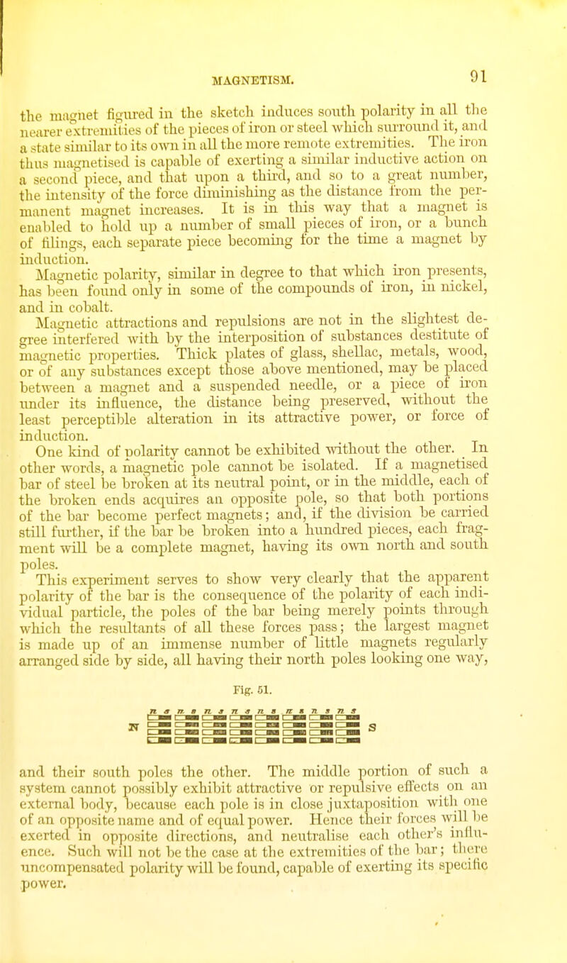 the mat^net figiu-ecl in the sketch induces sonth polarity in all the nearer elctremities of the pieces of iron or steel which siUTOuncl it, and a state similar to its own in all the more remote extremities. Tlie iron thus magnetised is capable of exerting a similar inductive action on a second piece, and that upon a thiixl, and so to a great number, the intensity of the force diminishing as the distance from the per- manent magnet increases. It is in tlus way that a magnet is enabled to hold up a number of small pieces of iron, or a bunch of tilings, each separate piece becoming for the time a magnet by induction. . . Magnetic polarity, similar in degree to that which iron presents, has heeu found only in some of the compounds of iron, in nickel, and in cobalt. Magnetic attractions and repulsions are not in the slightest de- cree interfered with by the interposition of substances destitute of magnetic properties. Thick plates of glass, shellac, metals, wood, or of any substances except those above mentioned, may be placed between a magnet and a suspended needle, or a piece of iron under its influence, the distance being preserved, without the least perceptible alteration in its attractive power, or force of induction. One kind of nolarity cannot be exhibited without the other. _ In other words, a magnetic pole cannot be isolated. If a magnetised bar of steel be broken at its neutral point, or in the middle, each of the broken ends acquires an opposite pole, so that both portions of the bar become perfect magnets; and, if the division be carried still fm-ther, if the bar be broken into a hundred iDieces, each frag- ment will be a complete magnet, having its own north and south poles. This experiment serves to show very clearly that the apparent polarity of the bar is the consequence of the polarity of each indi- vidual particle, the poles of the bar being merely points through which the resultants of aU these forces pass; the largest magnet is made up of an immense number of Uttle magnets regularly arranged side by side, all having their north poles looking one way, Fig. 51. n a 17, a It s 71 9 n g ffi g n s 7i s m:— cr— t Mm ctm ctm mw cj— cji and their south poles the other. The middle portion of such a system cannot possibly exhibit attractive or repulsive efl'ects on an e.xternal body, because each pole is in close juxtaposition with one of an opposite name and of equal power. Hence their forces will be exerted in opposite directions, and neutralise each other's influ- ence. Such will not be the case at the extremities of the bar; there nncompensated polarity will be found, capable of exerting its specific