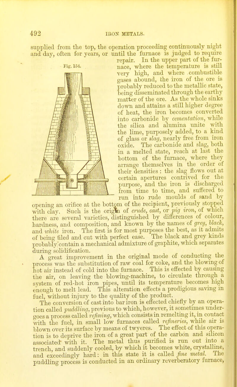 supplied from the top, the operation proceeding continuously night and day, often for years, or imtil the furnace is judged to require repair. In the upper part of the fur- Fig. 154. nace, where the temperature is stQl very high, and where combustible gases abound, the iron of the ore is probably reduced to the metallic state, being dissemLaated through the earthy matter of the ore. As the whole sinks down and attains a still higher degree of heat, the iron becomes converted into carbonide by cementation, while the silica and alumina unite with the lime, purposely added, to a kind of glass or slag, nearly free from iron oxide. The carbonide and slag, both in a melted state, reach at last the bottom of the furnace, where they arrange themselves in the order of their densities : the slag flows out at certaLa apertures contrived for the purpose, and the iron is discharged from time to time, and suffered to rim into rude moulds of sand by opening an orifice at the bottom of the recipient, previously stopped with clay. Such is the origbi of crude, cast, or pig iron, of which there are several varieties, distinguished by differences of colour, hardness, and composition, and known by the names of greij, black, and white iron. The first is for most purposes the best, as it admits of being tiled and cut with perfect ease. The black and grey kinds probably contaia a mechanical admixture of graphite, which sepai-ates during solidification. A great improvement in the original mode of conducting the process was the substitution of raw coal for coke, and the blowing of hot air instead of cold into the fui-nace. This is efl'ected by causmg the air, on leaving the blowing-machine, to circulate through a system of red-hot iron pipes, until its temperature becomes high enough to melt lead. This alteration eftects a prodigious saving in fuel, without injury to the quality of the product. The conversion of cast into bar iron is effected chiefly by an opera- tion called puddling, previous to which, however, it sonietiuies under- goes a process called refining, which consists in remelting it, in contact with the fuel, in small low furnaces called refineries, while air is blown over its surface by means of twyeres. The effect of this opera- tion is to deprive the iron of a great pai-t of the carbon and silicon associated with it. The metal thus purified is run out into a trench, and suddenly cooled, by which it becomes white, crystalline, and exceedingly hai'd: in this state it is called fine imtal. The puddling process is conducted in an ordinary reverberatory furnace,
