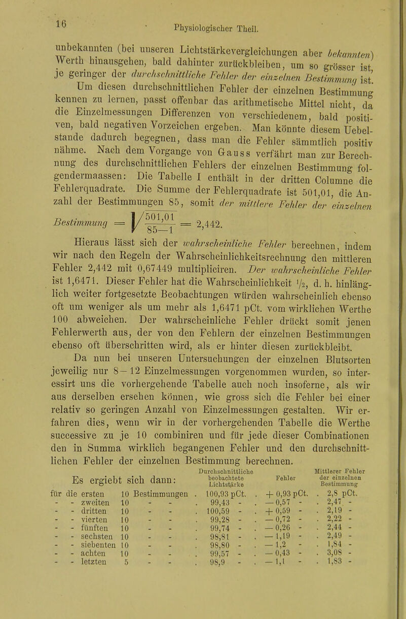 Physiologischer Theil. unbekannten (bei unseren Lichtstärkevergleichungen aber bekannten) Werth hmausgehen, bald dahinter zurückbleiben, um so grösser ist je geringer der durchschnittliche Fehler der einzelnen Bestimmmw ist' Um diesen durchschnittlichen Fehler der einzelnen Bestimmung kennen zu lernen, passt offenbar das arithmetische Mittel nicht da die Einzelmessungen Differenzen von verschiedenem, bald positi- ven, bald negativen Vorzeichen ergeben. Man könnte diesem Uebel- stande dadurch begegnen, dass man die Fehler sämmtlich positiv nähme. Nach dem Vorgange von Gauss verfährt man zur Berech- nung des durchschnittlichen Fehlers der einzelnen Bestimmung fol- gendermaassen: Die Tabelle I enthält in der dritten Columne die Fehlerquadrate. Die Summe der Fehlerquadrate ist 501,01, die An- zahl der Bestimmungen 85, somit der mittlere Fehler der 'einzelnen td 1/501,01 Bestimmung = y ^ 1 = 2,442. Hieraus lässt sich der wahrscheinliche Fehler berechnen indem wir nach den Regeln der Wahrscheinlichkeitsrechnung den mittleren Fehler 2,442 mit 0,67449 multipliciren. Der wahrscheinliche Fehler ist 1,6471. Dieser Fehler hat die Wahrscheinlichkeit 1/2, d. h. hinläng- lich weiter fortgesetzte Beobachtungen würden wahrscheinlich ebenso oft um weniger als um mehr als 1,6471 pCt. vom wirklichen Werthe 100 abweichen. Der wahrscheinliche Fehler drückt somit jenen Fehlerwerth aus, der von den Fehlern der einzelnen Bestimmungen ebenso oft überschritten wird, als er hinter diesen zurückbleibt. Da nun bei unseren Untersuchungen der einzelnen Blutsorten jeweilig nur 8-12 Einzelmessungen vorgenommen wurden, so inter- essirt uns die vorhergehende Tabelle auch noch insoferne, als wir aus derselben ersehen können, wie gross sich die Fehler bei einer relativ so geringen Anzahl von Einzelmessungen gestalten. Wir er- fahren dies, wenn wir in der vorhergehenden Tabelle die Werthe successive zu je 10 combiniren und für jede dieser Combinationen den in Summa wirklich begangenen Fehler und den durchschnitt- lichen Fehler der einzelnen Bestimmung berechnen. Durchschnittliche Mittlerer Fehler Po ovrriorir o?Mi Hann • hoobachtete Fehler der einzelnen HiS eigieüt SICU Uann. UrihtBtfMM Bestimmung für die ersten 10 Bestimmungen . 100,93 pCt. . +0,93pCt. . 2,S pCt. - - zweiten 10 - - . 99,43 - . —0,57 - . 2,47 - - - dritten 10 . 100,59 - . + 0,59 - . 2,19 - - - vierten 10 - - . 99,28 - . — 0,72 - . 2,22 - - - fünften 10 - - . 99,74 - . — 0,26 - . 2,44 - - - sechsten 10 - - . 98,81 - . —1,19 - • 2,49 - - - siebenten 10 . 98,80 - . — 1,2 - . 1,84 - - - achten 10 . . 99,57 - . — 0,43 - . 3,08 - - - letzten 5 . 98,9 - . —1,1 - • 1,88 -