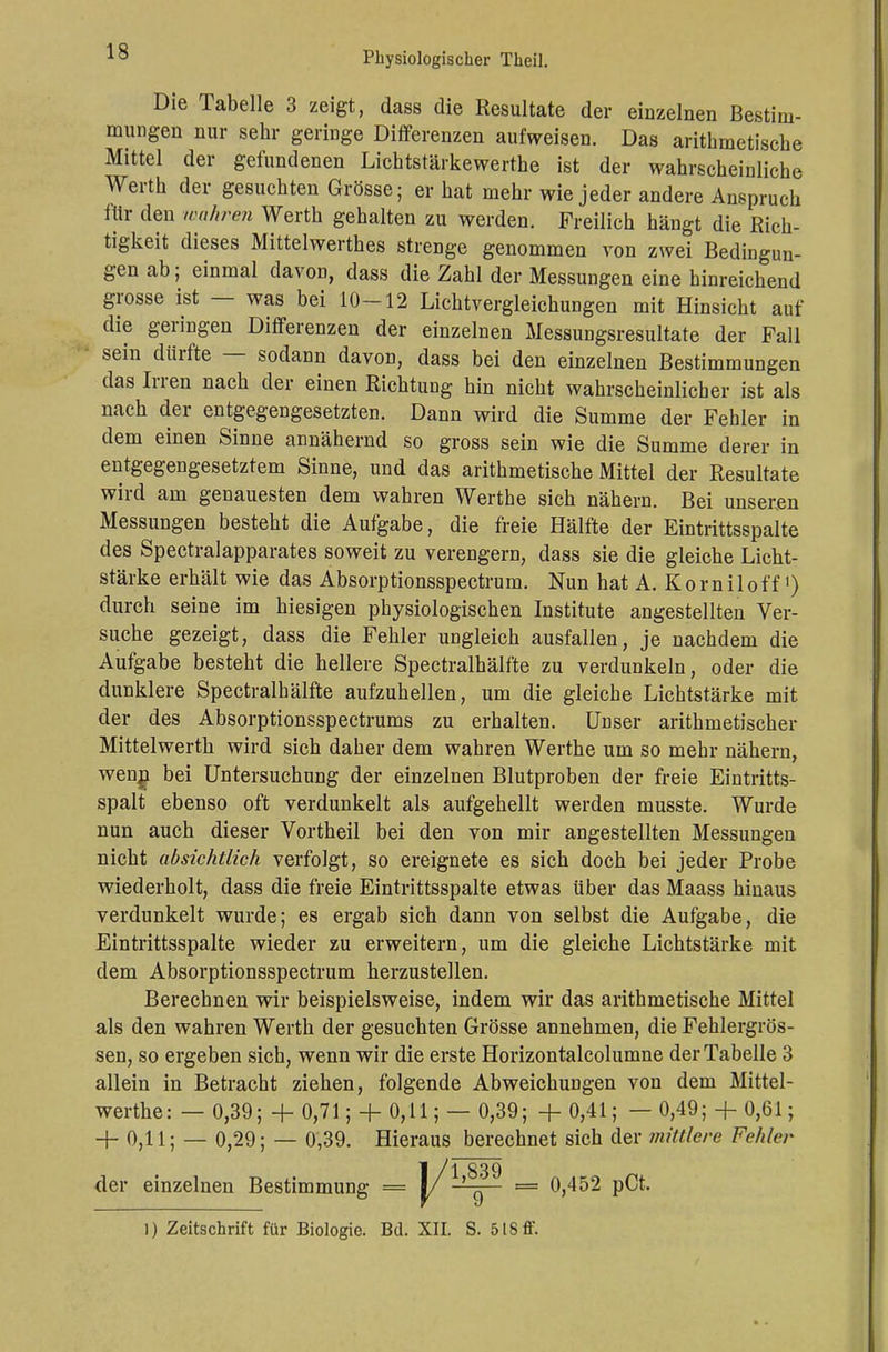 Die Tabelle 3 zeigt, dass die Resultate der einzelnen Bestim- mungen nur sehr geringe Differenzen aufweisen. Das arithmetische Mittel der gefundenen Lichtstärkewerthe ist der wahrscheinliche Werth der gesuchten Grösse; er hat mehr wie jeder andere Anspruch für den wahren Werth gehalten zu werden. Freilich hängt die Rich- tigkeit dieses Mittelwertes strenge genommen von zwei Bedingun- gen ab; einmal davon, dass die Zahl der Messungen eine hinreichend grosse ist — was bei 10—12 Lichtvergleichungen mit Hinsicht auf die geringen Differenzen der einzelnen Messungsresultate der Fall sein dürfte — sodann davon, dass bei den einzelnen Bestimmungen das Irren nach der einen Richtung hin nicht wahrscheinlicher ist als nach der entgegengesetzten. Dann wird die Summe der Fehler in dem einen Sinne annähernd so gross sein wie die Summe derer in entgegengesetztem Sinne, und das arithmetische Mittel der Resultate wird am genauesten dem wahren Werthe sich nähern. Bei unseren Messungen besteht die Aufgabe, die freie Hälfte der Eintrittsspalte des Spectralapparates soweit zu verengern, dass sie die gleiche Licht- stärke erhält wie das Absorptionsspectrum. Nun hat A. Korniloff') durch seine im hiesigen physiologischen Institute angestellten Ver- suche gezeigt, dass die Fehler ungleich ausfallen, je nachdem die Aufgabe besteht die hellere Spectralhälfte zu verdunkeln, oder die dunklere Spectralhälfte aufzuhellen, um die gleiche Lichtstärke mit der des Absorptionsspectrums zu erhalten. Unser arithmetischer Mittelwerth wird sich daher dem wahren Werthe um so mehr nähern, wen^ bei Untersuchung der einzelnen Blutproben der freie Eintritts- spalt ebenso oft verdunkelt als aufgehellt werden musste. Wurde nun auch dieser Vortheil bei den von mir angestellten Messungen nicht absichtlich verfolgt, so ereignete es sich doch bei jeder Probe wiederholt, dass die freie Eintrittsspalte etwas über das Maass hinaus verdunkelt wurde; es ergab sich dann von selbst die Aufgabe, die Eintrittsspalte wieder zu erweitern, um die gleiche Lichtstärke mit dem Absorptionsspectrum herzustellen. Berechnen wir beispielsweise, indem wir das arithmetische Mittel als den wahren Werth der gesuchten Grösse annehmen, die Fehlergrös- sen, so ergeben sich, wenn wir die erste Horizontalcolumne der Tabelle 3 allein in Betracht ziehen, folgende Abweichungen von dem Mittel- werthe: — 0,39; + 0,71; +0,11; —0,39; +0,41; —0,49;+ 0,61; + 0,11; — 0,29; — 0,39. Hieraus berechnet sich der mittlere Fehler der einzelnen Bestimmung l) Zeitschrift für Biologie. Bd. XII. S. 518 ff.