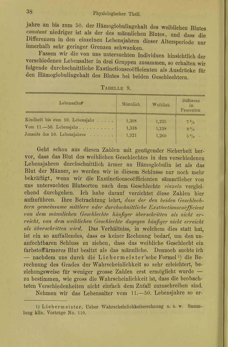 jähre an bis zum 50. der Hämoglobulingehalt des weiblichen Blutes constant niedriger ist als der des männlichen Blutes, und dass die Differenzen in den einzelnen Lebensjahren dieser Altersperiode nur innerhalb sehr geringer Grenzen schwanken. Fassen wir die von uns untersuchten Individuen hinsichtlich der verschiedenen Lebensalter in drei Gruppen zusammen, so erhalten wir folgende durchschnittliche Exstinctionscoefficienten als Ausdrücke fin- den Hämoglobulingehalt des Blutes bei beiden Geschlechtern. Tabelle 9. Lebensalter Männlich Weiblich Differenz in Procenten Kindheit bis zum 10. Lebensjahr . Vom 11.—50. Lebensjahr Jenseits des 50. Lebensjahres 1,308 1,338 1,321 1,225 1,238 1,260 7°/o 8% 5% » Geht schon aus diesen Zahlen mit genügender Sicherheit her- vor, dass das Blut des weiblichen Geschlechtes in den verschiedenen Lebensjahren durchschnittlich ärmer an Hämoglobulin ist als das Blut der Männer, so werden wir in diesem Schlüsse nur noch mehr bekräftigt, wenn wir die Exstinctionscoefficienten sämmtlicher von uns untersuchten Blutsorten nach dem Geschlechte einzeln verglei- chend durchgehen. Ich habe darauf verzichtet diese Zahlen hier aufzuführen. Ihre Betrachtung lehrt, dass der den beiden Geschlech- tern gemeinsame mittlere oder durchschnittliche Exstinctionscoefficienl von dem männlichen Geschlechte häufiger überschritten als nicht er- reicht, von dem weiblichen Geschlechte dagegen häufiger nicht erreicht als überschritten wird. Das Verhältniss, in welchem dies statt hat, ist ein so auffallendes, dass es keiner Rechnung bedarf, um den un- anfechtbaren Schluss zu ziehen, dass das weibliche Geschlecht ein farbstoffärmeres Blut besitzt als das männliche. Dennoch suchte ich — nachdem uns durch die Liebermeister'sehe FormelJ) die Be- rechnung des Grades der Wahrscheinlichkeit so sehr erleichtert, be- ziehungsweise für weniger grosse Zahlen erst ermöglicht wurde — zu bestimmen, wie gross die Wahrscheinlichkeit ist, dass die beobach- teten Verschiedenheiten nicht einfach dem Zufall zuzuschreiben sind. Nehmen wir das Lebensalter vom 11.—50. Lebensjahre so er- 1) Liebermeister, üeber Wahrscheinlichkeitsrechnung u. s. w. Samm- lung klin. Vorträge No. 110.