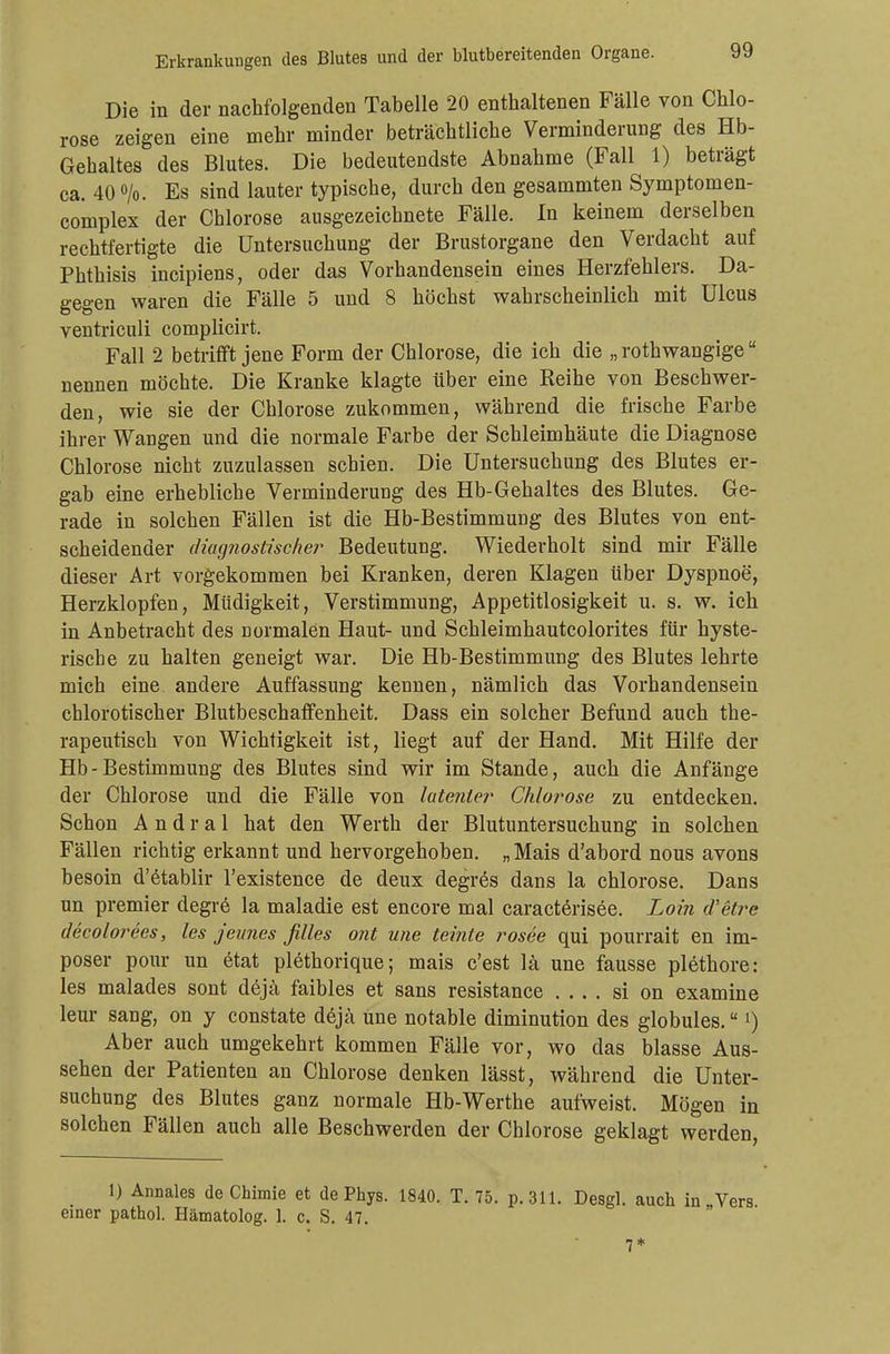 Die in der nachfolgenden Tabelle 20 enthaltenen Fälle von Chlo- rose zeigen eine mehr minder beträchtliche Verminderung des Hb- Gehaltes des Blutes. Die bedeutendste Abnahme (Fall 1) beträgt ca. 40°/o. Es sind lauter typische, durch den gesammten Symptomen- complex der Chlorose ausgezeichnete Fälle. In keinem derselben rechtfertigte die Untersuchung der Brustorgane den Verdacht auf Phthisis incipiens, oder das Vorhandensein eines Herzfehlers. Da- gegen waren die Fälle 5 und 8 höchst wahrscheinlich mit Ulcus ventriculi complicirt. Fall 2 betrifft jene Form der Chlorose, die ich die „ rothwangige nennen möchte. Die Kranke klagte Uber eine Reihe von Beschwer- den, wie sie der Chlorose zukommen, während die frische Farbe ihrer Wangen und die normale Farbe der Schleimhäute die Diagnose Chlorose nicht zuzulassen schien. Die Untersuchung des Blutes er- gab eine erhebliche Verminderung des Hb-Gehaltes des Blutes. Ge- rade in solchen Fällen ist die Hb-Bestimmung des Blutes von ent- scheidender diagnostischer Bedeutung. Wiederholt sind mir Fälle dieser Art vorgekommen bei Kranken, deren Klagen über Dyspnoe, Herzklopfen, Müdigkeit, Verstimmung, Appetitlosigkeit u. s. w. ich in Anbetracht des normalen Haut- und Schleimhautcolorites für hyste- rische zu halten geneigt war. Die Hb-Bestimmung des Blutes lehrte mich eine, andere Auffassung kennen, nämlich das Vorhandensein chlorotischer Blutbeschaffenheit. Dass ein solcher Befund auch the- rapeutisch von Wichtigkeit ist, liegt auf der Hand. Mit Hilfe der Hb-Bestimmung des Blutes sind wir im Stande, auch die Anfänge der Chlorose und die Fälle von latenter Chlorose zu entdecken. Schon A n d r a 1 hat den Werth der Blutuntersuchung in solchen Fällen richtig erkannt und hervorgehoben. „Mais d'abord nous avons besoin d'etablir l'existence de deux degres dans la Chlorose. Dans un premier degre la maladie est encore mal caracterisee. Loin d'etre decolorees, les jevnes filles ont wie teinte rosee qui pourrait en im- poser pour un etat plethorique; mais c'est lä une fausse plethore: les malades sont dejä faibles et sans resistance . . . . si on examine leur sang, on y constate dejä une notable diminution des globules.l) Aber auch umgekehrt kommen Fälle vor, wo das blasse Aus- sehen der Patienten an Chlorose denken lässt, während die Unter- suchung des Blutes ganz normale Hb-Werthe aufweist. Mögen in solchen Fällen auch alle Beschwerden der Chlorose geklagt werden, 1) Annales de Chimie et de Phys. 1840. T. 75. p. 311. Desgl. auch in Vers einer pathol. Hämatolog. 1. c. S. 47. 7*
