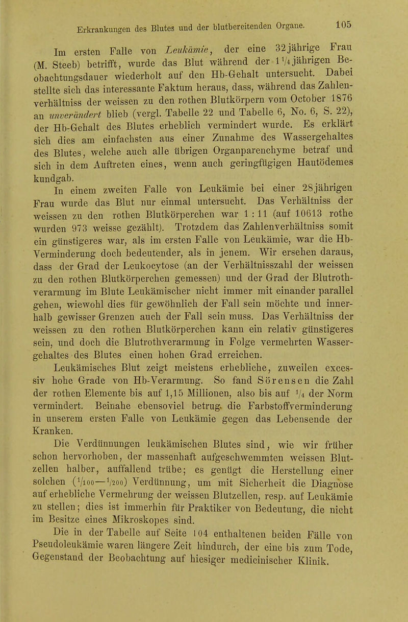 Im ersten Falle von Leukämie, der eine 32jährige Frau (M. Steeb) betrifft, wurde das Blut während der VUjährigen Be- obachtungsdauer wiederholt auf den Hb-Gehalt untersucht. Dabei stellte sich das interessante Faktum heraus, dass, während das Zahlen- verhältniss der weissen zu den rothen Blutkörpern vom October 1876 an unverändert blieb (vergl. Tabelle 22 und Tabelle 6, No. 6, S. 22), der Hb-Gehalt des Blutes erheblich vermindert wurde. Es erklärt sich dies am einfachsten aus einer Zunahme des Wassergehaltes des Blutes, welche auch alle übrigen Organparenchyme betraf und sich in dem Auftreten eines, wenn auch geringfügigen Hautödemes kundgab. In einem zweiten Falle von Leukämie bei einer 28jährigen Frau wurde das Blut nur einmal untersucht. Das Verhältniss der weissen zu den rothen Blutkörperchen war 1:11 (auf 10613 rothe wurden 973 weisse gezählt). Trotzdem das Zahlenverhältniss somit ein günstigeres war, als im ersten Falle von Leukämie, war die Hb- Verminderung doch bedeutender, als in jenem. Wir ersehen daraus, dass der Grad der Leukocytose (an der Verhältnisszahl der weissen zu den rothen Blutkörperchen gemessen) und der Grad der Blutroth- verarmung im Blute Leukämischer nicht immer mit einander parallel gehen, wiewohl dies für gewöhnlich der Fall sein möchte und inner- halb gewisser Grenzen auch der Fall sein muss. Das Verhältniss der weissen zu den rothen Blutkörperchen kann ein relativ günstigeres sein, und doch die Blutrothverarmung in Folge vermehrten Wasser- gehaltes des Blutes einen hohen Grad erreichen. Leukämisches Blut zeigt meistens erhebliche, zuweilen exces- siv hohe Grade von Hb-Verarmung. So fand Sörensen die Zahl der rothen Elemente bis auf 1,15 Millionen, also bis auf V« der Norm vermindert. Beinahe ebensoviel betrug, die Farbstoffverminderung in unserem ersten Falle von Leukämie gegen das Lebensende der Kranken. Die Verdünnungen leukämischen Blutes sind, wie wir früher schon hervorhoben, der massenhaft aufgeschwemmten weissen Blut- zellen halber, auffallend trübe; es genügt die Herstellung einer solchen (Vioo—V200) Verdünnung, um mit Sicherheit die Diagnose auf erhebliche Vermehrung der weissen Blutzellen, resp. auf Leukämie zu stellen; dies ist immerhin für Praktiker von Bedeutung, die nicht im Besitze eines Mikroskopes sind. Die in der Tabelle auf Seite 104 enthaltenen beiden Fälle von Pseudoleukämie waren längere Zeit hindurch, der eine bis zum Tode Gegenstand der Beobachtung auf hiesiger medicinischer Klinik.