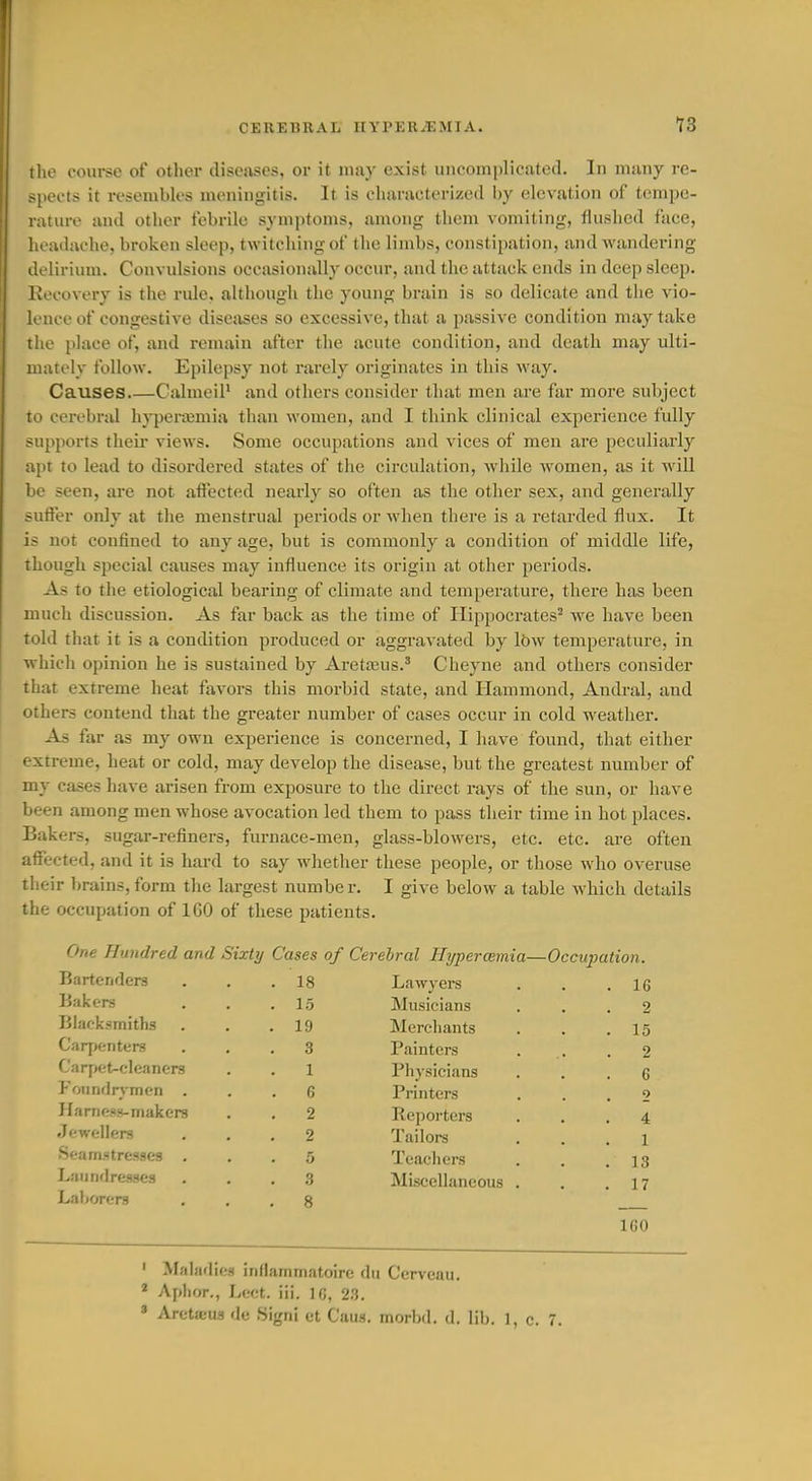 llio I'ourse of other diseases, or it may exist unooniplieated. In many re- spects it resembles meningitis. It is characterized by elevation of tempe- rature and other febrile symptoms, among them vomiting, flushed face, headache, broken sleep, twitching of the limbs, constipation, and wandering delirium. Convulsions occasionally occur, and tlie attack ends in deep sleep, liecovery is the rule, although the young brain is so delicate and tiie vio- lence of congestive diseases so excessive, that a passive condition may take the place of, and remain after the acute condition, and death may ulti- mately follow. Epilepsy not rarely originates in this way. Causes CiUmeil' and others consider that men are far more subject to cerebral hj-peramia than women, and I think clinical experience fully supports their views. Some occupations and vices of men are peculiarly apt to lead to disordered states of the circulation, while women, as it will be seen, are not affected nearly so often as the other sex, and generally suffer only at the menstrual periods or when there is a retarded flux. It is not confined to any age, but is commonly a condition of middle life, though special causes may influence its origin at other periods. As to the etiological bearing of climate and temperature, there has been much discussion. As far back as the time of Hippocrates' we have been told that it is a condition produced or aggravated by \bw temperature, in which opinion he is sustained by Aretasus.' Cheyne and others consider that extreme heat favors this morbid state, and Hammond, Andral, and others contend that the greater number of cases occur in cold w^eather. As far as my own experience is concerned, I have found, that either extreme, heat or cold, may develop the disease, but the greatest number of my cases have arisen from exposure to the direct rays of the sun, or have been among men whose avocation led them to pass their time in hot places. Bakers, sugar-refiners, furnace-men, glass-blowers, etc. etc. are often affected, and it is hard to say whether these people, or those who overuse their brains, form the largest numbe r. I give below a table which details the occupation of IGO of these patients. One Hundred and Sixty Cases of Cerelral llyperosmia—Occupation. Bartenders . 18 Lawyers . 16 Bakers . 15 Musicians 2 Blacksmiths . 19 Merchants . 15 Carpenters 3 Painters 2 Cary>et-cleaner3 1 Physicians 6 Foundrjmen . 6 Printers 2 Harness-makers 2 Reporters 4 Jewellers 2 Tailoi-s 1 Seamstresses . 5 Teachers . 13 Laundresses 3 Miscellaneous . . 17 Laborers . 8 IGO ' Maladies inflammatoirc dii Cervcau, * Aphor., Lect. iii. 16, 23. » Arct£eu3 de Signi et Caus. morbd. d. lib. 1, c. 7.