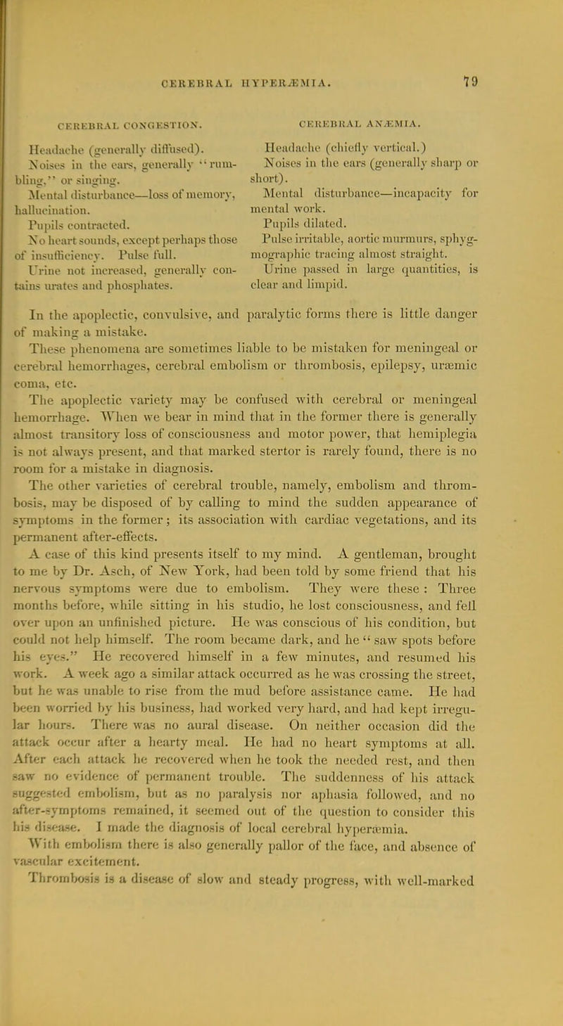 CEREBRAL CONGESTION. Headache (generally ilifliised). Noises in the eai-s, generally •■nim- liag. or singing. Mental distarbauce—loss of memory, hallncination. Pupils contracted. No heart sounds, except perhaps those of insufficiency. Pulse full. Urine not increased, generally con- tiiins m-ates and phosphates. CEUKBRAL ANEMIA. Headache (chiefly A'ertical.) Noises in the ears (generally sharp or short). Mental disturbance—incapacity for mental work. Pupils dilated. Pulse irritable, aortic murmurs, sphyg- mographic tracing almost straight. Ui'ine passed in large quantities, is clear and limpid. In the apoplectic, convulsive, and paralytic forms there is little danger of making a mistake. These phenomena are sometimes liable to be mistaken for meningeal or cerebral hemorrhages, cerebral embolism or thrombosis, epilepsy, uremic coma, etc. The apoplectic variety may be confused Avith cerebral or meningeal hemori-hage. When we bear in mind that in the former there is generally almost transitory loss of consciousness and motor power, that hemiplegia is not always present, and that marked stertor is rarely found, there is no room for a mistake in diagnosis. The other varieties of cerebral trouble, namely, embolism and throm- bosis, may be disposed of by calling to mind the sudden appearance of symptoms in the former ; its association with cardiac vegetations, and its permanent after-effects. A case of this kind presents itself to my mind. A gentleman, brought to me by Dr. Asch, of New York, had been told by some friend that his nervous sjinptoms were due to embolism. They Avere these : Three months before, while sitting in his studio, he lost consciousness, and fell over upon an unfinished picture. He was conscious of his condition, but could not help himself. The room became dark, and he  saw spots before his eyes. He recovered himself in a few minutes, and resumed his work. A week ago a similar attack occurred as he was crossing the street, but he was unable to rise from the mud before assistance came. He had been worried by his business, had worked very hard, and had kept irregu- lar hours. There was no aural disease. On neither occasion did the attack occur after a liearty meal. He had no heart symptoms at all. After each attack he recovered when he took the needed rest, and then saw no evidence of permanent trouble. The suddenness of his attack suggested emlxjlism, but as no paralysis nor aphasia followed, and no after-symptoms remained, it seemed out of the question to consider this his disea-se. I made the diagnosis of local cerebral hyperoemia. With emlxilism there is also generally pallor of the face, and absence of vascular excitement. Thrombosis is a disease of slow and steady progress, with well-marked