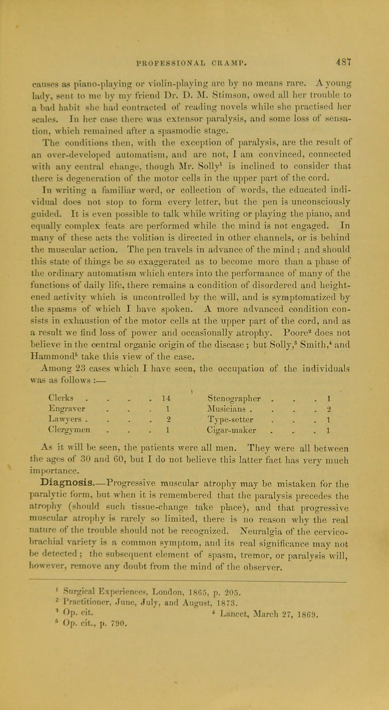 causes as piano-playing or violin-plnyinji: are by no means rare. A young huly, sent to me by my frienil Dr. D. Stimson, owed all her trouble to a bad habit she had contracted of reading novels while she practised her scales. In her ciise there was extensor paralysis, and some loss of sensa- tion, which remained after a spasmodic stage. The conditions then, with the exception of paralysis, are the result of an over-developed automatism, and are not, I am convinced, connected with any central change, though Mr. Solly' is inclined to consider that there is degeneration of the motor cells in the upper part of the cord. In writing a familiar word, or collection of words, the educated indi- vidual does not stop to form every letter, but the pen is unconsciously guided. It is even possible to talk while writing or playing the piano, and equally complex feats are performed while the mind is not engaged. In many of these acts the volition is directed in other channels, or is behind the muscular action. The pen travels in advance of the mind ; and should this state of things be so exaggerated as to become more than a phase of the ordinary automatism which enters into the performance of many of the functions of daily life, tiiere remains a condition of disordered and height- ened activity which is uncontrolled by the wiU, and is symptomatized by the spasms of which I have spoken. A more advanced condition con- sists in exhaustion of the motor cells at the upper part of the cord, and as a result we find loss of power and occasionally atrophy. Poore** does not believe in the central organic origin of the disease ; but Solly,^ Smith,* and Hammond^ take this view of the case. Among 23 cases which I have seen, the occupation of the individuals was as follows :— Clerks . . . .14 Stenogi'apher . . ,1 Engraver ... 1 Musicians . . . .2 Lawyers .... 2 Type-setter . . ,1 Clergymen ... 1 Cigar-uiiikcr . . .1 As it will be seen, the patients were all men. They were all between the ages of 30 and 60, but I do not believe this latter fact has very much importance. Diagnosis—Progressive muscular atrophy may be mistaken for the Iiaralytic form, but when it is remembered that the paralysis precedes the atrophy (should such tissue-change take place), and that progressive mufcular atrophy is rarely so limited, there is no reason why the real nature of the trouble should not be recognized. Neuralgia of the cervico- brachial variety is a common symptom, and its real significance may not be detected; the subsequent element of spasm, tremor, or paralysis will, however, remove any doubt from the mind of the observer. ' Surgical Experiences, London, ISC.O, p. 205. ^ Practitioner, June, July, and August, 1873. ' '^P- cit. * Liincct, March 27, 18G9. * Op. cit., p. 790.