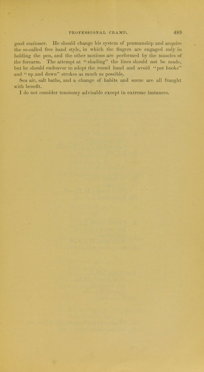 good ftiitioner. lie slioiilil oliiinge liis system of penniaiKsliip uml iic()iiire tlie so-called free hiuul style, in wliioh the lingers ure engaged only in holding the pen, and the other motions are performed by the muscles of the forearm. Tlui attempt at shading the lines should not be made, but he should endeavor to adopt the round hand and avoid pot hooks and up and down strokes as much as possible. Sea air, salt baths, and a change of habits and scene ai'C jill fraught with benefit. I do not consider tenotomy advisable except in extreme instances.