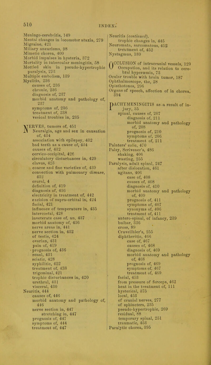 Jleningo-cerebiitig, 149 Mental changes in locomotor ataxia, 279 Migraine, 421 Miiiiiry aneurisms, 98 Mimetic chorea, 400 Morbid impulses in hysteria, .372 Mortality in tubercular meningitis, 58 Mottled skin iu pseudo-bypertrophic paralysis, 27^^ Multiple embolism, 139 Myelitis, 236 causes of, 236 chronic, 236 diagnosis of, 237 morbid anatomy and pathology of, 237 symptoms of, 236 treiitment of, 238 ■vesical troubles in, 235 NERVES, tumors of, 451 Neuralgia, age and sex in causation of, 434 association with epilepsy, 432 bad teeth as a cause of, 434 causes of, 432 cervico-occipital, 426 circulatory disturbances in, 420 clavus, 423 coarse and fine varieties of, 439 connection with pulmonary disease, 432 crural, 4 definition of, 419 diagnosis of, 436 electricity in treatment of, 442 excision of supra-orbital in, 424 facial, 421 influence of temperature in, 435 intercostal, 428 inveterate case of, an, 437 morbid anatomy of, 436 nerve areas in, 441 uerve section in, 432 of testis, 424 ovarian, 431 pain of, 419 ■ prognosis of, 436 renol, 431 sciatic, 428 syphilitic, 422 treatment of, 438 trigeminal, 421 trophic disturbances in, 420 urethral, 431 visceral, 430 Neuritis, 444 causes of, 446 morbid anatomy and pathology of, 446 nerve section in, 447 stretching in, 447 prognosis of, 447 symptoms of, 444 treatment of, 447 Neuritis (continued). trophic changes in, 445 Neuromata, sarcomatous, 452 treatment of, 452 Nystagmus, 189 OCCLUSION of intracranial vessels, 120 Occupation, and its relation to cere- bral hyperaemia, 73 Ocular trouble with brain tumor, 187 Ophthalmoscope, the, 28 Opisthotonos, 296 Organs of speech, affection of in chorea, 394 PACHYMENINGITIS as a result of in- jury, 35 spinal, causes of, 207 diagnosis of, 211 morbid anatomy and pathology of, 208 prognosis of, 210 symptoms of, 206 treatment of, 211 Painters' colic, 470 Palsy, Scrivener's, 486 shaking, 406 wasting, 265 Paralysis, adult spinal, 247 after dislocation, 461 agitans, 406 case of, 408 causes of, 408 diagnosis of, 410 morbid anatomy and pathology of, 409 prognosis of, 411 sj'niptoms of, 407 synonyms of, 406 treatment of, 411 antero-spinal, of infancy, 239 bulbar, 336 cross, 89 Cruveilhier's, 255 diphtheritic, 466 case of, 467 causes of, 468 diagnosis of, 469 morbid anatomy and pathology of, 468 prognosis of, 469 symptoms of, 467 treatment of, 469 facial, 453 from pressure of forceps, 462 heat in the treatment of, 111 hysterical, 375 local, 453 of cranial nerves, 277 of sphincters, 235 pseudo-hypertrophic, 269 residual, 88 temporary spinal, 251 traumatic, 453 Paralytic chorea, 395