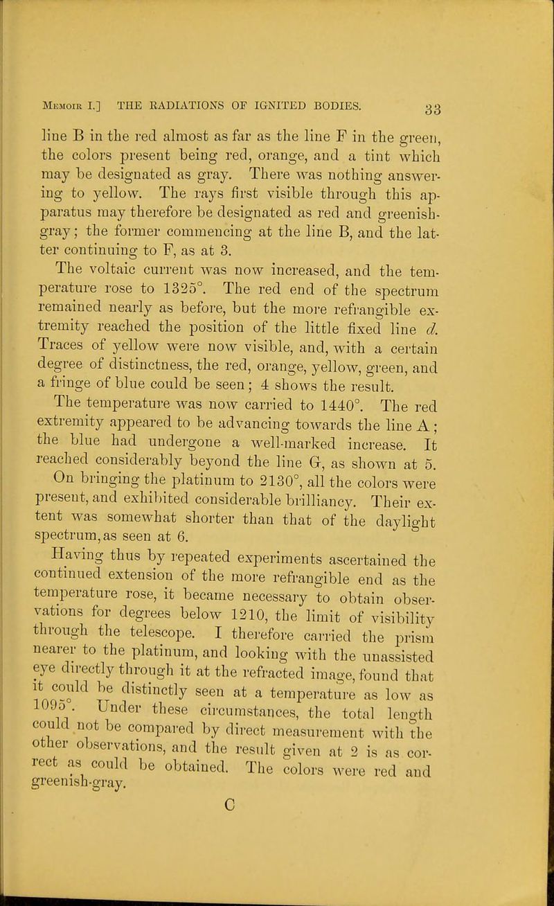 line B in the red almost as far as the line F in the green, the colors present being red, orange, and a tint which may be designated as gray. There was nothing answer- ing to yellow. The rays first visible through this ap- paratus may therefore be designated as red and greenish- gray; the former commencing at the line B, and the lat- ter continuing to F, as at 3. The voltaic current was now increased, and the tem- perature rose to 1325°. The red end of the spectrum remained nearly as before, but the more refrangible ex- tremity reached the position of the little fixed line d. Traces of yellow were now visible, and, with a certain degree of distinctness, the red, orange, yellow, green, and a fringe of blue could be seen; 4 shows the result. The temperature was now carried to 1440°. The red extremity appeared to be advancing towards the line A ; the blue had undergone a Avell-marked increase. It reached considerably beyond the line G, as shown at 5. On bringing the platinum to 2130°, all the colors were present, and exhibited considerable brilliancy. Their ex- tent was somewhat shorter than that of the daylight spectrum, as seen at 6. Having thus by repeated experiments ascertained the continued extension of the more refrangible end as the temperature rose, it became necessary to obtain obser- vations for degrees below 1210, the limit of visibility through the telescope. I therefore carried the prism nearer to the platinum, and looking with the unassisted eye du-ectly through it at the refracted image, found that ^\cT^^ distinctly seen at a temperature as low as lOJo Under these cii-cumstances, the total length could not be compared by direct measurement with the other observations, and the result given at 2 is as cor- rect as could be obtained. The colors were red and greenish-gray. C