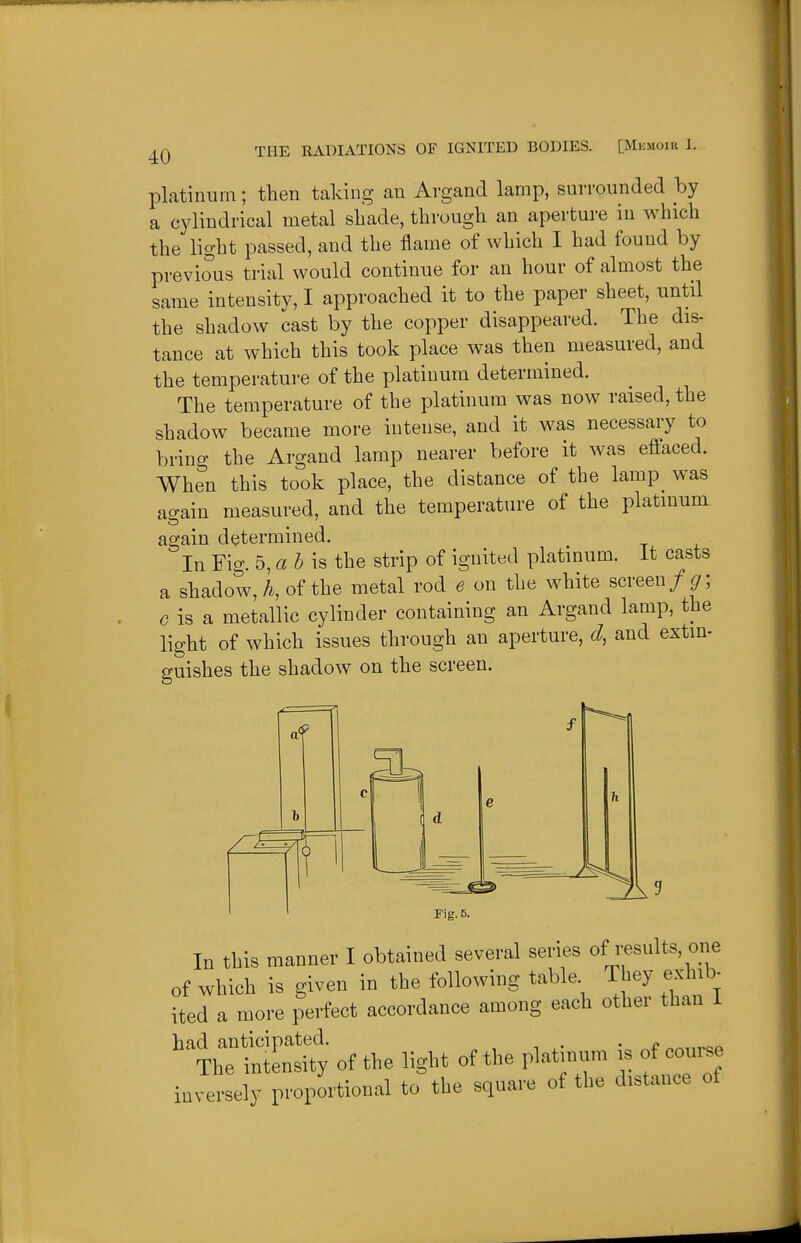 platinum; then taking an Argand lamp, surrounded by a cylindrical metal sliade, through an aperture in which the light passed, and the flame of which I had found by previous trial would continue for an hour of almost the same intensity, I approached it to the paper sheet, until the shadow cast by the copper disappeared. The dis- tance at which this took place was then measured, and the temperature of the platinum determined. The temperature of the platinum was now raised, the shadow became more intense, and it was necessary to bring the Argand lamp nearer before it was effaced. When this took place, the distance of the lamp was again measured, and the temperature of the platinum again determined. In Fig. o,ab\s the strip of ignited platinum. It casts a shadow, A, of the metal rod e on the white screen/ ^; c is a metallic cylinder containing an Argand lamp, the light of which issues through an aperture, d, and extin- guishes the shadow on the screen. Fig. 5. In this manner I obtained several series of results, one of which is given in the following table They exhib^ ited a more perfect accordance among each other than 1 had anticipated. . ^ The int nsity of the light of the platmum >s of com^e inversely proportional to the square of the distance of