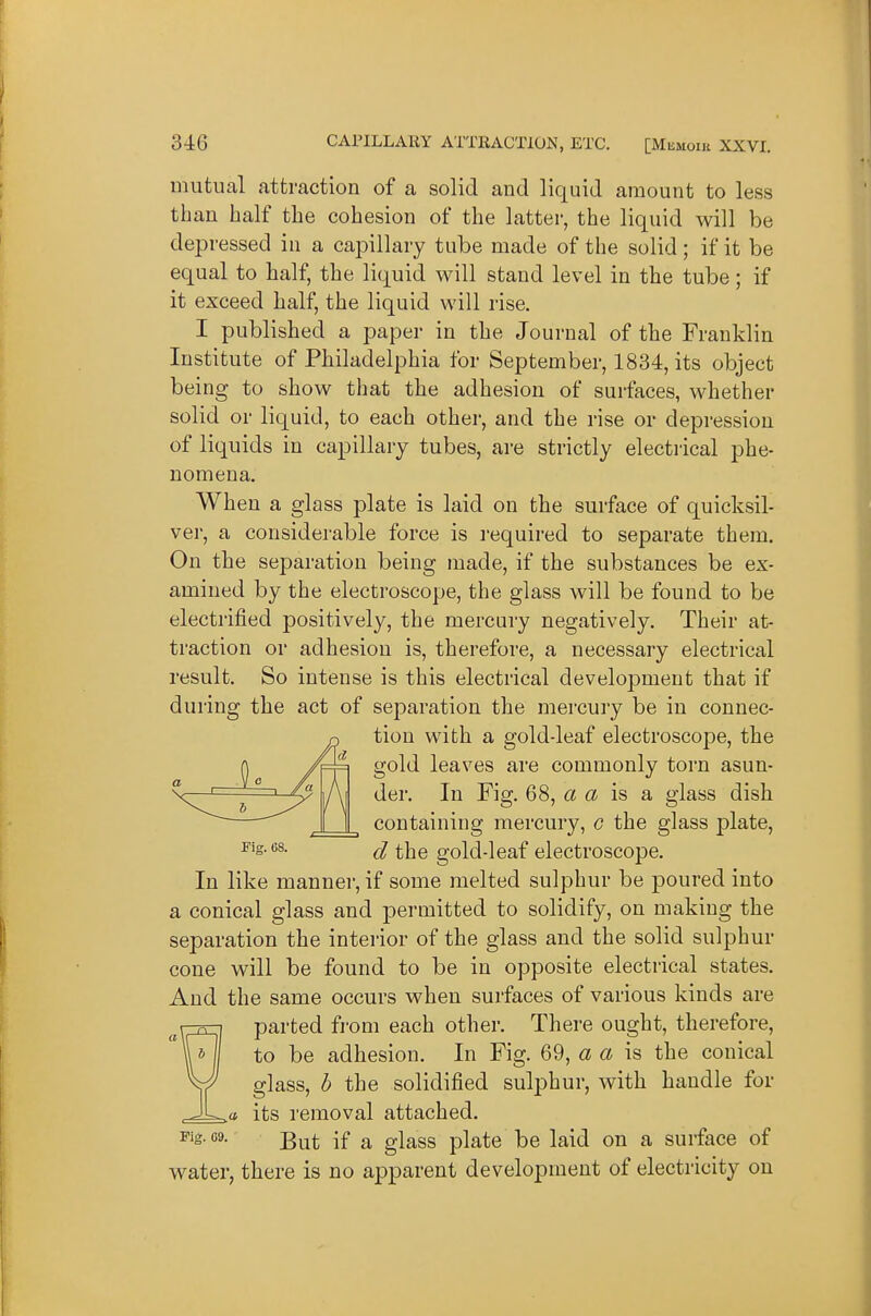 mutual attraction of a solid and liquid amount to less than half the cohesion of the latter, the liquid will be depressed in a cai^illary tube made of the solid; if it be equal to half, the liquid will stand level in the tube; if it exceed half, the liquid will rise. I published a paper in the Journal of the Franklin Institute of Philadelphia for September, 1834, its object being to show that the adhesion of surfaces, whether solid or liquid, to each other, and the rise or depression of liquids in capillary tubes, are strictly electrical phe- nomena. When a glass plate is laid on the surface of quicksil- ver, a considerable force is required to separate them. On the separation being made, if the substances be ex- amined by the electroscope, the glass will be found to be electrified positively, the mercury negatively. Their at- traction or adhesion is, therefore, a necessary electrical result. So intense is this electrical development that if during the act of separation the mercury be in connec- tion with a gold-leaf electroscope, the gold leaves are commonly torn asun- der. In Fig. 68, a a is a glass dish containing mercury, c the glass plate, ^ ^jje gold-leaf electroscope. In like manner, if some melted sulphur be poured into a conical glass and permitted to solidify, on making the separation the interior of the glass and the solid sulphur cone will be found to be in opposite electrical states. And the same occurs when surfaces of various kinds are parted from each other. There ought, therefore, to be adhesion. In Fig. 69, a a is the conical glass, b the solidified sulphur, with handle for its removal attached. Fig. 09. jgjj^ if a glass plate be laid on a surface of water, there is no apparent development of electricity on