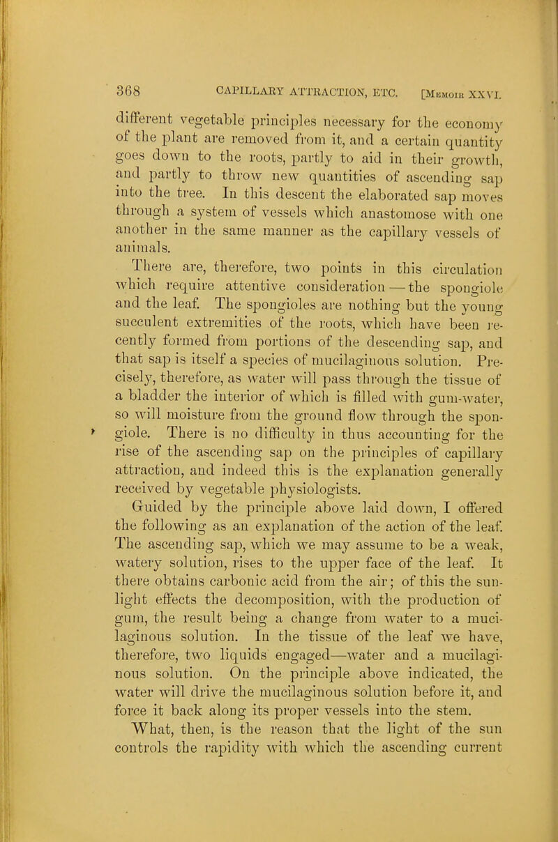 different vegetable principles necessary for the economy of the plant are removed from it, and a certain quantity goes down to the roots, partly to aid in their growth, and partly to throw new quantities of ascending sap into the tree. In this descent the elaborated sap moves through a system of vessels which anastomose with one another in the same manner as the capillary vessels of animals. There are, therefore, two points in this circulation which require attentive consideration — the spougiole and the leaf The spongioles are nothing but the young succulent extremities of the roots, which have been I'e- cently formed from portions of the descending sap, and that sap is itself a species of mucilaginous solution. Pre- cisely, therefore, as water will pass through the tissue of a bladder the interior of which is filled with gum-water, so will moisture from the ground flow through the spon- gioid There is no difficulty in thus accounting for the rise of the ascending sap on the principles of capillaiy attraction, and indeed this is the exjDlanation generally received by vegetable physiologists. Guided by the principle above laid down, I offered the following as an explanation of the action of the leaf. The ascending sap, which we may assume to be a weak, watery solution, rises to the upper face of the leaf It there obtains carbonic acid from the air; of this the sun- light effects the decomposition, with the production of gum, the result being a change from water to a muci- laginous solution. In the tissue of the leaf we have, therefoj'e, two liquids' engaged—water and a mucilagi- nous solution. On the principle above indicated, the water will drive the mucilaginous solution before it, and force it back along its proper vessels into the stem. What, then, is the reason that the light of the sun controls the rapidity with which the ascending current