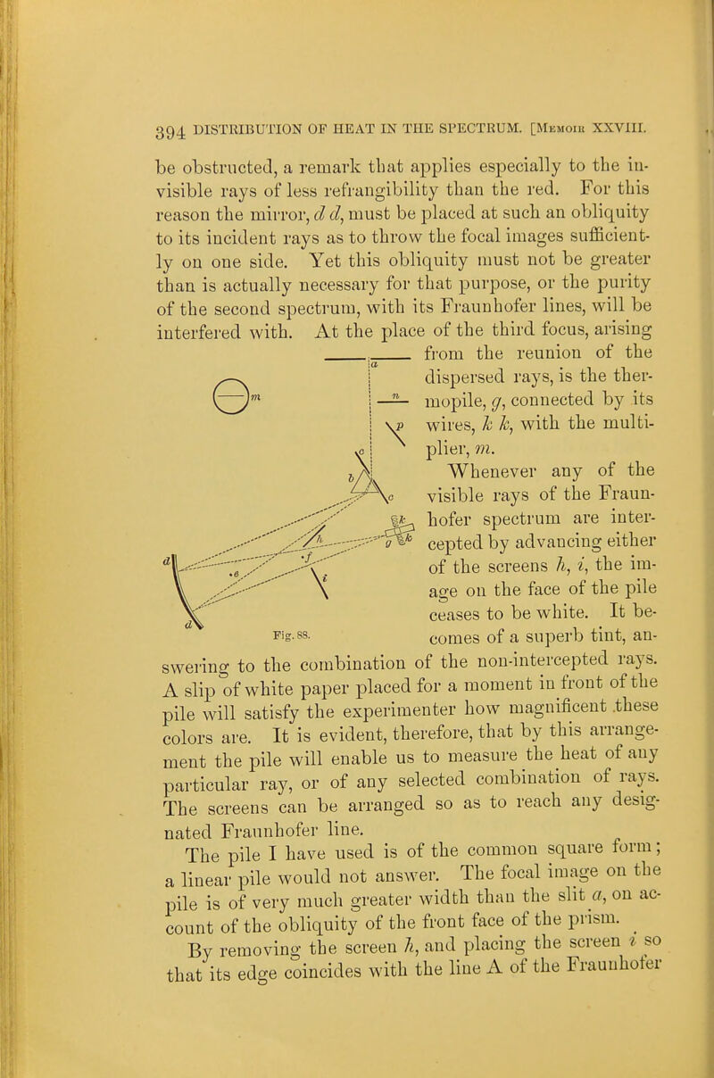 be obstructed, a remark that applies especially to the in- visible rays of less refrangibility than the red. For this reason the mirror, d d, must be placed at such an obliquity to its incident rays as to throw the focal images sufficient- ly on one side. Yet this obliquity must not be greater than is actually necessary for that purpose, or the purity of the second spectrum, with its Fraunhofer lines, will be interfered with. At the place of the third focus, arising . from the reunion of the 0 ■a i dispersed rays, is the ther- mopile, connected by its wires, k k^ with the multi- plier, m. Whenever any of the visible rays of the Fraun- hofer spectrum are inter- cepted by advancing either ^...-'v . of the screens A, ^, the im- \ age on the face of the pile ceases to be white. It be- comes of a superb tint, an- swering to the combination of the non-intercepted rays. A slip of white paper placed for a moment in front of the pile will satisfy the experimenter how magnificent .these colors are. It is evident, therefore, that by this arrange- ment the pile will enable us to measure the heat of any particular ray, or of any selected combination of rays. The screens can be arranged so as to reach any desig- nated Fraunhofer line. The pile I have used is of the common square form; a linear pile would not answer. The focal image on the pile is of very much greater width than the slit a, on ac- count of the obliquity of the front face of the prism. _ By removing the screen A, and placing the screen t so that its edge coincides with the line A of the Fraunhofer