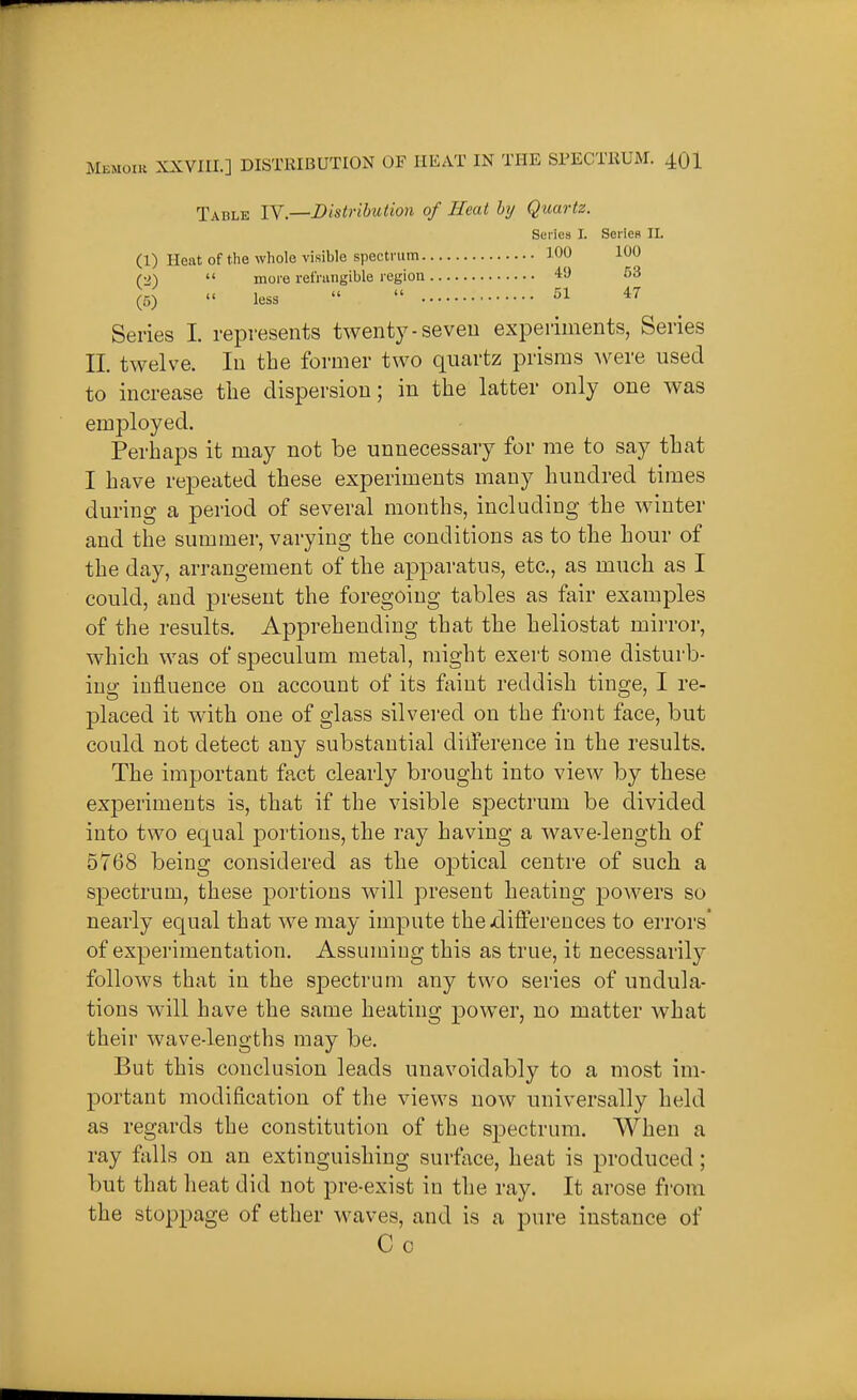 Table lY.—Distribution of Heat hy Quartz. Series I. Series IL (1) Heat of the whole visible spectrum 100 100 (2)  more refrangible region 4'J 53 (5)  less   51 47 Series I. represents twenty-seven experiments, Series II. twelve. In the former two quartz prisms Avere used to increase the dispersion; in the latter only one was employed. Perhaps it may not be unnecessary for me to say that I have repeated these experiments many hundred times during a period of several months, including the winter and the summer, varying the conditions as to the hour of the day, arrangement of the apparatus, etc., as much as I could, and present the foregoing tables as fair examples of the results. Apprehending that the heliostat mirror, which was of speculum metal, might exert some disturb- ing influence on account of its faint reddish tinge, I re- placed it with one of glass silvered on the front face, but could not detect any substantial dilTerence in the results. The important fact clearly brought into view by these experiments is, that if the visible spectrum be divided into two equal portions, the ray having a wave-length of 5768 being considered as the optical centre of such a spectrum, these portions will present heating powers so nearly equal that we may impute the differences to errors of experimentation. Assuming this as true, it necessarily follows that in the spectrum any two series of undula- tions will have the same heating power, no matter what their wave-lengths may be. But this conclusion leads unavoidably to a most im- portant modification of the views now universally held as regards the constitution of the spectrum. When a ray falls on an extinguishing surface, heat is produced; but that heat did not pre-exist in the ray. It arose from the stoppage of ether waves, and is a pure instance of C c