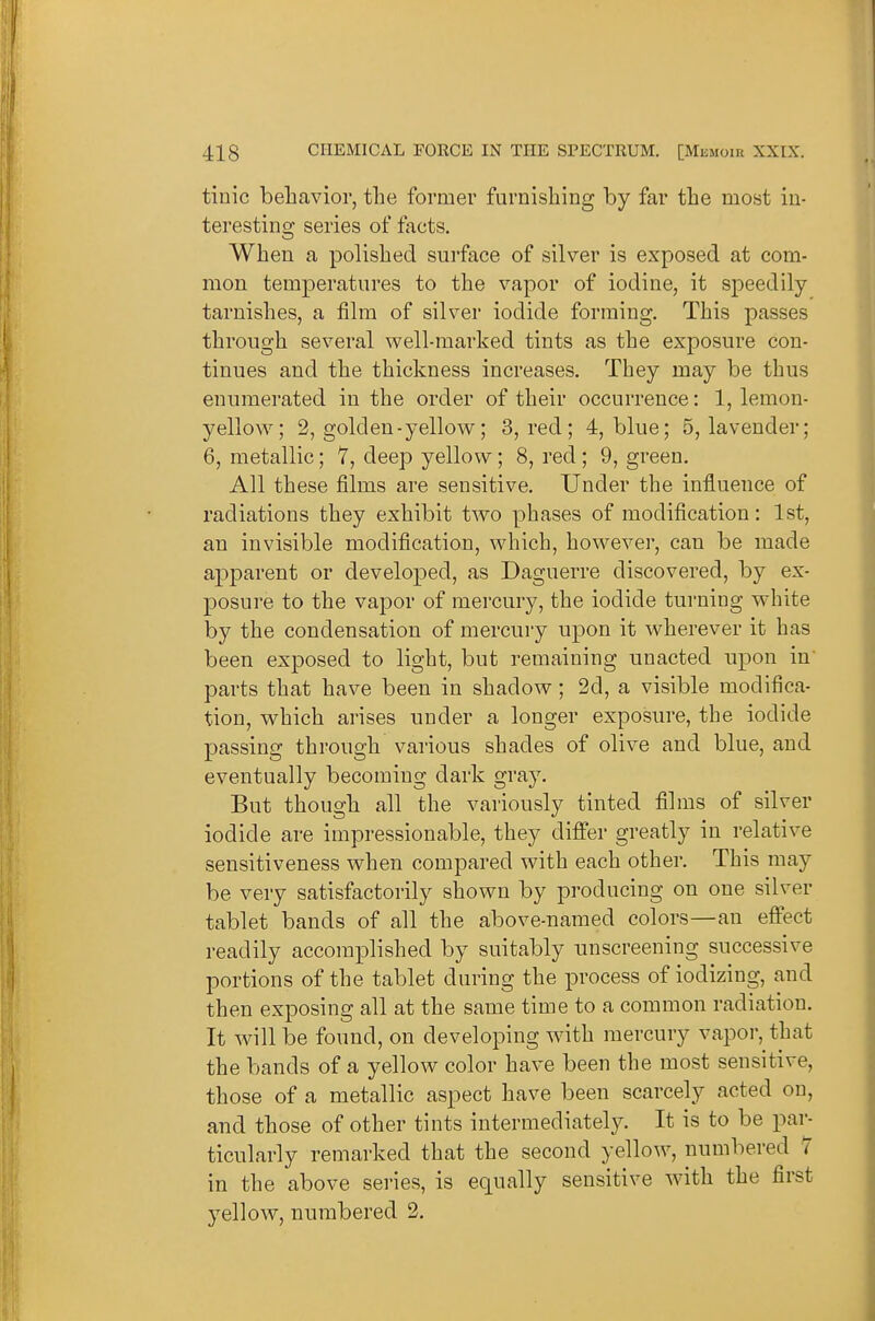 tinic belnavioi, the former furnishing by far the most iu- terestino; series of facts. When a polished surface of silver is exposed at com- mon temperatures to the vapor of iodine, it speedily tarnishes, a film of silver iodide forming. This passes through several well-marked tints as the exposure con- tinues and the thickness increases. They may be thus enumerated in the order of their occurrence: 1, lemon- yellow; 2, golden-yellow; 3, red; 4, blue; 5, lavender; 6, metallic; 7, deep yellow; 8, red; 9, green. All these films are sensitive. Under the influence of radiations they exhibit two phases of modification: 1st, an invisible modification, which, however, can be made apparent or developed, as Daguerre discovered, by ex- posure to the vapor of mercury, the iodide turning white by the condensation of mercury upon it wherever it has been exposed to light, but remaining unacted nxDon in parts that have been in shadow ; 2d, a visible modifica- tion, which arises under a longer exposure, the iodide passing through various shades of olive and blue, and eventually becoming dark gray. But though all the variously tinted films of silver iodide are impressionable, they differ greatly in relative sensitiveness when compared with each other. This may be very satisfactorily shown by producing on one silver tablet bands of all the above-named colors—an effect readily accom^olished by suitably unscreening successive portions of the tablet during the process of iodizing, and then exposing all at the same time to a common radiation. It will be found, on developing with mercury vapor, that the bands of a yellow color have been the most sensitive, those of a metallic aspect have been scarcely acted on, and those of other tints intermediately. It is to be par- ticularly remarked that the second yellow, numbered 7 in the above series, is equally sensitive with the first yellow, numbered 2.