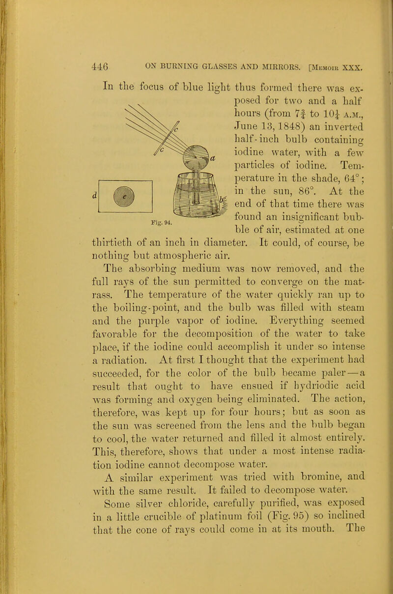 In the focus of blue light thus formed there was ex- posed for two and a half hours (from 7f to 10^ a.m., June 13,1848) an inverted half-inch bulb containino' iodine water, M'ith a few particles of iodine. Tem- perature in the shade, 64°; in the sun, 86°. At the end of that time there was „. , found an iusio-nificant bub- Fig. 94. . p ble of air, estimated at one thirtieth of an inch in diameter. It could, of course, be nothing but atmospheric air. The absorbing medium was now removed, and the full rays of the sun permitted to converge on the mat- rass. The temperature of the water quickly ran up to the boiling-point, and the bulb was filled with steam and the purple vapor of iodine. Everything seemed favorable for the decomposition of the water to take place, if the iodine could accomplish it under so intense a radiation. At first I thought that the experiment had succeeded, for the color of the bulb became paler—a result that ought to have ensued if hydriodic acid was forming and oxygen being eliminated. The action, therefore, was kept up for four hours; but as soon as the sun was screened from the lens and the bulb began to cool, the water returned and filled it almost entirely. This, therefore, shows that under a most intense radia- tion iodine cannot decompose water. A similar experiment was tried with bromine, and with the same result. It failed to decompose water. Some silver chloride, carefully pui'ified, was exposed in a little crucible of platinum foil (Fig. 95) so inclined that the cone of rays could come in at its mouth. The