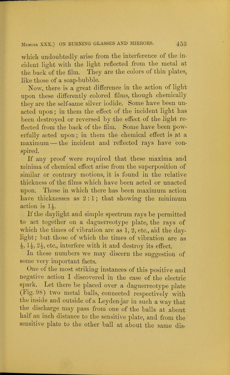 which undoubtedly arise from the interference of the in- cident light with the light reflected from the metal at the back of the film. They are the colors of thin plates, like those of a soap-bubble. Now, there is a great difference in the action of light upon these differently colored films, though chemically they are the self-same silver iodide. Some have been un- acted upon; in them the effect of the incident light has been destroyed or reversed by the efi'ect of the light re- flected from the back of the film. Some have been pow- erfully acted upon; in them the chemical effect is at a maximum — the incident and reflected rays have con- spired. If any proof were required that these maxima and minima of chemical effect arise fi'om the superposition of similar or contrary motions, it is found in the relative thickness of the films which have been acted or unacted upon. Those in which there has been maximum action have thicknesses as 2:1; that showing the minimum action is If the daylight and simple spectrum rays be permitted to act together on a daguerreotype plate, the rays of which the times of vibration are as 1, 2, etc., aid the day- light; but those of wliich the times of vibration are as ^, 2^, etc., interfere with it and destroy its effect. In these numbers we may discern the suggestion of some ver}^ important facts. One of the most striking instances of this positive and negative action I discovei'ed in the case of the electric spark. Let there be placed over a daguerreotype plate (Fig. 98) two metal balls, connected respectively with the inside and outside of a Leyden-jar in such a way that the discharge may pass from one of the balls at about half an inch distance to the sensitive plate, and from the sensitive plate to the other ball at about the same dis-