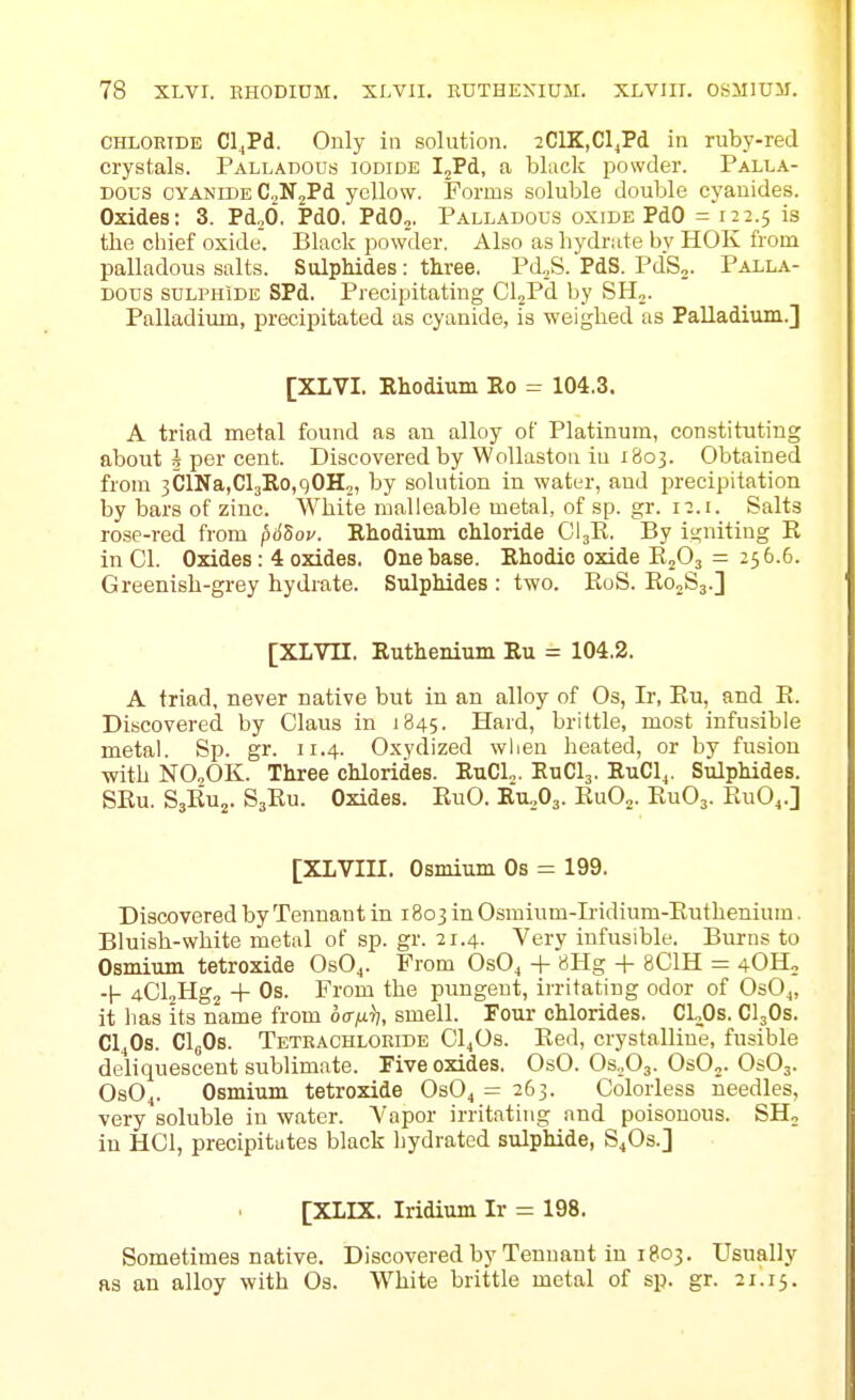 CHLORIDE Cl|Pd. Only in solution. iClK.CljPd in ruby-red crystals. Palladods iodide IjPd, a black powder. Palla- Dous CYANIDE CoNjPd yellow. Forms soluble double cyanides. Oxides: 3. Pd,d. PdO. PdO^. Palladous oxide PdO = 122.5 is the chief oxide. Black powder. Also as hydrate by HOK from palladous salts. Sulphides: three. Pd,S. PdS. PdS,. Palla- dous SULPHIDE SPd. Precipitating CljPd by SH,. Palladium, j)recipitated as cyanide, is weighed as Palladium.] [XLVI. Ehodium Ro = 104.3. A triad metal found as an alloy of Platinum, constituting about h per cent. Discovered by Wollastoa iu 1803. Obtained from 3ClNa,Cl3Eo,90H2, by solution in water, and precipitation by bars of zinc. White malleable metal, of sp. gr. 12.i. Salts rose-red from p6Sou. Rhodium chloride CI3E. By igniting R in CI. Oxides: 4 oxides, Onehase. Rhodic oxide RjO, = 256.6. Greenish-grey hydrate. Sulphides : two. EoS. R02S3.] [XLVn. Ruthenium Ru = 104.2. A triad, never native but in an alloy of Os, Ir, Ru, and R. Discovered by Glaus in 1845. Hard, brittle, most infusible metal. Sp. gr. 11.4. Oxydized when heated, or by fusion ■with NO,OK. Three chlorides. RuCl„. EUCI3. RuCl^. Sulphides. SRu. S3RU2. S3RU. Oxides. RuO. RVO3. RuO^. RUO3. RuO^.] [XLVIII. Osmium Os = 199. Discovered by Tennant in 1803 in Osmium-Ii-idium-Ruthenium. Bluish-white metal of sp. gr. 21.4. Very infusible. Burns to Osmium tetroxide OsOj. From OsO^ -f 8Hg -|- 8C1H = 4OH, -I- ACUHgj + Os. From the pungent, irritating odor of OsO^, it has its name from ocr^i'?, smell. Four chlorides. CLOs. CI3OS. Cl^Os. CloOs. Tetkaohloeide C'ljOs. Red, crystalline, fusible deliquescent sublimate. Five oxides. OsO. OS.O3. OsO,. OSO3. Os04. Osmium tetroxide OsO^ = 263. Colorless needles, very soluble in water. Vapor irritating and poisonous. SHo iu HGl, precipitates black liydrated sulphide, SjOs.] [XIIX. Iridium Ir = 198. Sometimes native. Discovered by Tennant in 1803. Usually as an alloy with Os. White brittle metal of sp. gr. 21.15.