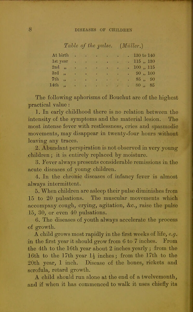 Table of the pulse. (Muller.) At birth .... . 130 to 140 1st year .... . 115 „ 130 2nd „ . 100 „ 115 3rd „ . 90 „ 100 7th „ . . 85 „ 90 14th „ . SO „ 85 The following aphorisms of Bouchut are of the highest practical value : 1. In early childhood there is no relation between the intensity of the symptoms and the material lesion. The most intense fever with restlessness, cries and spasmodic movements, may disappear in twenty-four hours without leaving any traces. 2. Abundant perspiration is not observed in very young children; it is entirely replaced by moisture. 3. Fever always presents considerable remissions in the acute diseases of young children. 4. In the chronic diseases of infancy fever is almost always intermittent. 5. When children are asleep their pulse diminishes from 15 to 20 pulsations. The muscular movements which accompany cough, crying, agitation, &c., raise the pulse 15, 30, or even 40 pulsations. 6. The diseases of youth always accelerate the process of growth. A child grows most rapidly in the first weeks of life, e.g. in the first year it should grow from 6 to 7 inches. From the 4th to the 16th year about 2 inches yearly ; from the 16th to the 17th year 1| inches; from the 17th to the 20th year, 1 inch. Disease of the bones, rickets and scrofula, retard growth. A child should run alone at the end of a twelvemonth, and if when it has commenced to walk it uses chiefly its