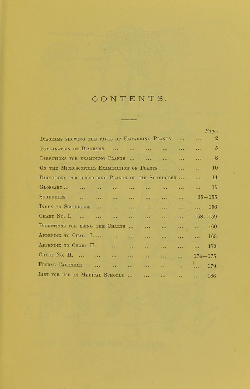 CONTENTS. Page. Diagrams showing the pabts of Flowebing Plants • • • 2 Explanation of Diagbams 5 Directions fob examining Plants ... 8 On the Microscopical Examination op Plants ... 10 Directions for describing Plants in the Schedules ... 14 Glossary 15 Schedules ... ... ... ... 35 -155 Index to Schedules ... 156 Chart No. I. ... ... 158 -159 Directions for using the Charts ... 160 Appendix to Chart I 163 Appendix to Chart n. 172 Chart No. 11 174- -175 Floral Calendar V 179 List for use in Medical Schools 186