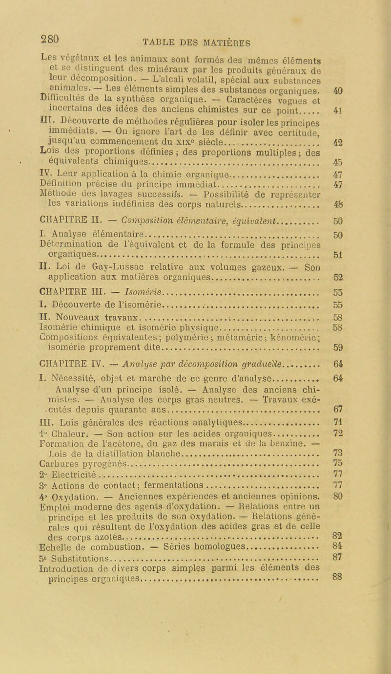 Les vegélnnx et les animaux sont formés des mêmes éléments el so distinguent des minéraux par les produits généraux de leur décomposition. — L'alcali volatil, spécial aux substances animales. — Les éléments simples des substances organiques. 40 Difficultés de la synthèse organique. — Caractères vagues et incertains des idées des anciens chimistes sur ce point 41 III. Découverte de méthodes régulières pour isoler les principes immédiats. — On ignore l'art de les définir avec certitude, jusqu'au commencement du xix siècle 42 Lois des proportions définies ; des proportions multiples ; des équivalents chimiques 45 IV. Leur application à la chimie organique 47 Définition précise du principe immédiat 47 Métliode des lavages successifs. — Possibilité de représenter les variations indéfinies des corps naturels 48 CHAPITRE II. — Composition élémentaire, équivalent 50 I. Analyse élémentaire 50 Détermination de l'équivalent et de la formule des principes organiques 51 II. Loi de Gay-Lussac relative aux volumes gazeux. — Son application aux matières organiques 52 CHAPITRE III. — Isomcrie 55 I. Découverte de l'isomérie 55 II. Nouveaux travaux : 58 Isomérie chimique et isomérie physique 5S Compositions équivalentes; polymérie; métamérie; kénoméi-ie; isomérie proprement dite 59 CHAPITRE IV. — Analyse par décomposition gradiieUe 64 I. Nécessité, objet et marche de ce genre d'analyse 64 Analyse d'un principe isolé. — Analyse des anciens chi- mistes. — Analyse des corps gras neutres. — Travaux exé- .entés depuis quarante ans 67 III. Lois générales des réactions analytiques 71 1° Chaleur. — Son action sur les acides organiques 72 Formation de l'acétone, du gaz des marais et de la benzine. — Lois de la distillation blanche 73 Carbures pyrogénés 75 2» Electricité 77 3° Actions de contact; fermentations 77 4° Oxydation. — Anciennes expériences et anciennes opinions. 80 Emploi moderne des agents d'oxydation. — Relations entre un principe et les produits de son oxydation. — Relations géné- rales qui résultent de l'oxydation des acides gras et de celle des corps azotés 82 Echelle de combustion. — Séries homologues 84 5° Substitutions 87 Introduction de divers corps simples parmi les éléments des principes organiques 88
