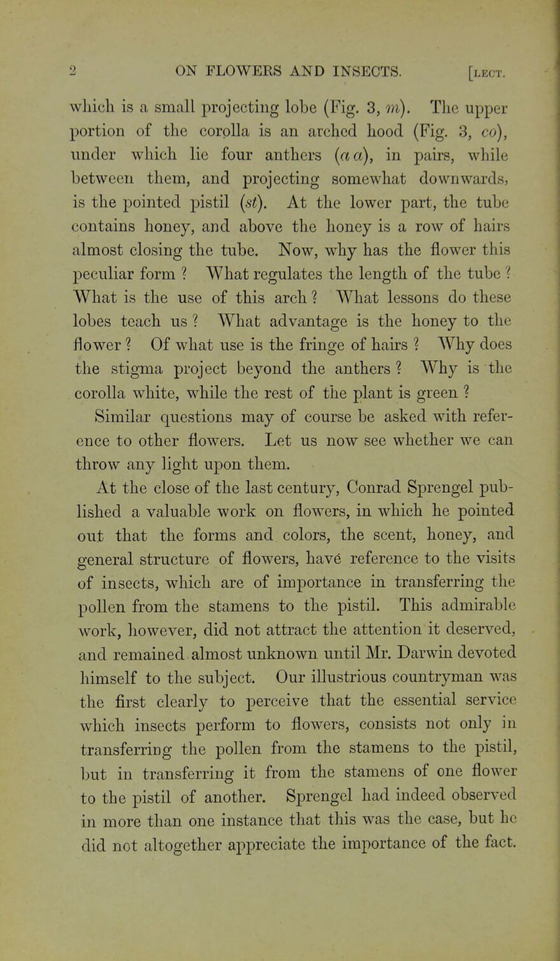 which is ca small projecting lobe (Fig. 3, m). The upper portion of the corolla is an arched hood (Fig. 3, co), under which lie four anthers (a a), in pairs, while between them, and projecting somewhat downwards, is the pointed pistil (st). At the lower part, the tube contains honey, and above the honey is a row of hairs almost closing the tube. Now, why has the flower this peculiar form ? What regulates the length of the tube ? What is the use of this arch ? What lessons do these lobes teach us ? What advantage is the honey to the flower ? Of what use is the fringe of hairs 1 AVhy does the stigma project beyond the anthers ? Why is the corolla white, while the rest of the plant is green ? Similar questions may of course be asked with refer- ence to other flowers. Let us now see whether we can throw any light upon them. At the close of the last century, Conrad Sprengel pub- lished a valuable work on flowers, in which he pointed out that the forms and colors, the scent, honey, and general structure of flowers, hav6 reference to the visits of insects, which are of importance in transferring the pollen from the stamens to the pistil. This admirable work, however, did not attract the attention it deserved, and remained almost unknown until Mr. Darwin devoted himself to the subject. Our illustrious countryman was the first clearly to perceive that the essential service which insects perform to flowers, consists not only in transferring the pollen from the stamens to the pistil, but in transferring it from the stamens of one flower to the pistil of another. Sprengel had indeed observed in more than one instance that this was the case, but he did not altogether appreciate the importance of the fact.