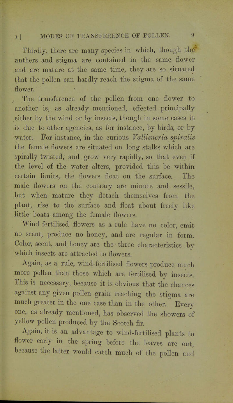 Thirdly, there are many species in which, though the anthers and stigma are contained in the same flower and are mature at the same time, they are so situated that the pollen can hardly reach the stigma of the same flower. The transference of the pollen from one flower to another is, as already mentioned, eflected principally either by the wind or by insects, though in some cases it is due to other agencies, as for instance, by birds, or by water. For instance, in the curious Vallisneria spiralis the female flowers are situated on loug stalks which are spirally twisted, and grow very rapidly, so that even if the level of the water alters, provided this be within certain limits, the flowers float on the surface. The male flowers on the contrary are minute and sessile, but when mature they detach themselves from the plant, rise to the surface and float about freely like little boats among the female flowers. Wind fertilised flowers as a rule have no color, emit no scent, produce no honey, and are regular in form. Color, scent, and honey are the three characteristics by which insects are attracted to flowers. Again, as a rule, w^ind-fertilised flowers produce much more pollen than those which are fertilised by insects. This is necessary, because it is obvious that the chances against any given pollen grain reaching the stigma are much greater in the one case tlian in the other. Every one, as already mentioned, has observed the showers of yellow pollen produced by the Scotch fir. Again, it is an advantage to wdnd-fertilised plants to flower early in the spring before the leaves are out, because the latter would catch much of the pollen and