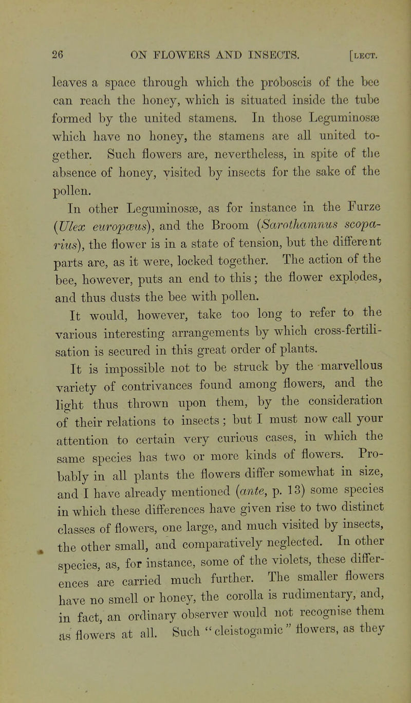 leaves a space tlirougli which the proboscis of the bee can reach the honey, which is situated inside the tube formed by the united stamens. In those Leguminosse which have no honey, the stamens are all united to- gether. Such flowers are, nevertheless, in spite of the absence of honey, visited by insects for the sake of the pollen. In other Leguminosse, as for instance in the Furze {Ulex europceus), and the Broom {Sarothamnus scopa- rius), the flower is in a state of tension, but the different parts are, as it were, locked together. The action of the bee, however, pnts an end to this; the flower explodes, and thus dusts the bee with pollen. It would, however, take too long to refer to the various interesting arrangements by which cross-fertili- sation is secured in this great order of plants. It is impossible not to be struck by the marvellous variety of contrivances found among flowers, and the light thus thrown upon them, by the consideration of their relations to insects; but I must now call your attention to certain very curious cases, in which the same species has two or more kinds of flowers. Pro- bably in all plants the flowers diff'er somewhat in size, and I have already mentioned {ante, p. 13) some species in which these difi'erences have given rise to two distinct classes of flowers, one large, and much visited by insects, the other small, and comparatively neglected. In other species, as, for instance, some of the violets, these difi'er- ences are carried much further. The smaller flowers have no smell or honey, the corolla is rudimentary, and, in fact, an ordinary observer would not recognise them as flowers at all. Such - cleistogamic  flowers, as they