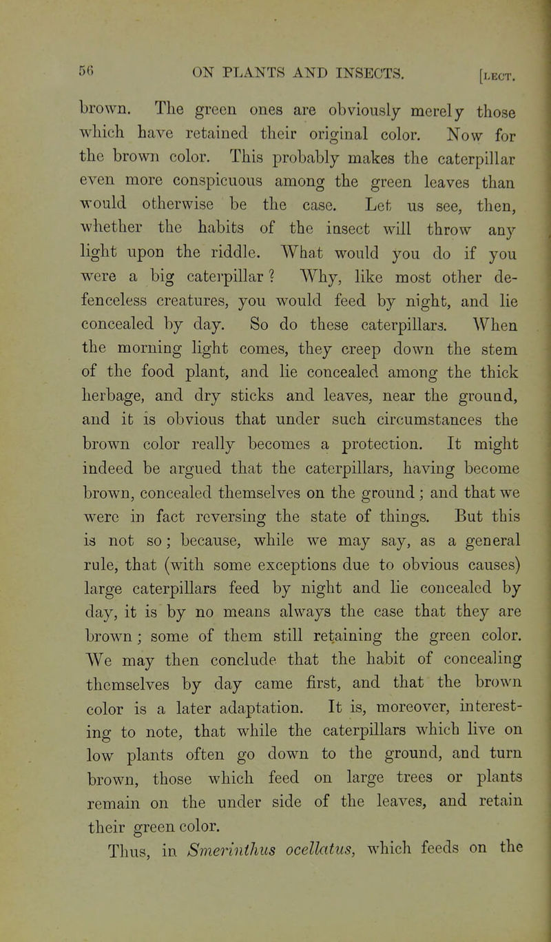 brown. The green ones are obviously merely those which have retained their original color. Now for the brown color. This probably makes the caterpillar even more conspicuous among the green leaves than would otherwise be the case. Let us see, then, whether the habits of the insect will throw any light upon the riddle. Wha,t would you do if you were a big caterpillar ? Why, like most other de- fenceless creatures, you would feed by night, and lie concealed by day. So do these caterpillars. When the morning light comes, they creep down the stem of the food plant, and lie concealed among the thick herbage, and dry sticks and leaves, near the grouud, and ifc is obvious that under such circumstances the brown color really becomes a protection. It might indeed be argued that the caterpillars, having become brown, concealed themselves on the ground; and that we were in fact reversing; the state of thino-s. But this is not so; because, while we may say, as a general rule, that (with some exceptions due to obvious causes) large caterpillars feed by night and lie concealed by day, it is by no means always the case that they are brown; some of them still retaining the green color. We may then conclude that the habit of concealing themselves by day came first, and that the brown color is a later adaptation. It is, moreover, interest- ing to note, that while the caterpillars which live on low plants often go down to the ground, and turn brown, those which feed on large trees or plants remain on the under side of the leaves, and retain their green color. Thus, in Smerinihus ocellatus, which feeds on the