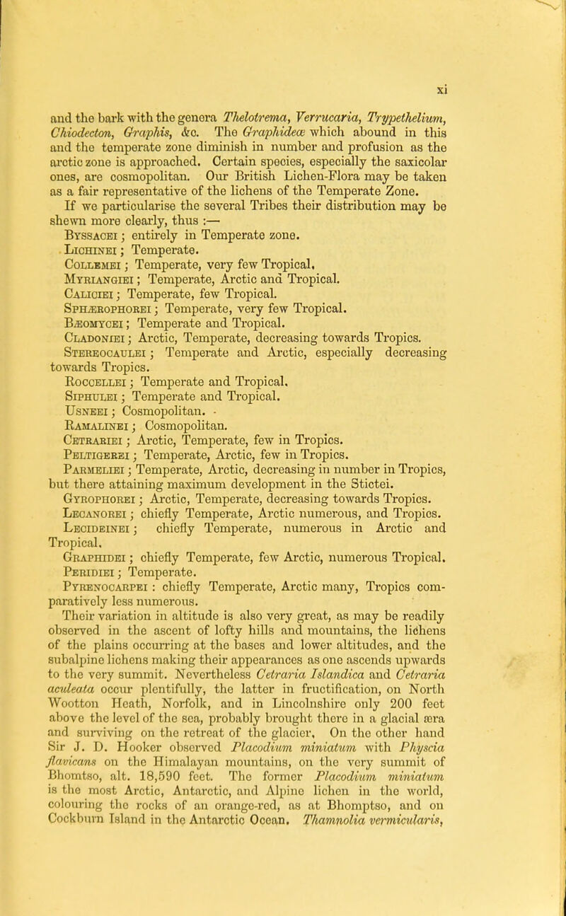 and the bark with the genera TMotrema, Verrucaria, Trypetlielium, Chiodecton, Graphis, &o. The Graphidece which abound in this and the temperate zone diminish in number and profusion as the arctic zone is approached. Certain species, especially the saxicolar ones, are cosmopolitan. Our British Lichen-Flora may be taken as a fair representative of the lichens of the Temperate Zone. If we particularise the several Tribes their distribution may be shewn more clearly, thus :— Byssacei ; entirely in Temperate zone. Lichinei ; Temperate. Collbmei ; Temperate, very few Tropical. Myriangiei ; Temperate, Arctic and Tropical. Calioiei ; Temperate, few Tropical. SPHiEEopHOBEi; Temperate, very few Tropical. BjEomycei ; Temperate and Tropical. Cladoniei ; Arctic, Temperate, decreasing towards Tropics. Stereocaulei ; Temperate and Arctic, especially decreasing towards Tropics. Boccellei ; Temperate and Tropical, Siphulei ; Temperate and Tropical. Usneei ; Cosmopolitan. - Bamalinei ; Cosmopolitan. Cetrabiei ; Arctic, Temperate, few in Tropics. Peltigebei ; Temperate, Arctic, few in Tropics. Pabmeliei ; Temperate, Arctic, decreasing in number in Tropics, but there attaining maximum development in the Stictei. Gybophoeei ; Arctic, Temperate, decreasing towards Tropics. Lecanorei ; chiefly Temperate, Arctic numerous, and Tropios. Lecideinei ; chiefly Temperate, numerous in Arctic and Tropical. Graphidei ; chiefly Temperate, few Arctic, numerous Tropical. Pebidiei ; Temperate. Pyrenocarpei : chiefly Temperate, Arctic many, Tropics com- paratively less numerous. Their variation in altitude is also very great, as may be readily observed in the ascent of lofty hills and mountains, the licliens of the plains occurring at the bases and lower altitudes, and the subalpine lichens making their appearances as one ascends upwards to the very summit. Nevertheless Cetraria Islandica and Cetraria aculeata occur plentifully, the latter in fructification, on North Wootton Heath, Norfolk, and in Lincolnshire only 200 feet above the level of the sea, probably brought there in a glacial asra and surviving on the retreat of the glacier. On the other hand Sir J. D. Hooker observed Placodium miniatum with Physcia flavieans on the Himalayan mountains, on the very summit of Bhomtso, alt. 18,590 feet. The former Placodium miniatum is the most Arctic, Antarctic, and Alpine lichen in the world, colouring tho rocks of an orange-red, as at Bhomptso, and on Cockbuvn Island in the Antarctic Ocean. Thamnolia vermicularis,