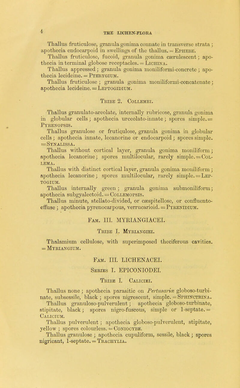 THE LICHEN-FLORA Thallus fruticulose, granula gonima connate in transverse strata ; apothecia endocarpoid in swellings of the thallus. = Ephebe. Thallus fruticulose, fucoid, granula gonima cserulescent; apo- thecia in terminal globose receptacles. = Lichina. Thallus appressed; granula gonima moniliformi-concrete; apo- thecia lecideine. = Pterygium. Thallus fruticulose ; granula gonima moniliformi-concatenate; apothecia lecideine. = Leptogibtum. Tribe 2. Collemei. Thallus granulato-areolate, internally rubricose, granula gonima in globular cells; apothecia urceolato-innate; spores simple. = Pyrenopsis. Thallus granulose or fruticulose, granula gonima in globular cells; apothecia innate, lecanorine or endocarpoid; spores simple. = Synalissa. Thallus without cortical layer, granula gonima moniliform; apothecia lecanorine; spores multilocular, rarely simple. = Col- lema. Thallus with distinct cortical layer, granula gonima moniliform; apothecia lecanorine; spores multilocular, rarely simple. = Lep- togium. Thallus internally green; granula gonima submoniliform; apothecia subgyalectoid. = Collemopsis. Thallus minute, stellato-divided, or csespitellose, or confluento- effuse ; apothecia pyrenocarpous, verrucarioid. =Pyrenidium. Fam. III. MYRIANGIACEI. Tribe I. Myriangiei. Thalamium cellulose, with superimposed theciferous cavities. = Myriangium. Fam. III. LICHENACEI. Series I. EPICONIODEI. Tribe I. Caliciei. Thallus none; apothecia parasitic on Pertusarice globoso-turbi- nate, subsessile, black; spores nigrescent, simple. =Sphinctrina. Thallus granuloso-pulverulent; apothecia globoso-turbinate, stipitate, black; spores nigro-fuscous, simple or 1-septate. = Calicium. Thallus pulverulent; apothecia globoso-pulverulent, stipitate, yellow ; spores colourless. = Coniocybe. Thallus granulose; apothecia cupuliform, sessile, black; spores nigricant, 1-septate. = Trachylia.