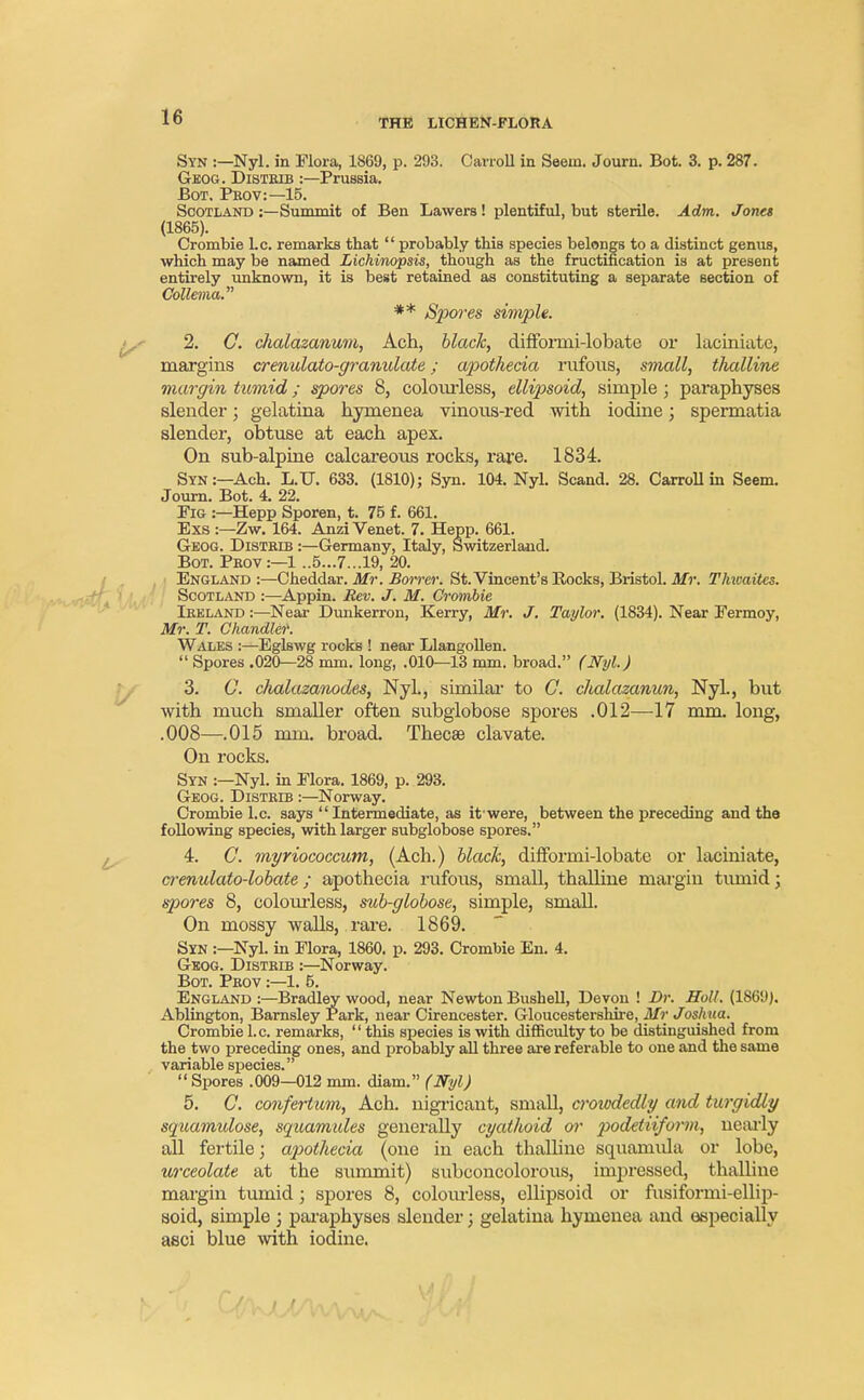 Syn :—Nyl. in Flora, 1869, p. 293. Carroll in Seem. Journ. Bot. 3. p. 287. Geog. Disteib :—Prussia. Bot. Pbov:—15. Scotland :—Summit of Ben Lawers! plentiful, but sterile. Adm. Jones (1865). Crombie La remarks that  probably this species belongs to a distinct genus, which may be named Lichinopsis, though as the fructification is at present entirely unknown, it is best retained as constituting a separate section of Collema. ** Spores simple. 2. C. cJialazanum, Ach, black, difformi-lobate or laciniate, margins crenulato-gramdate; apothecia rufous, small, thalline margin tumid; spores 8, colourless, ellipsoid, simple; paraphyses slender; gelatina hymenea vinous-red with iodine; spermatia slender, obtuse at each apex. On sub-alpine calcareous rocks, rare. 1834. Syn:—Ach. L.U. 633. (1810); Syn. 104. Nyl. Scand. 28. Carroll in Seem. Journ. Bot. 4. 22. Fig :—Hepp Sporen, t. 75 f. 661. Exs :—Zw. 164. Anzi Venet. 7. Hepp. 661. Geog. Distrlb :—Germany, Italy, Switzerland. Bot. Prov:—1 ..5...7...19, 20. England :—Cheddar. Mr. Borrer. St.Vincent's Eocks, Bristol. Mr. Thwaites. Scotland :—Appin. Rev. J. M. Crombie Ireland :—Near Dunkerron, Kerry, Mr. J. Taylor. (1834). Near Fermoy, Mr. T. Chandler. Wales :—Eglswg rocks ! near Llangollen.  Spores .020—28 mm. long, .010—13 mm. broad. (Nyl.) 3. G. chalazanodes, Nyl., similar to G. chalazanun, Nyl., but with much smaller often subglobose spores .012—17 mm. long, .008—.015 mm. broad. Thecae clavate. On rocks. Syn :—Nyl. in Flora. 1869, p. 293. Geog. Distrib :—Norway. Crombie I.e. says Intermediate, as it'were, between the preceding and the following species, with larger subglobose spores. 4. G. myriococcum, (Ach.) black, dinbrmi-lobate or laciniate, crenulato-lobate; apothecia rufous, small, thalline margin tumid; spores 8, colourless, sub-globose, simple, small. On mossy walls, rare. 1869. Syn :—Nyl. in Flora, 1860. p. 293. Crombie En. 4. Geog. Distrib :—Norway. Bot. Prov :—1. 5. England :—Bradley wood, near Newton Bushell, Devon ! Dr. Holl. (1S69). Ablington, Barnsley Park, near Cirencester. Gloucestershire, Mr Joshua. Crombie I.e. remarks,  this species is with difficulty to be distinguished from the two preceding ones, and probably all three are referable to one and the same variable species. Spores .009—012 mm. diam. (Nyl) 5. G. confertum, Ach. nigricant, small, crowdedly and turgidly sqiiamulose, squamides generally cyathoid or podetiiform, nearly all fertile; apothecia (one in each thalline squamida or lobe, urceolate at the summit) subconcolorous, impressed, thalline margin tumid; spores 8, colourless, ellipsoid or fusiformi-ellip- soid, simple ; paraphyses slender; gelatina hymenea and especially asci blue with iodine.