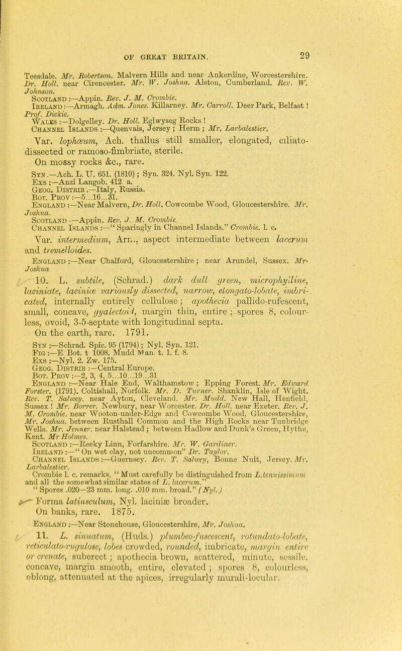 Teesdale. Mr. Robertson. Malvern Hills and near Ankerdine, Worcestershire. Dr. Hull, near Cirencester. Mr. W. Joshua. Alston, Cumberland. Rev. W. Johnson. Scotland :—Appin. Rev. J. M. Crombie. Ireland :—Armagh. Adm. Jones. Killarney. Mr. Can-oil. Deer Park, Belfast! Prof. Dickie. Walks :—Dolgelley. Dr. Holl. Eglwyseg Rocks ! Channel Islands :—Quenvais, Jersey ; Herm ; Mr. Larbalestier. Var. lophceum, Ach. thallus still smaller, elongated, ciliato- dissected or ramoso-fimbriate, sterile. On mossy rocks &c, rare. SYN.-Ach. L.U. 651. (1810); Syn. 324. Nyl. Syn. 122. Exs :—Anzi Langob. 412 a. Geog. Distrlb .—Italy, Eussia. Bot. Prov :—5...16...31. England :—Near Malvern, Dr. Holl, Cowcombe Wood, Gloucestershire. Mr. Joshua. Scotland—Appin. Rev. J. M. Crombie. Channel Islands :— Sparingly in Channel Islands. Crombie. L c. Var. intermedium, Arn., aspect intermediate between lactrum and tremelloides. England :—Near Chalford, Gloucestershire; near Arundel, Sussex. Mr- Joshua 10. L. subtile, (Schrad.) dark dull green, microphylline, laciniate, lacinice variously dissected, narrow, eiongato-lobate, imbri- cated, internally entirely cellulose; apoihecia pallido-rufescent, small, concave, gyalectovi, margin thin, entire ; spores 8, colour- less, ovoid, 3-5-septate with longitudinal septa. On the earth, rare. 1791. Syn :-Schrad. Spic. 95 (1794); Nyl. Syn. 121. Fig :—E Bot. t 1008. Mudd Man. t. 1. f. 8. Exs :—Nyl. 2. Zw. 175. Geog. DiSTRre :—Central Europe. Bot. Prov :-2, 3, 4, 5...10...19...31 England :—Near Hale End, Walthamstow ; Epping Forest. Mr. Edward Forster. (1791). Coltishall, Norfolk. Mr. D. Turner. Shanklin, Isle of Wight. Rev. T. Salwey. near Ayton, Cleveland. Mr. Mudd. New Hall, Henfield, Sussex ! Mr. Borrer. Newbury, near Worcester. Dr. Holl. near Exeter. Rev. J. M. Crombie. near Wooton-under-Edge and Cowcombe Wood, Gloucestershire, Mr, Joshua, between Rusthall Common and the High Rocks near Tunbridge Wells. Mr. Jenner. near Halstead ; between Hadlow and Dunk's Green, ] I ythe, Kent. Mr Holmes. Scotland :—Reeky Linn, Forfarshire. Mr. W. Gardiner. Iuhland :— On wet clay, not uncommon Dr. Taylor. Channel Islands :—Guernsey. Rev. T. Sahvey, Bonne Nuit, Jersey. Mr. Larbalestier. Crombie 1. c. remarks,  Must carefully be distinguished from L.tcnuissinanu and all the somewhat similar states of Ij. lacerum.'  Spores .020—23 mm. long. .010 mm. broad. (Nyl. J Forma laliusculum, Nyl. lacinirc broader. On banks, rare. 1875. England :—Near Stonehouse, Gloucestershire, Mr. Joshua. 11. L. sinuatum, (Huds.) plumbeo-fuscescent, rotundato-lobate, reticidato-rugidose, lobes crowded, rounded, imbricate, margin entire orcrenate, suberect; apothccia brown, scattered, minute, sessile, concave, margin smooth, entire, elevated ; spores 8, colourless, oblong, attenuated at the apices, irregularly murali-locular.