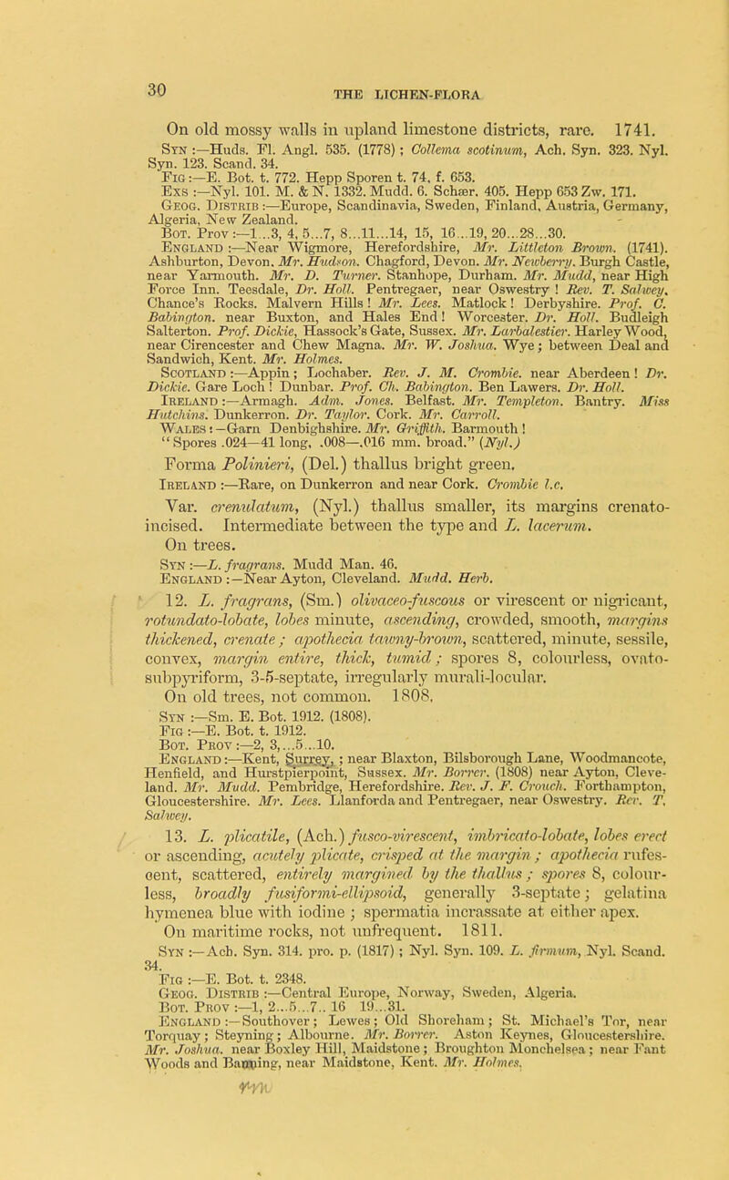 On old mossy walls in upland limestone districts, rare. 1741. Stn :—Huds. Fl. Angl. 535. (1778); Collema scotinum, Ach. Syn. 323. Nyl. Syn. 123. Scand. 34. Fig :—E. Bot. t. 772. Hepp Sporen t. 74. f. 653. Exs :—Nyl. 101. M. & N. 1332. Mudd. 6. Schajr. 405. Hepp 653 Zw. 171. Geog. Distrib :—Europe, Scandinavia, Sweden, Finland, Austria, Germany, Algeria, New Zealand. Bot. Prov:—1...3, 4, 5...7, 8...11...14, 15, 16...19, 20...28...30. England :—Near Wigmore, Herefordshire, Mr. Littleton Brown, (1741). Ashburton, Devon. Mr. Hudson, Chagford, Devon. Mr. Newbem-y. Burgh Castle, near Yarmouth. Mr. D. Turner. Stanhope, Durham. Mr. Mudd, near High Force Inn. Teesdale, Dr. Holl. Pentregaer, near Oswestry ! Rev. T. Sahoey. Chance's Rocks. Malvern Hills ! Mr. Lees. Matlock ! Derbyshire. Prof. C. Babivgton. near Buxton, and Hales End! Worcester. Dr. Holl. Budleigh Salterton. Prof. Dickie, Hassock's Gate, Sussex. Mr. Larbalestier. Harley Wood, near Cirencester and Chew Magna. Mr. W. Joshua. Wye; between Deal and Sandwich, Kent. Mr. Holmes. Scotland :—Appin; Lochaber. Rev. J. M. Crombie. near Aberdeen ! Dr. Dickie. Gare Loch ! Dunbar. Prof. Ch. Babington. Ben Lawers. Dr. Holl. Ireland :—Armagh. Adm. Jones. Belfast. Mr. Templeton. Bantry. Miss Hutchins. Dunkerron. Dr. Taylor. Cork. Mr. Carroll. Wales:—Garn Denbighshire. Mr. Griffith. Barmouth ! Spores .024-41 long, .008—016 mm. broad. {Nyl.) Forma Polinieri, (Del.) thallus bright green. Ireland :—Rare, on Dunkerron and near Cork. Crombie I.e. Var. crenulatum, (Nyl.) thallus smaller, its margins crenato- incised. Intermediate between the type and L. lacerum. On trees. Syn :—L. fragrans. Mudd Man. 46. England :—Near Ayton, Cleveland. Mudd. Herb. 12. L. fragrans, (Sm.) olivaceo-fuscous or virescent or nigricant, rotwidato-lobate, lobes minute, ascending, crowded, smooth, margins thickened, crenate ; apothecia, tarony-brotvn, scattered, minute, sessile, convex, margin entire, thick, tumid; spores 8, colourless, ovato- subp3T:iform, 3-5-septate, irregulai'ly murali-1 ocular. On old trees, not common. 1808, Stn :—Sm. E. Bot. 1912. (1808). Fig :—E. Bot. t. 1912. Bot. Peov:—2, 3,...5... 10. England :—Kent, Surrey, ; near Blaxton, Bilsborough Lane, Woodmancote, Henfield, and Hurstpierpoiut, Sussex. Air. Borrcr. (1808) near Ayton, Cleve- land. Mr. Mvdd. Pembridge, Herefordshire. Rev. J. F. Crouch. Forthampton, Gloucestershire. Mr. Lees. Llanforda and Pentregaer, near Oswestry. Rev. T. Salwey. 13. L. iMcatile, (Ach.) fusco-virescent, imbricato-lobate, lobes erect or ascending, acutely plicate, crisped at the margin; apothecia rufes- cent, scattered, entirely margined, by the thai/its ; spores 8, colour- less, broadly fusiformi-ellipsoid, generally 3-septate; gelatina hymenea blue with iodine ; spermatia incrassate at either apex. On maritime rocks, not unfrequent. 1811. Syn :-Acb. Syn. 314. pro. p. (1817) ; Nyl. Syn. 109. L. firmum, Nyl. Scand. 34. Fig :—E. Bot. t. 2348. Geog. Distrib :—Central Europe, Norway, Sweden, Algeria. Bot. Prov :—1, 2...5.. 7.. 16 19...31. England :— Southover; Lewes; Old Shoreham ; St. Michael's Tor, near Torquay; Steyning; Albourne. Mr. Bon-cr. Aston Keynes, Gloucestershire. Mr. Joshua, near Boxley Hill, Maidstone ; Broughton Monehelsea ; near Fant Woods and Banning, near Maidstone, Kent. Mr. Holmes.