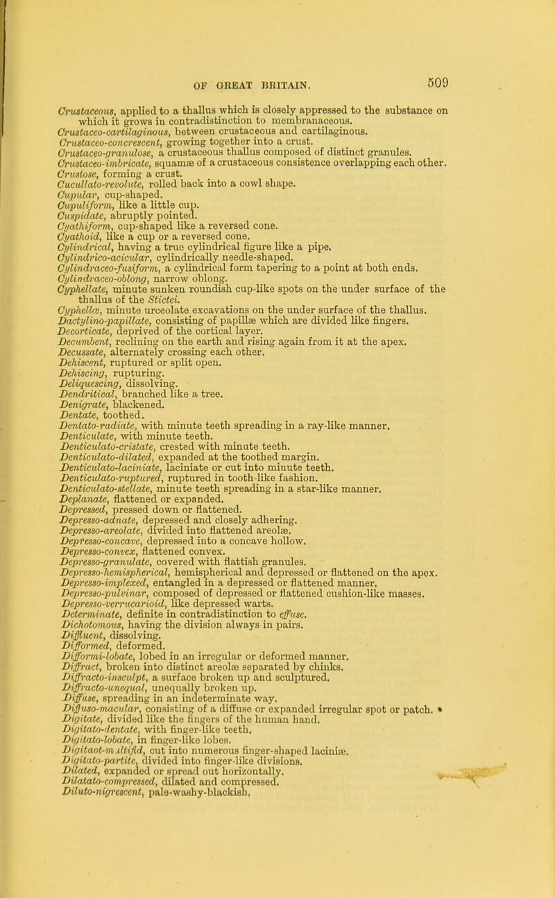 Crustaceous, applied to a thallus which is closely appressed to the substance on which it grows in contradistinction to membranaceous. Crustaceo-cartilaginous, between crustaceous and cartilaginous. Crustaceo-concrescent, growing together into a crust. Crustaceo-granulose, a crustaceous thallus composed of distinct granules. Crustaceo-imbi'icate, squamae of a crustaceous consistence overlapping each other. Cruslose, forming a crust. Cucullato-revolidc, rolled back into a cowl shape. Cupular, cup-shaped. Cuspidate, abruptly pointed. Cyathiform, cup-shaped like a reversed cone. Cyathoid, like a cup or a reversed cone. Cylindrical, having a true cylindrical figure like a pipe. Cylindrico-acicular, cylindrically needle-shaped. Cylindraceo-fimform, a cylindrical form tapering to a point at both ends. Cylindracco-oblong, narrow oblong. Cgphellate, minute sunken roundish cup-like spots on the under surface of the thallus of the Stictei. Cyphellai, minute urceolate excavations on the under surface of the thallus. Dactylino-papillate, consisting of papillae which are divided like fingers. Decorticate, deprived of the cortical layer. Decumbent, reclining on the earth and rising again from it at the apex. Decussate, alternately crossing each other. Dehiscent, ruptured or split open. Dehiscing, rupturing. Deliquescing, dissolving. Dendritical, branched like a tree. Denigrate, blackened. Dentate, toothed. Dentato-radiate, with minute teeth spreading in a ray-like manner. Denticulate, with minute teeth. Denticulato-cristate, crested with minute teeth. Denticulato-dilated, expanded at the toothed margin. Denticulato-laciniate, laciniate or cut into minute teeth. Denticidato-mptured, ruptured in tooth-like fashion. Denticulato-stellate, minute teeth spreading in a star-like manner. Deplanate, flattened or expanded. Depressed, pressed down or flattened. Depresso-adnate, depressed and closely adhering. Depresso-areolatc, divided into flattened areolae. Depresso-concavc, depressed into a concave hollow. Depresso-convex, flattened convex. Depresso-granulate, covered with flatfish granules. Depresso-hemispherical, hemispherical and depressed or flattened on the apex. Deprcsso-implexed, entangled in a depressed or flattened manner, Depresso-pidvinar, composed of depressed or flattened cushion-like masses. Depresso-verrucarioid, like depressed warts. Determinate, definite in contradistinction to effuse. Dichotomous, having the division always in pairs. Diffluent, dissolving. Dtfformed, deformed. Diffoi-mi-lobate, lobed in an irregular or deformed manner. Diffract, broken into distinct areolae separated by chinks. Diffracto-insculpt, a surface broken up and sculptured. Diffracto-unequal, unequally broken up. Diffuso-macular, consisting of a diffuse or expanded irregular spot or patch. • Digitate, divided like the fingers of the human hand. Digitato-dentatel with finger-like teeth, Di'jitato-lobate, in finger-like lobes. Digitaot-mxltifid, cut into numerous finger-shaped laciniae. Digitato-partite, divided into finger-like divisions. Dilated, expanded or spread out horizontally. Dilatato-comprcsscd, dilated and compressed. Diluto-nigrcscent, pale-washy-blackish.