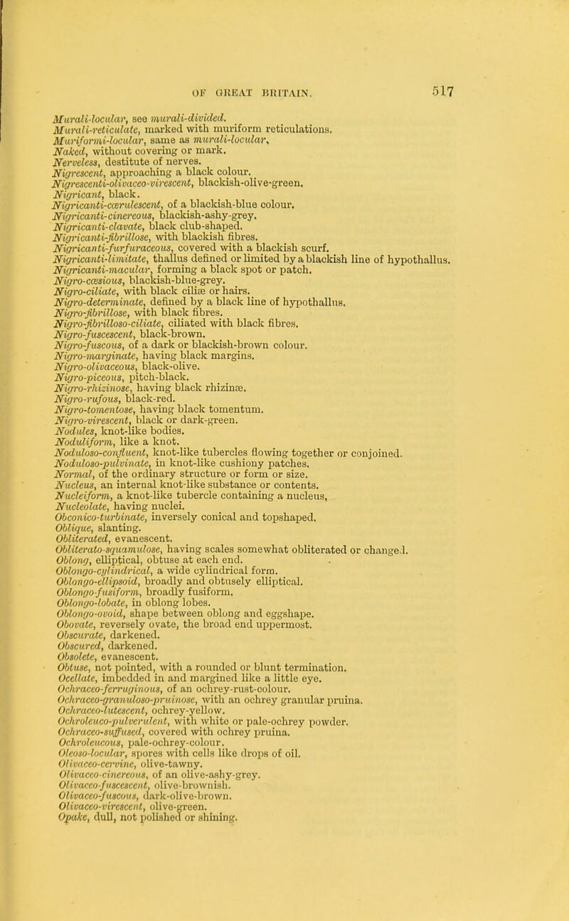 Murali-locular, see murali-divided. Murali-rcticulatc, marked with muriform reticulations. Muriformi-locular, same as murali-locular, Naked, without covering or mark. Nerveless, destitute of nerves. Nigrescent, approaching a black colour. Nigrescenti-olivaceo-virescent, blackish-olive-green. Niyricant, black. Nigricanti-ccerulescent, of a blackish-blue colour. Nigricanti-cinereous, blackish-ashy-grey. Nigricanti-clavate, black club-shaped. Nigricanti-fibrillose, with blackish fibres. Nigi'icanti-furfuraceous, covered with a blackish scurf. Nigricanti-limitate, thallus defined or limited by a blackish line of hypothallus. Nigricanti-macular, forming a black spot or patch. Nigiv-ccesious, blackish-blue-grey. Nigro-ciliate, with black cilise or hairs. Nigro-determinate, defined by a black line of hypothallus. Nigro-fibrillose, with black fibres. Nigro-fibrilloso-ciliate. ciliated with black fibres. Nigro-fuscescent, black-brown. Nigro-fuscous, of a dark or blackish-brown colour. Nigro-marginate, having black margins. Nigro-olivaceous, black-olive. Nigro-piceous, pitch-black. Nigro-rhizinose, having black rhizince. Nigro-rufous, black-red. Nigro-tomentose, having black tomentum. Nigro-virescent, black or dark-green. Nodules, knot-like bodies. Noduliform, like a knot. Noduloso-conjluent, knot-like tubercles flowing together or conjoined. Noduloso-pulvinate, in knot-like cushiony patches. Normal, of the ordinary structure or form or size. Nucleus, an internal knot-like substance or contents. Nucleiform, a knot-like tubercle containing a nucleus, Nucleolate, having nuclei. Obconivo-turbinate, inversely conical and topshaped, Oblique, slanting. Obliterated, evanescent. Obliterato-squamulose, having scales somewhat obliterated or changed. Oblong, elliptical, obtuse at each end. Oblongo-cyli/ndrical, a wide cylindrical form. Oblongo-ellipsoid, broadly and obtusely elliptical. Oblongo f usiform, broadly fusiform. Oblongo-lobate, in oblong lobes. Oblongo-ovoid, shape between oblong and eggshape. Obovate, reversely ovate, the broad end uppermost. Obscurate, darkened. Obscured, darkened. Obsolete, evanescent. Obtuse, not pointed, with a rounded or blunt termination. Ocellate, imbedded in and margined like a little eye. Ochraceo-ferruginous, of an ochrey-rust-colour. Ochraceo-granidoso-pruinose, with an ochrey granular pruina. Ochracto-lutescent, ochrey-yellow. OcAroleuco-pulverulent, with white or palo-ochrey powder. Ochraceo-suffused, covered with ochrey pruina. Ochroleucous, pale-ochrey-colonr. Oleoso-locular, spores with cells like drops of oil. Olivaceo-cervinc, olive-tawny. Olivucco-cincrcous, of an olive-ashy-grey. Olivacco-fusccsccnt, olive-brownish. Olivacco-fuscmis, dark-olivc-brown. Olivaceo-vircscent, olive-green.