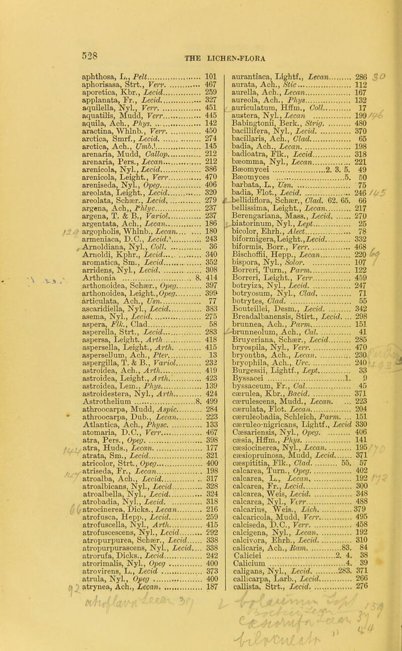 aphthosa, L., Pelt 101 aphorisasa, Strt., VeiT 467 aporetica, Kbr., Lecid 259 applanata, Fr., Lecid 327 aquilella, Nyl., Verr 451 aquatilis, Mudd, Verr 445 aquila, Ach., Phys 142 aractina, Whlnb., Verr 450 arctioa, Smrf., Lecid 274 arctica, Ach., Umb.\ 145 arenaria, Mudd, Gallop 212 arenaria, Pers., Lecan 212 arenicola, Nyl., Lecid 386 arenicola, Leight., Verr 470 areniseda, Nyl., Opeg 406 areolata, Leight., Lecid 320 areolata, Schser., Lecid 279 argena, Ach,, Phlyc 237 argena, T. & B,, Variol 237 argentata, Ach., Lecan 186 argopholis, Whlnb., Lecan 180 armeniaca, D.C., Lecid.' 243 Arnoldiana, Nyl., Coll 36 Amoldi, Kphr., Lecid 340 aromatica, Sm., Lecid 352 arridens, Nyl., Lecid 308 •\ / Arthonia 8. 414 arthonoidea, Schser., Opeg 397 arthonoidea, Leight., Opeg 399 articulata, Ach., Usn 77 ascaridiella, Nyl., Lecid 383 aaema, Nyl., Lecid 275 aspera, Flk., Clad 58 asperella, Strt., Lecid 283 aspersa, Leight., Arth 418 a-spersella, Leight., Arth 415 asperselJum, Ach., Pter 13 aspergilla, T. & B., Variol 232 astroidea, Ach., Arth 419 astroidea, Leight., Arth. '. 423 astroidea, Lein., Phys 139 astroidestera, Nyl., Arth 424 Astrothelium 8. 499 athroocarpa, Mudd, Aspic 284 * athroocarpa, Dub., Lecan 223 Atlantica, Ach., Physc 133 atomaria, D.C., Verr 467 atra, Pers., Opeg 398 atra, Huds., Lecan 177 atrata, Sm., Lecid 321 atricolor, Strt., Opeg 400 atriseda, Fr., Lecan 198 atroalba, Ach., Lecid 317 atroalbicans, Nyl., Lecid 328 atroalbella, Nyl., Lecid 324 atrobadia, Nyl., Lecid 318 atrocinerea, Dicks., Lecan 216 atrofusca, Hepp., Lecid 259 atrofuscella, Nyl., Arth 415 atrofuscescens, Nyl., Lecid 292 atropurpurea, Schser., Lecid 338 atropurpurascens, Nyl., Lecid.... 338 atrorufa, Dicks., Lecid 242 atrorimalis, Nyl., Opeg 400 atrovirens, L., Lecid 373 atrula, Nyl., Opeg 400 a2 atrynea, Ach., Lecan 187 aurantiaca, Lightf., Lecan 286 3& aurata, Ach., Stic 112 aurella, Ach., Lecan 167 aureola, Ach., Phys 132 aurioulatum, Hfftn., Coll 17 austera, Nyl., Lecan 199 Babingtonii, Berk., Strig 480 bacillifera, Nyl., Lecid 370 bacillaris, Ach., Clad 65 badia, Ach., Lecan 198 badioatra, Flk., Lecid 318 bseomma, Nyl., Lecan 221 Bseomycei 2. 3. 5. 49 Bseotnyces 5. 50 barbata, L., Usn. 75 badia, Flot., Lecid 246 /i^5 I bellidiflora, Schajr., Clad. 62. 65. 66 bellissirxia, Leight., Lecan 217 Berengariana, Mass., Lecid 270 .. biatorinum, Nyl., Lcpt 25 bicolor, Ehrh., Alect 78 biformigera,Leight., Lecid 332 biforrais, Borr., Verr 468 , Bischoffii, Hepp., Lecan 220 bispora, Nyl., Solor 107 Borreri, Turn,, Parm 122 Borreri, Leight., Verr 459 botryiza, Nyl., Lecid 247 botryosum, Nyl., Clad 71 botrytes, Clad 55 Eouteillei, Desm., Lecid 342 Breadalbanensis, Stirt., Lecid.... 298 brunnea, Ach., Parm 151 -brunneolum, Ach., Cal 41 Bruyeriana, Schaar., Lecid 285 bryospila, Nyl., Verr. 470 bryontha, Ach., Lecan 230 bryophila, Ach., Urc 240 Burgessii, Lightf., Lept 33 Byssacei 1. 9 byssaceum, Fr., Cal 45 cserulea, Kbr., Bacid 371 caerulescens, Mudd., Lecan. ... 223 cserulata, Flot. Lecan 204 caeruleobadia, Schleich, Parm. ... 151 cseruleo-nigricans, Lightf., Lecid 330 Csesariensis, Nyl., Opeg 406 csesia, Hffm., Phys 141 csesiocinerea, Nyl., Lecan 195 csesiopruinosa, Mudd, Lecid 371 csespititia, Flk., Clad 55. 57 calcarea, Turn., Opeg 402 calcarea, L,, Lecan 192 f~J'^ calcarea, Fr., Lecid 300 calcarea, Weis, Lecid 34S calcarea, Nyl., Virr 4S8 calcarius, Weis., Lich 379 calcaricola, Mudd, Verr 495 calciseda, DC, Veil' 458 calcigena, Nyl., Lecan 192 calcivora, Ehrh., Lecid 310 calicaris, Ach., Ram 83. 84 Caliciei 2. 4. 38 Calicium 4. 39 caligans, Nyl., Lecid 283. 371 callicarpa, Larb., Lecid 266 callista, Strt., Lecid 276