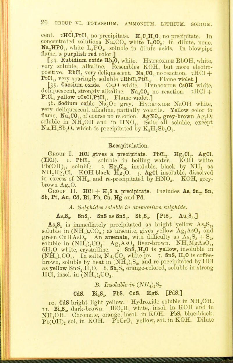 2(i GROUP vr. POTASSIUM. AMMONIUM. LITHIUM. SODIUM. cent. ^HCl.PtCl^ no precipitate. H„C.,H^O„ no precipitate. In concentrated solutions NujCO, white L.COj.- in dilute, none. Na„HPO.„ white L3PO4, soluble in dilute acids. In blowpipe flame, a purplish red color.] [34. Rubidium oxide EbjO, white. Hydroxide EbOH, white, very soluble, alkaline. Resembles KOH, but more electro- positive. RbCl, very deliquescent. Na^COj no reaction. 2HCI + PtCl„ very sparingly soluble 2RbCl,PtCl4. Flame violet.] [35. Caesium oxide. OsjO white. Hydroxide CsOH white, deliquescent, strongly alkaline. Na^COj no reaction. 2HCI + PtCl, yellow 2CsCl,PtCl,. Flame violet.] ?6. Sodium oxide Na.^: grey. Hydroxide NaOH white, very deliijuesceut, alkaline, partially volatile. Yellow color to flame. Na^COj, of course no reaction. AgNOg, grey-brown Ag,0, soluble in NH^OH and in HNO3. Salts all soluble, except NajHjSb^O; which is precipitated by KjHgSbgOj. Recapitulation. Group I. HCl gives a precipitate. PbCl^. Hg,Cl„. AgCl. (TlCl). I. PbClj soluble in boding water. KOH white Pb(OH),, soluble. 2. Hg,Cl2, insoluble, black by NH3 as NHjHgjCl. KOH black Hg.O. 5. AgCl insoluble, dissolved in excess of NH3, and re-precipitated by HNO3. KOH, grey- brown AggO. Group II. HCl + H„S a precipitate. Includes As, Sn.^, Sn, Sb, Pt, Au, Cd, Bi, Pb, Cu, Hg and Pd. A. Sulphides soluble in ammonium sulphide. AS2S3. SnSj. SnS as SnS„. SbjSj. [PtS,. Au^Sg.] AS2S3 is immediately precipitated as bright yellow AsjSj, soluble in (NHj)2C03as arsenite, gives yellow Ag3As03 and green CUHASO3. An arsenate, with difficulty as AS2S3 + S„ soluble in (NHj^COs. AgjAsO, liver-brown. NH.MgAsO^, 6H2O white, crystalline. 5. SnS2,H20 is yellow, insoluble in (NH J2CO3. In salts, Na2C03 white pr. 7. SnS, HjO is cotfee- brown, soluble by heat in (NHJ2S2, and re-precipitated by HCl as yellow ISnS2.H20. 6. SbjSj orange-colored, soluble in strong HCl, insol. in (NHJ2CO3. B. Insoluble in (NIIi)2S2- CdS. £1283. PbS. CuS. HgS. [PdS.] 10. CdS bright light yellow. Hvdroxide soluble in NH^OH. IT. BijSj, dark-brown. Bi02H, white, insol. in KOH and in NH.OH. Chromate, orange, insol. in KOH. PbS, blue-black. Pb(0H)2 sol. in KOH. PbCrO^ yellow, sol. in KOH. Dilute