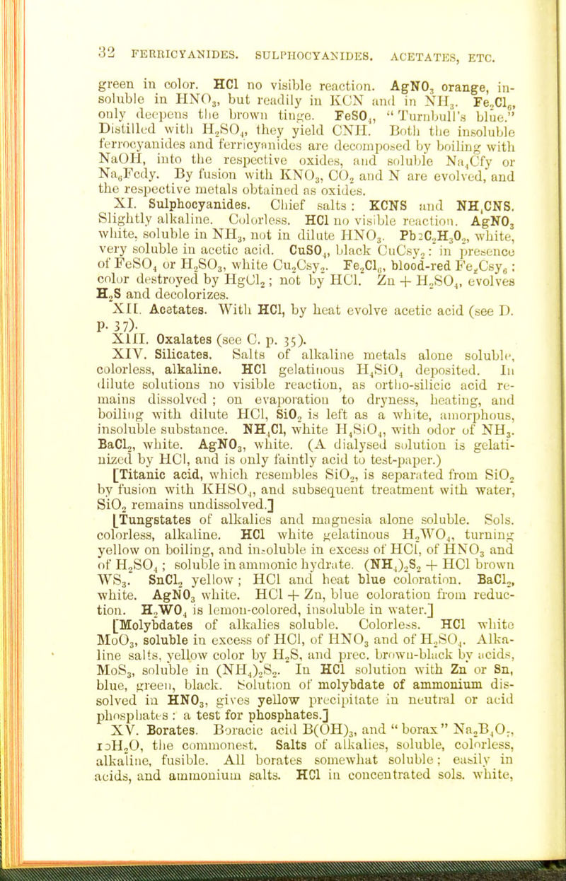 green in color. HCl no visible reaction. AgNO, orange, in- soluble in HNO3, but readily in KCN and in NH^. Fe^Clg, only deepens the brown tiw^e. FeSO„ Turnbull'.s blue. Distilled witli H^SO^, they yield CNII. Both the insoluble ferrocyauides and ferricynnides are deconii^osed by boiling with NaOH, into tlie respective oxides, and srduble Na^Cfy or Na.Fcdy. By fusion with KNO3, CO. and N are evolved, and the respective metals obtained as oxides. XI. Sulphocyanides. Chief salts : KCNS and NH.CNS. Slightly alkaline. Colorless. HCl no visible reaction. AgNO, white, soluble in NH3, not in dilute HNO3. ThiCJI-^O,, white, very soluble in acetic acid. CuSO^, black CuCsv„:' in presence of FeSOi or H^SOj, white CuoCsy.. Fe^Cl,, blood-red Fe^Csy^: color destroyed by HgUlj; not by HCl. Zu + H„SO^, evolves HjS and decolorizes. XII. Acetates. Witli HCl, by heat evolve acetic acid (see D. P- 3 7)- XIII. Oxalates (see C. p. 35). XIV. Silicates. Salts of alkaline metals alone soluble, colorless, alkaline. HCl gelatinous 11^8104 deposited. In dilute solutions no visible reaction, as ortiio-silicic acid re- mains dissolved ; on evaporation to dryness, heating, and boiling with dilute HCl, SiO. is left as a white, amorphous, insoluble substance. NHjCl, white H4Si04, with odor of NHj. BaClj, white. AgN03, white. (A dialysed solution is gelati- nized by HCl, and is only faintly acid to test-paper.) [Titanic acid, which resembles SiOj, is separated from SiO; by fusion with KHSO4, and subsequent treatment with water, Si02 remains undissolved.] |_Tungstates of alkalies and magnesia alone soluble. Sols, colorless, alkaline. HCl white gelatinous H0WO4, turning yellow on boiling, and insoluble in excess of HCl, of HNO3 and of H2SO4; soluble in amnionic hydrate. (NH4)oS2 + HCl brown WS3. SnCIj yellow ; HCl and heat blue coloration. BaCl„, •white. AgNOj white. HCl + Zn, blue coloration from reduc- tion. H,_,W04 is lemon-colored, insoluble in water.] [Molybdates of alkalies soluble. Colorless. HCl white M0O3, soluble in excess of HCl, of HNO3 and of H.^SOj. Alka- line salts, yellow color by H2S, and prec. bmwu-black by acids, M0S3, soluble in (NH4)2S2. ' In HCl solution with Zn or Sn, blue, green, black. Solution of molybdate of ammonium dis- solved in HNO3, gives yellow precipitate in neutral or acid phosphate s : a test for phosphates.] XV. Borates. Boracic acid B(0H)3, and borax Na^BjO^, loHoO, the commonest. Salts of alkalies, soluble, colorless, alkaline, fusible. All borates somewhat soluble; easily in acids, and ammonium salts. HCl in concentrated sols, white,