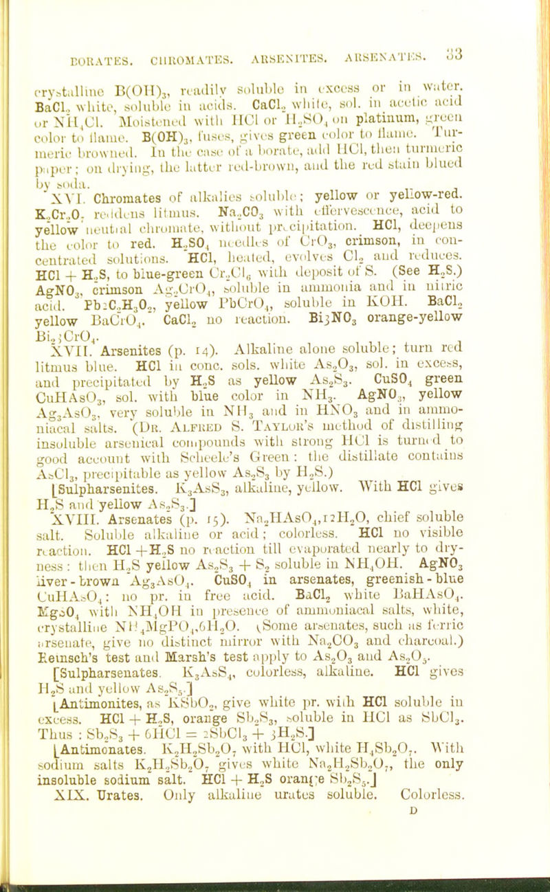 KOKATES. CllUOMATES. AUSICNITES. AltSKNATlOS. (■ry^tall^lc B(0IT)3, nadilv soluble in cxcesa or in water. BaCl., white, .solul)le in iieiils. CaCl., wliilo, sol. in aeetic acid urNli.Cl. Moistened witli liOl or 1I,S0, on platinum, ki'ccii color to llanio. BCOH)^, fuses, gives green eolor to llanie. iur- luerie browned. In the case of a borate, add llCl, then turmeric pi.per; on drying, tlie latter retl-browii, and the red stain blued bv SI'da. XAT Chromates of alkalies Hjluble; yellow or yeliow-red. K.,Cr..O- re.ldcus litmus. Na._,C03 with ciibrvericenee, acid to ye'llow iieutial chroniate. without pivcipitation. HCl, deejieua the eolor to red. H..SO., ULodhs of CrOj, crimson, in con- centrated solutions. HCl, heated, evdlves CL and reduces. HCl + H.,S, to blue-green Cr.,CI„ wilh deposit of S. (See H„S.) AgNOj, crimson Ai;.,CrO_|, soluble in ammonia and in uiiric acid. pb:C.,H30„, yellow PbCrO.,, soluble in KOH. BaCL yellow BaCrO,.' CaCl„ no reaction. BijNOj orange-yellow Bi^jCrO^. XVII. Arsenites (P- M)- Alkaline alone soluble; turn red litmus blue. HCl in cone. sols, white As.,03, sol. in cxce.-s, and precipitated by HoS as yellow Asjs^. CuSO, green CUHASO3, sol. witli blue color in NH3. AgNO,, yellow AgjAsOs, very soluble in NH3 and in HNO3 and in ammo- niacal salts. (Dr. Alfred S. Taylor's method of distilling insoluble arsenical compounds with strong HCl is turm d to good account with Scbeele's Green: the distillate contains AbCls, precipitable as yellow As.^Sj by H„S.) [Sulpbarsenites. K3ASS3, alkaline, yellow. With HCl gives H,S and yellow As.Sj.] XVIII. Arsenates (p. 15). Xn„HAsOj,i2H„0, chief soluble salt. Soluble alkaline or acid; colorless. HCl no visible reaction. HCl +H.,S no reaction till evaporated nearly to dry- ness : tlien H.,S yellow As^Sj + soluble in ]SiH,OH. AgNOj liver-brown Ag3AsO,. CUSO4 in arsenates, greenish - blue CuHA^Oj: no pr. in free acid. BaCl, white BaHAsO^. KgoO^ with XHjOH in presence of ammuniacal salts, white, crystalline Nn^MgPOi/ilUO. (Some arsenates, such as ferric arsenate, give no distinct mirror with NajCOj and charcoal.) Eemsch's test and Marsh's test apply to AsjOj and AsoO^. [Sulpharseuates. KjAsS.,, colorless, alkaline. HCl gives lUS and yellow As^S^.] LAntimonites, as 'KSbOo, give white jw. wiih HCl soluble in excess. HCl + HoS, orange SboS3, soluble in IICl as SbClj. Thus : Sb„S3 + 6HC1 = ^SbClj + jH^S.] |_Antimonaies. KJ-I^SbjO. with HCl, white H^SbjO;. With bodiuin salts K^H^Sb.^O; gives white Na2ld2Sb20„ the only insoluble sodium salt. HCl + H^S oran[:e SbjS-.J XIX. Urates. Only alkaline urates soluble. Colorless. D