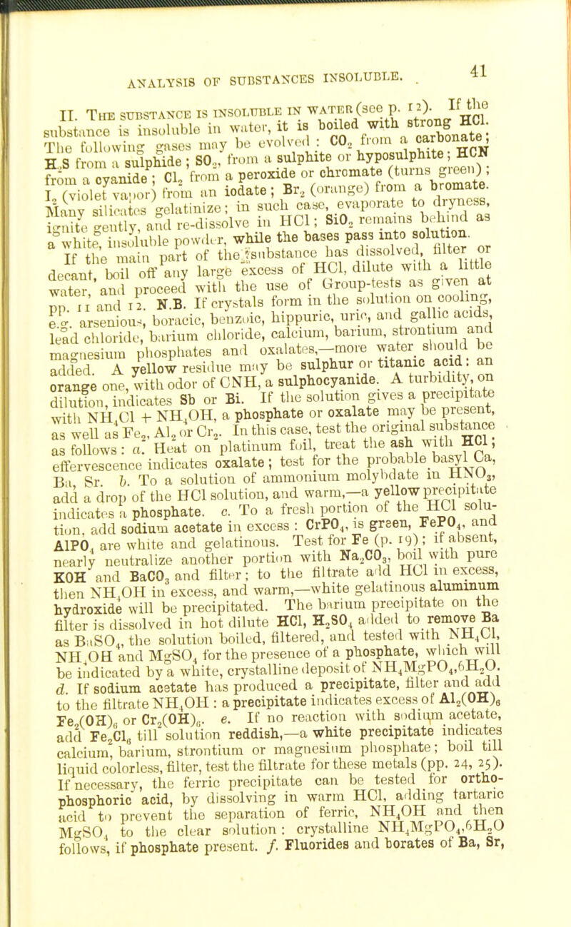 11. The substance is insoluble in water (see p. Jlfjjf substance is insoluble in water, it is ^^^^^^^ With strong H^^^^ The t\,llowiug gnsos nmy bo evolved : CO, fmui a carbonate, H S from'v sulphide ; SO... from a sulphite or hyposulphite; HCN W a ^rai^de^; ^^^^^^ from a peroxide or chrcmate (turns green) ; I (violet^v^K' ft-m an iodate; Br, (orange) from a bromate. Miny smcatc.s gelatinize; in such case, evaporate to dryness iS te y, and re-dissolve in HCl; SiO, remains b.h.nd as a°wh te insoluble powdc r, while the bases pass into solution. If the maiu part of the ^substance has dissolved falter or decant bo 1 off^a..y large excess of HCl, dilute with a little water'and proceed with the use of Group-tes s as given at 1 r i ami 12. N.B. If crystals form in the solutiou on cooling, fo. arseniou^, boracic, benzoic, hippurie, uric, and ga he acids ?^ad chloride barium'chloride, calcium, barium, f o^^/^ ma-nesium phosphates and oxalates.-more water should be Sed A yellow residue may be sulphur or titanic acid: an orange one, with odor of CNH, a sulphocyanide. A turbidit' on dilution, indicates Sb or Bi. If the solution gives a preeipitate with NH.Cl ^ NH.OH, a phosphate or oxalate may be present, as well as Fe„ Al, or Cr, In this case test original substance as follows: a. Heat on platinum fil. treat ^l^e ash with HCl, effervescence indicates oxalate; test for the probable basyl Oa, Ba Sr 6 To a solution of ammonium molybdate in HiNUa, acid a drop of the HCl solution, and warm.-a yellow iDrecipitate indicates!, phosphate, c. To a fresh portion of the HCl solu- tion, add sodium acetate in excess : CrPO,, is green, FePO,. and AlPO, are white and gelatinous. Test for Fe (p. 19): if absent, nearly neutralize another portion with Na,C03, boi with pure KOH and BaCOj and filter; to the filtrate add HCl in excess, then NH.OH in excess, and warm,—white gelatinous aluminum hydroxide will be precipitated. The biirium precipitate on the filter is dissolved in hot dilute HCl, H,SO added to remove Ba asBaSO.,the solution boiled, filtered, and tested with ^H,U, NH.OH and MgSO, for the presence of a phosphate, which wui be indicated by a white, crystalline deposit ot NH,MgP04,6M,U. d If sodium acetate has produced a precipitate, falter and add to the filtrate NH,OH : a precipitate indicates excess of Al„(OH)s Fe,(OH),. or Cr2(0H)„. e. If no reaction with si^diu^ acetate, add Fe^Clg till solution reddish,—a white precipitate indicates calcium, barium, strontium or magnesium phosphate; boil till liquid colorless, filter, test the filtrate for these metals (pp. 24, 25)- If necessary, the ferric precipitate can be tested for ortho- phosphoric acid, by dissolving in warm HCl, adding tartaric acid to prevent the separation of ferric, NH.OH and then M'^SO, to the clear solution: crystalline NH.MgPO^.oHoU follows, if phosphate present. /. Fluorides and borates of Ba, Sr,