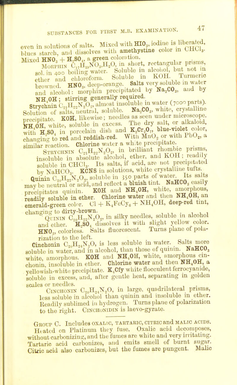 oven in solutions of salts. Mixed with HIO:„ iodine i^^^' blues stareh, an>l dissolves witi. amethystine color m CIICI3. Mivpd HNO, + H.,SO„ a green cnluratioii. mShTn C,.tI,/03,H..0, in short, rectanguL.r prisms, so?in 4o hoi\in^valer.- Solnble in alc.hol b.^ not .n ether and chloroform. Soluble in KOH. Tuime ic browne d. HNO3, deep-orange. Salts very soluble m water and iilcohol: morphin precipitated by Na.COj, aud by ■NH OH • stirring generally required. Strvchnin b„H„„N:0.„ almost insoluble in water (7000 parts). SoSt ;? saitsrneutn.l, soluble. Na,C03, wh te, crystalline precipitate. KOH, likewise; needles as seen under microscope. NH OH, white, soluble in excess. The dry salt, or alkaloid, wUll H„SO, ia porcelain dish and K.Cr O. blue-vioIet color, dian-S- to red and reddish-red. With MnO, or with PbO„ a similar reaction. Chlorine water a white precipitate. Strychnin C„,H,,N,0„ in brilhant rhonibic prisms, insoluble in absolute alcohol, ether, and KOH; readily soluble in CHCI3. Its salts, if acid, are not precipitated by NaHC03. KCNS in solutions, white crystalline tutts. Quinin C.„H,„N.,0„, solulile in 550 parts of ^aten Its salts may be neutral or acid, and reflect a bluish tint NaHC03 easily pre^cipitates quinin. KOH and NH OH, white, amorphous readi y soluble in ether. Chlorine water and then NH.OH an emerald-green color. CI + K.FeCy, + NH.OH, deep-red tint, changing to dirty-brown. , ,, • 1 -u i QciNiN C H„„N„0„ in silky needles, soluble in alcohol and ether 'njo, 'dissolves it with slight yellow color. HNO3, colorless'. Salts fluorescent. Turns plane of pola- rization to the left. , ,, . . c. IX Cinchonin C,„H,,N.O, is less soluble m water. Salts more soluble in wate'r, aid in alcohol, than those of quinm. NaHCO, white, amorphous. KOH and NH,OH, white amorphous cin- chonin insoluble in ether. Chlorine water and then NH.OH, a yellowish-white precipitate. K.Cfy white flocculent ferrocyanide, soluble in excess, and, after gentle heat, separating m golden scales or needles. , , 1 • Cinchonin C,„H,,N„0, m large, quadrilateral prisms, less soluble in alcohol than quinin and insoluble m ether. Readily sublimed in hydrogen. Turns plane of polarization to the right. Cinchunidin is laevo-gyrate. Group C. Includes oxalic, tartaric, citric and malic acids. Htated on Platinum they fuse. Oxalic aciil decomposes, without carbonizing, and the fumes are white and very initatmg. Tartaric acid carbonizes, and emits smell of burnt sugar. Citric acid also carbonizes, but the fumes are pungent. Malic