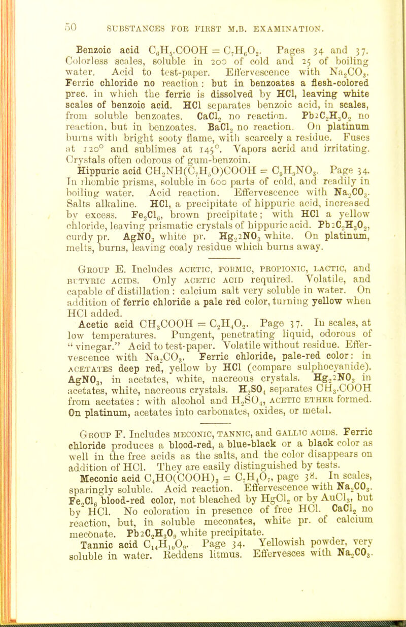 Benzoic acid CoHj.COOH = CjI-I^O^. Pages 34 and 37. Colorless scales, soluble in 200 of cold and 25 of boiling water. Acid to test-paper. Effervescence with Na^COj. Ferric chloride no reacl ion : but in benzoates a flesh-colored prec. in which the ferric is dissolved by HCl, leaving white scales of benzoic acid. HCl separates benzoic acid, in scales, from soluble benzoates. CaCU no reaction. PbiC^HjO, no reaction, but in benzoates. BaCl, no reaction. On platinum burns with bright sooty flame, with scarcely a re.-idue. Fuses at 120° and sublimes at 145°. Vapors acrid and irritating. Crystals often odorous of gum-benzoin. Hippuric acid CfLNH(C,H,0)COOH =r CoH.NOj. Page 34. In rhombic prisms, soluble in 600 paits of cold, and readily in boiling water. Acid reaction. Eiferveseence wifh Na^COj. Salts alkaline. HCl, a precipitate of hippuric acid, increased by excess. FCjClg, brown precipitate; with HCl a yellow chloride, leaving prismatic crystals of hippuric acid. Pb:CoH302, ourdy pr. AgNOj white pv. Hg.iNOj white. On platinum, melts, burns, leaving coaly residue which burns away. Group E. Includes acetic, formic, propionic, lactic, and BCTYRic acids. Only acetic acid required. Volatile, and capable of distillation : calcium salt very soluble in water. On addition of ferric chloride a pale red color, turning yellow when HCl added. Acetic acid CH3COOH = OjH.Oo- I'age 3 7- In scales, at low temperatures. Pungent, penetrating liquid, odorous of vinegar. Acid to test-paper. Volatile without residue. Effer- vescence with NaoCOj. Ferric chloride, pale-red color: in acetates deep red, yellow by HCl (compare sulphocyanide). AgNOg, in acetates, white, nacreous crystals. Hgj^NOa in acetates, white, nacreous crystals. H2SO4 separates CH3.COOH from acetates : with alcohol and HoSO^, acetic ether formed. On platinum, acetates into carbonates, oxides, or metul. Group F. Includes meconic, tannic, and gallic acids. Ferric chloride produces a hlood-red, a blue-black or a black color as well in the free acids as the salts, and the color disappears on addition of HCl. They are easily distinguished by tests. Meconic acid C,,H0CC00H)3 = GMfi.,, page 38. In scales, sparingly soluble. Acid reaction. Effervescence with Na.COj. Fe,Cle blood-red color, not bleached by HgClj or by AuClj, but by' HOI. No coloration in presence of free HCl. CaClj no reaction, but, in soluble meconates, white pr. of calcium meconate. PbaCjHgO,, white precipitate. Tannic acid Ci^H.^O,. Page 34- Yellowish powder, very soluble in water. Keddens litmus. Effervesces with Na^COj.